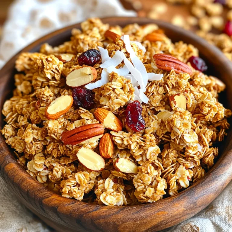 - 2 cups rolled oats - 1 cup chopped pecans - 1/2 cup sliced almonds - 1/2 cup unsweetened shredded coconut - 1/2 cup maple syrup - 1/4 cup melted coconut oil - 1/2 teaspoon vanilla extract - 1/2 teaspoon cinnamon - 1/4 teaspoon salt - 1/2 cup dried cranberries or raisins (optional) To make Crunchy Maple Pecan Granola Clusters, gather these key ingredients. Rolled oats form the base. They give a hearty texture. Chopped pecans add a nutty crunch. They are rich in healthy fats. Sliced almonds offer another layer of flavor. Their mild taste balances the mix. Unsweetened shredded coconut brings a touch of sweetness. It also enhances the chewiness. Maple syrup serves as the main sweetener. Its natural flavor shines through. Melted coconut oil binds the dry ingredients. It adds a subtle coconut taste. Vanilla extract lifts the overall flavor. It makes each bite delightful. Cinnamon adds warmth and depth. It’s a perfect match for the maple. Salt balances sweetness. Just a pinch makes all the difference. Dried cranberries or raisins are optional. They offer bursts of fruity flavor. Using these fresh ingredients will make your granola clusters shine. They provide the perfect balance of taste and texture. 1. Preheat your oven to 325°F (163°C). Line a large baking sheet with parchment paper. 2. In a large mixing bowl, mix together: - 2 cups rolled oats - 1 cup chopped pecans - 1/2 cup sliced almonds - 1/2 cup unsweetened shredded coconut - 1/2 teaspoon cinnamon - 1/4 teaspoon salt 3. In a separate bowl, combine: - 1/2 cup maple syrup - 1/4 cup melted coconut oil - 1/2 teaspoon vanilla extract Whisk until well mixed. 4. Pour the liquid mix over the dry mix. Stir until all ingredients are coated. 5. Transfer the mixture to your baking sheet. Spread it out evenly. Press down firmly to form clusters. 6. Bake for 25-30 minutes. Stir halfway through the baking time. Watch closely during the last few minutes to prevent burning. 7. Once baked, remove the granola from the oven. Let it cool fully on the baking sheet. It will harden as it cools. 8. After cooling, break the granola into clusters. If you like, mix in 1/2 cup of dried cranberries or raisins for extra sweetness. To get those crispy clusters, press the mixture down firmly on the baking sheet. This helps them stick together while baking. Don't skip stirring halfway through the baking time. It keeps the granola golden and prevents burning. For even baking, spread the mixture in a single layer. Avoid overcrowding the pan, as this can lead to uneven cooking. If you have allergies, you can swap pecans with walnuts or seeds. Almonds can be replaced with sunflower seeds. Use maple syrup or honey for sweetness. This granola shines when paired with yogurt or almond milk. You can layer it in a bowl with fresh fruit for a tasty breakfast. For snacks, enjoy it plain or mix it with dried fruit. It is also a great topping for smoothies or ice cream. You can even sprinkle it over oatmeal for added crunch. {{image_2}} You can easily change this recipe to fit your taste. Here are some fun ideas: - Different nuts and seeds: Try walnuts, hazelnuts, or sunflower seeds. Each nut gives a new taste and texture. - Sweetener alternatives: Use honey or agave syrup instead of maple syrup. This change can alter the flavor a bit. - Adding spices for flavor: Sprinkle in nutmeg, ginger, or cardamom for a spicy kick. These spices can make your granola unique. Seasonal changes can inspire new flavors. Think about these options: - Using seasonal fruits: Add dried apples in fall or fresh berries in summer. Fruit adds sweetness and nutrition. - Adapting for holidays and special occasions: For holidays, mix in pumpkin spice or peppermint extract. This can make your granola feel festive and special. To keep your crunchy maple pecan granola fresh, use an airtight container. Glass jars work well, but plastic containers are fine too. Make sure the lid seals tight. This keeps out air and moisture. You can also use resealable bags. Just press out the air before sealing. Store your granola in a cool, dark place like a pantry or cupboard. Avoid heat and sunlight, as they can make the granola taste stale. At room temperature, your granola can last about two weeks. If stored properly, it stays crunchy and tasty. Look for signs of spoilage, like a change in smell or taste. If it smells off or feels soft, it’s best to throw it away. For even longer storage, you can freeze it. Just make sure it's in a freezer-safe container. This way, you can enjoy your granola for up to three months! How can I make this granola gluten-free? To make this granola gluten-free, choose certified gluten-free rolled oats. Regular oats may contain gluten from cross-contamination during processing. Can I use honey instead of maple syrup? Yes, you can use honey instead of maple syrup. Honey will add a different flavor, but it will still be sweet and delicious. Is it possible to make granola clusters without added sugar? Yes, you can make granola clusters without added sugar. Use ripe bananas or unsweetened applesauce as a natural sweetener. Adjust the recipe to maintain moisture. How can I store granola for longer periods? Store your granola in an airtight container. Keep it in a cool, dry place to maintain freshness and crunch. Can I freeze Crunchy Maple Pecan Granola Clusters? Yes, you can freeze these granola clusters. Place them in a freezer-safe bag or container. They can last for up to three months in the freezer. This blog post shared how to make crunchy maple pecan granola clusters. We covered the main ingredients like oats, nuts, and coconut. I detailed step-by-step instructions for mixing and baking, ensuring great results. Tips on storage and customizing the recipe added extra value. You can make this granola your own with seasonal fruits or different nuts. Enjoy it with your favorite yogurt or in snacks. Try this easy recipe for a delicious treat that stays fresh and tasty!