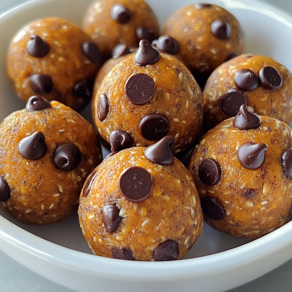 To make these tasty Pumpkin Chocolate Chip Energy Balls, you will need: - 1 cup pumpkin puree - 1 cup rolled oats - 1/2 cup almond butter (or any nut butter) - 1/4 cup honey or maple syrup - 1/2 teaspoon vanilla extract - 1 teaspoon pumpkin pie spice - 1/4 teaspoon salt - 1/2 cup mini chocolate chips - 1/4 cup chopped nuts (walnuts or pecans) optional If you want to switch things up, here are some great options: - Use sunflower seed butter instead of almond butter for a nut-free version. - Swap honey for agave syrup or maple syrup for a vegan option. - Try using quick oats if you don't have rolled oats. - For a fun twist, add dried cranberries or raisins for extra sweetness. Each energy ball is packed with nutrients. Here’s what you get per serving: - Calories: 120 - Protein: 3g - Fat: 5g - Carbohydrates: 16g - Fiber: 2g - Sugars: 5g These energy balls are a healthy snack choice. They provide a good balance of protein, carbs, and healthy fats. 1. Start with a large mixing bowl. Add 1 cup of pumpkin puree. 2. Then, add 1 cup of almond butter. You can use any nut butter you like. 3. Next, pour in 1/4 cup of honey or maple syrup. This adds sweetness. 4. Add 1/2 teaspoon of vanilla extract for flavor. Mix until smooth and blended. 5. In another bowl, whisk together 1 cup of rolled oats, 1 teaspoon of pumpkin pie spice, and 1/4 teaspoon of salt. 6. Gradually add the dry mix to the wet mix. Stir until all is well combined. 7. Now, fold in 1/2 cup of mini chocolate chips. If you like nuts, add 1/4 cup of chopped walnuts or pecans. - Make sure to chill the energy balls for at least 30 minutes. This helps them firm up. - Use a tablespoon to scoop the mixture for even-sized balls. - If the mixture is too sticky, wet your hands to make rolling easier. - You can add more spice if you want a stronger flavor. - Step 1: Bowl with pumpkin puree. - Step 2: Bowl filled with almond butter. - Step 3: Honey or maple syrup being poured in. - Step 4: Mixing all wet ingredients together. - Step 5: Bowl with dry ingredients whisked together. - Step 6: Mixing dry into wet, creating a dough. - Step 7: Folding in chocolate chips and nuts. - Final Step: Energy balls arranged on a parchment-lined sheet. This guide helps you make delicious Pumpkin Chocolate Chip Energy Balls with ease! Store your Pumpkin Chocolate Chip Energy Balls in an airtight container. They last up to one week in the fridge. For longer storage, freeze them. Just place them in a freezer-safe bag, and they can last up to three months. These energy balls are perfect for a quick snack. You can enjoy them after a workout or with your morning coffee. For added flair, serve them on a platter with fresh fruit or yogurt. You can also create a fun snack mix by adding seeds or dried fruit. Avoid overmixing the dough. If you mix too much, the texture can become tough. Make sure to use real pumpkin puree, not pumpkin pie filling. The filling has added sugars and spices that can change the taste. Lastly, don’t skip chilling the energy balls; this helps them hold their shape. {{image_2}} You can change the taste of your energy balls easily. Add spices like cinnamon or nutmeg for a warm touch. You can also mix in dried fruits such as cranberries or raisins for sweetness. Another idea is to use toasted coconut for a tropical twist. Each option will give your energy balls a fun new flavor. If you have allergies, you can still enjoy these energy balls. Use sunflower seed butter instead of almond butter to keep it nut-free. For a vegan option, replace honey with maple syrup. Always check labels when buying ingredients to ensure they meet your dietary needs. This way, everyone can enjoy these tasty snacks. You can make energy balls fit any season. For fall, add chopped apples and extra cinnamon for a cozy vibe. In winter, mix in peppermint extract for a festive twist. During summer, consider using fresh berries for a fruity flavor. These tweaks make your energy balls special for any holiday or event. Pumpkin Chocolate Chip Energy Balls last about one week. Store them in an airtight container. Keep them in the fridge for the best taste. They may dry out at room temperature after a few days. Yes, you can freeze these energy balls. Place them in a freezer-safe bag or container. They can last up to three months in the freezer. When you want one, just take it out and thaw it in the fridge. You can use peanut butter or sunflower seed butter instead of almond butter. Both options work well in this recipe. They will add a nice flavor and keep the balls moist. If you have nut allergies, sunflower seed butter is a great choice. If you love these Pumpkin Chocolate Chip Energy Balls, you might enjoy these recipes: - Peanut Butter Energy Balls: A classic with a rich nutty taste. - Coconut Almond Energy Bites: A tropical twist with coconut flakes and almonds. - Chocolate Date Energy Balls: Sweet and chewy, perfect for a quick treat. These recipes are easy to make and packed with energy! Each ingredient in these energy balls has its own health perks: - Pumpkin puree: Full of vitamins A and C, great for your skin. - Rolled oats: Rich in fiber, they help keep you full and boost digestion. - Almond butter: Packed with healthy fats and protein for energy. - Honey or maple syrup: Natural sweeteners that add flavor without refined sugar. - Pumpkin pie spice: Contains cinnamon and nutmeg, which may help with inflammation. These ingredients work together to create a nutritious snack! For a fun visual guide, check out this [video tutorial](#) on making Pumpkin Chocolate Chip Energy Balls. Watching the process can help you get the steps just right! In this post, we explored the ingredients, steps, and tips for making energy balls. You learned about alternatives for dietary needs and common mistakes to avoid. Understanding storage and serving ideas will help you enjoy them longer. I shared tasty variations to keep things fun. Use the FAQs for quick answers. Now, you are ready to make your own healthy snacks. Enjoy the process and get creative!