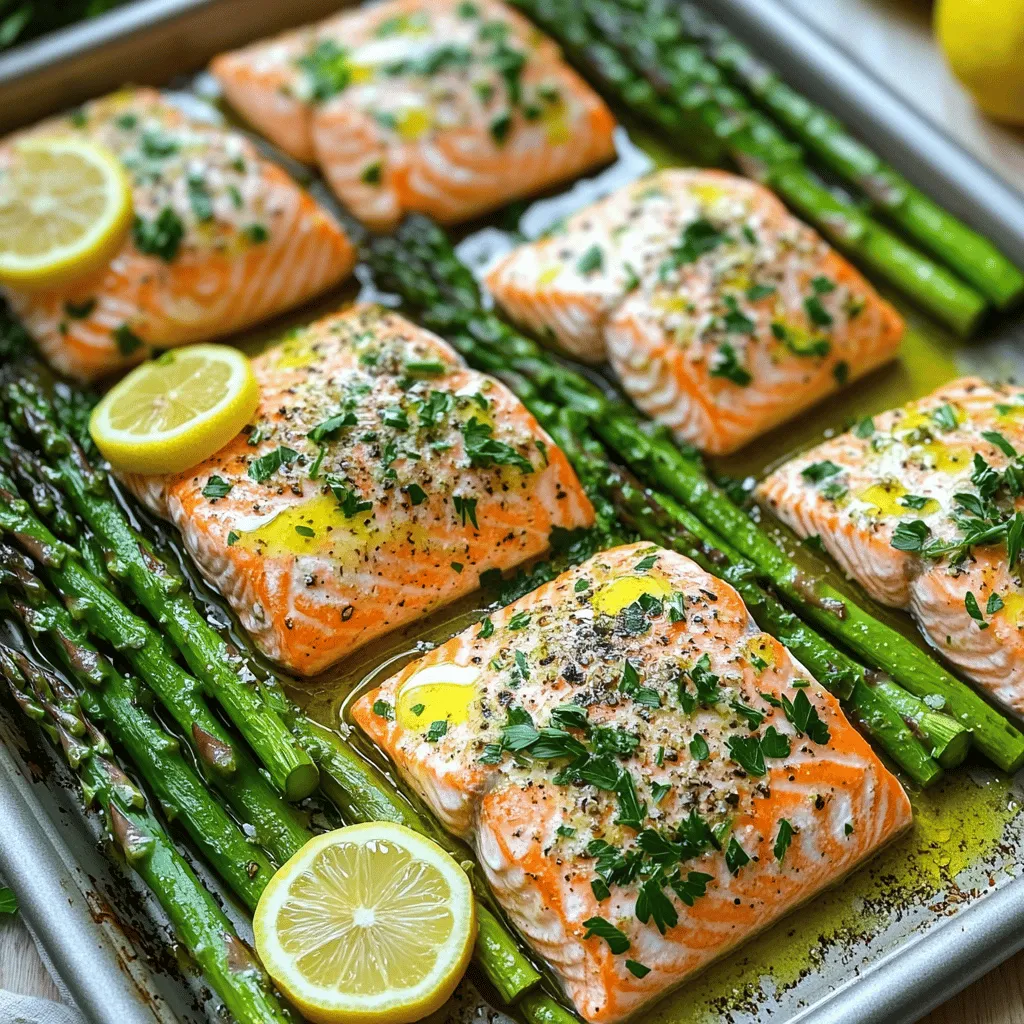 - 2 salmon fillets - 1 bunch asparagus, trimmed - 2 tablespoons olive oil The main stars of our dish are salmon and asparagus. Salmon is rich in omega-3 fatty acids, making it a healthy choice. Asparagus adds crunch and a fresh taste. Olive oil brings smoothness and helps with cooking. - 2 tablespoons fresh lemon juice - 1 teaspoon lemon zest - 2 cloves garlic, minced - 1 teaspoon dried thyme - 1 teaspoon dried rosemary Lemon juice and zest give bright flavor and keep the dish light. Minced garlic adds aroma and depth. Fresh herbs like thyme and rosemary enhance the taste. They bring a garden-fresh vibe to the meal. - Salt and pepper to taste - Lemon slices for garnish - Fresh parsley for garnish Salt and pepper balance all the flavors. Lemon slices not only look nice but add extra zest. Fresh parsley brings color and freshness to the plate. All these ingredients work together to make a delightful meal. First, preheat your oven to 400°F (200°C). This step is key to getting that perfect cook. Next, grab a small bowl. In this bowl, whisk together 2 tablespoons of olive oil, 2 tablespoons of fresh lemon juice, and 1 teaspoon of lemon zest. Add in 2 minced garlic cloves, 1 teaspoon of dried thyme, and 1 teaspoon of dried rosemary. Mix well. Season with salt and pepper to taste. This marinade adds great flavor to both the salmon and asparagus. Now it's time to set up your sheet pan. Place the salmon fillets in the center of your large sheet pan lined with parchment paper. This makes clean-up easy! Next, arrange the trimmed asparagus around the salmon fillets. Make sure they are spread out nicely. Drizzle your herb and lemon mixture over both the salmon and asparagus. Ensure everything is well coated for maximum flavor. Slide your sheet pan into the preheated oven. Bake for 15 to 20 minutes. Check that the salmon reaches an internal temperature of 145°F. The asparagus should be tender but still crisp. Halfway through cooking, gently toss the asparagus. This ensures even roasting and great taste. Once everything is done, remove the pan from the oven and let it sit for a couple of minutes before serving. This dish is bright, flavorful, and perfect for dinner! To get great salmon, check the internal temperature. You want it to reach 145°F. Use a meat thermometer for best results. This ensures the fish is safe to eat and still moist. Avoid overcooking your salmon. If it cooks too long, it will dry out and lose flavor. You can boost the flavor with more herbs. Try dill or basil for a fresh twist. You can also use fresh herbs for a stronger taste. Marinating your salmon helps too. Let it soak in the lemon mixture for at least 30 minutes. This will make every bite burst with flavor. Garnish your dish for a beautiful look. Lemon slices and fresh parsley add color. Arrange the salmon and asparagus neatly on the plate. This makes it more appealing. You can also serve with a wedge of lemon on the side. This adds a splash of brightness and style. {{image_2}} You can switch up the fish in this recipe. Try using trout, cod, or even halibut. Each fish adds a unique taste. If you want something different, go for shrimp or scallops. They cook quickly and pair well with lemon. For veggies, asparagus shines, but you can pick others. Broccoli, green beans, or zucchini work great. Use what you have on hand. Mixing in colorful vegetables makes the dish pop. Want to kick up the flavor? Add spices like paprika or cumin. You can also try a marinade with soy sauce or honey. These will make your dish stand out. If you love citrus, use lime or orange juice instead of lemon. It gives a fresh twist to the taste. You can even mix lemon with other citrus for a fun flavor blend. To make this dish gluten-free, just ensure all ingredients are safe. Most of them are naturally gluten-free. Check labels for sauces or spices to be sure. For a keto-friendly version, skip the lemon juice and use a low-carb marinade. You can also swap the olive oil for avocado oil. This keeps your meal tasty while fitting your diet. After your meal, let the salmon and asparagus cool. Place them in an airtight container. This keeps them fresh. Store the container in the fridge. You can enjoy leftovers within three days. For reheating, the oven is best. Preheat your oven to 350°F (175°C). Place your salmon and asparagus on a baking sheet. Heat for about 10 minutes, or until warm. The microwave works too but may change the texture. If you use it, heat in short bursts. This helps keep the fish moist. You can freeze leftovers if you won’t eat them soon. Wrap the salmon and asparagus tightly in plastic wrap. Then, place them in a freezer bag. Remove as much air as you can. This helps prevent freezer burn. Store in the freezer for up to three months. To thaw, move them to the fridge overnight. Never thaw salmon at room temperature. You should bake salmon at 400°F for 15 to 20 minutes. The exact time depends on the thickness of your fillets. A thicker piece may need closer to 20 minutes. I recommend checking the internal temperature. It should reach 145°F for safe eating. If you follow this, your salmon will be tender and flaky. Yes, you can use frozen salmon. Just make sure to thaw it first. You can do this overnight in the fridge or use cold water. Keep the salmon in its packaging while thawing. This helps keep it fresh. Once thawed, you can follow the same steps in the recipe. There are many tasty sides that go well with salmon. Here are a few great options: - Quinoa or rice for a hearty base - Roasted potatoes for a crispy bite - A fresh salad for crunch - Steamed broccoli for added nutrients These sides not only taste great but also complement the lemon herb flavors. To check if your salmon is done, look for a few signs. The flesh should be opaque and flake easily with a fork. You can also use a food thermometer. If the internal temperature is 145°F, it is safe to eat. Another trick is to see if the salmon looks slightly shiny. This means it's cooked but still moist. This post covered how to make tasty sheet pan salmon with asparagus. You learned about key ingredients, like salmon, asparagus, and olive oil. I shared steps for preparing, baking, and serving. You also got tips for perfect cooking and storage. Explore ingredient swaps and dietary tweaks to fit your needs. Now, you have everything to create a delicious meal. Enjoy cooking!
