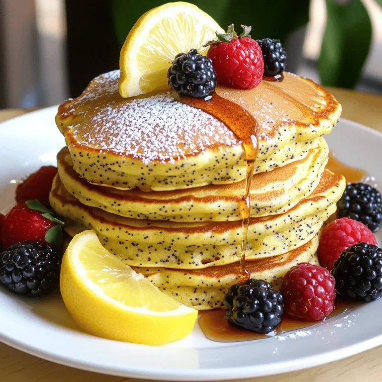 To make delicious Lemon Poppy Seed Brunch Pancakes, gather these simple items: - 1 cup all-purpose flour - 1 tablespoon poppy seeds - 2 tablespoons granulated sugar - 1 teaspoon baking powder - 1/2 teaspoon baking soda - 1/4 teaspoon salt - 1 egg - 1 cup buttermilk (or milk + 1 tablespoon vinegar) - 2 tablespoons vegetable oil - Zest of 1 lemon - 2 tablespoons fresh lemon juice - Butter or oil for cooking These ingredients blend to create a light and zesty pancake. You can easily adjust the recipe for different diets. Here are some ideas: - Gluten-free: Use a gluten-free flour blend instead of all-purpose flour. - Dairy-free: Substitute buttermilk with almond milk or coconut milk with vinegar. - Vegan: Replace the egg with 1/4 cup applesauce and use plant-based milk. These swaps let everyone enjoy these pancakes. Having the right tools makes cooking easier. For these pancakes, you'll need: - Mixing bowls for combining ingredients - Whisk for blending wet ingredients - Measuring cups and spoons for accuracy - Non-stick skillet or griddle for cooking - Spatula for flipping pancakes These tools help you create perfect pancakes every time. To make Lemon Poppy Seed Pancakes, start by gathering your ingredients. In a large bowl, mix the dry items first. Combine 1 cup of flour, 1 tablespoon of poppy seeds, 2 tablespoons of sugar, 1 teaspoon of baking powder, 1/2 teaspoon of baking soda, and 1/4 teaspoon of salt. Whisk these until they are well blended. Next, in another bowl, beat 1 egg. Add 1 cup of buttermilk, 2 tablespoons of vegetable oil, the zest of 1 lemon, and 2 tablespoons of lemon juice. Whisk these together until smooth. Now, pour the wet mix into the dry mix. Stir gently with a spatula until just combined. Remember, a few lumps are okay. This helps keep the pancakes fluffy. Preheat your skillet over medium heat. Lightly grease it with butter or oil. Once hot, pour about 1/4 cup of batter for each pancake. Cook until bubbles form on the surface, about 2-3 minutes. Flip the pancake and cook the other side until golden brown, which takes another 2 minutes. Repeat this with the rest of the batter. To get the best texture, avoid over-mixing. Stir just enough to combine the wet and dry ingredients. This keeps the pancakes soft and fluffy. Using buttermilk adds a nice tang and makes them tender. Adding the lemon zest gives a fresh burst of flavor. You can also let the batter rest for a few minutes before cooking. This helps the gluten relax and can result in lighter pancakes. Cook the pancakes on medium heat. If the skillet is too hot, the outside will burn before the inside cooks. If it is too cool, your pancakes will be tough. The right temperature is essential for a perfect pancake. Each pancake takes about 2-3 minutes on the first side and 2 minutes on the second side. Keep an eye on them. Once they are golden brown, they are ready to eat. Enjoy them warm with your favorite toppings! One common mistake is over-mixing the batter. You want to mix just until the dry and wet ingredients come together. A few lumps are okay. If you mix too much, your pancakes will be tough. Another mistake is cooking on too high heat. Medium heat is best for even cooking. This way, your pancakes will rise and cook through without burning. To flip pancakes easily, wait for bubbles to form on the surface. This shows that the pancake is ready to flip. Use a wide spatula to get under the pancake. Gently lift and turn it over. If a pancake sticks, give it a little more time to cook. A non-stick skillet helps prevent sticking. Serve your pancakes warm with a drizzle of maple syrup. For extra zing, add more lemon zest on top. Fresh berries like strawberries or blueberries add color and flavor. You can also top them with whipped cream for a rich touch. Dust with powdered sugar for a pretty finish. {{image_2}} You can make your Lemon Poppy Seed Pancakes even more fun. Try adding blueberries or raspberries for a fruity twist. Simply fold in about 1/2 cup of fresh berries into the batter. You can also add chocolate chips if you crave sweetness. About 1/2 cup will do the trick. These additions bring new flavors and textures to your pancakes. For a gluten-free version, swap all-purpose flour with a gluten-free blend. Make sure the blend has xanthan gum for better texture. You can also use whole wheat flour for a healthier option. This adds fiber and nutrients. If you want to cut sugar, use a sugar substitute or less sugar in the batter. Serving your pancakes can be just as fun as making them. Stack the pancakes high and dust them with powdered sugar. Add a dollop of whipped cream for a rich treat. Top with extra lemon zest or fresh berries. You can even drizzle honey or maple syrup over the stack. Serve with yogurt on the side for a creamy contrast. This makes your brunch not only tasty but also beautiful! To keep your leftover pancakes fresh, let them cool first. Stack them flat on a plate. Cover the stack with plastic wrap or foil. This helps them stay moist. You can also use an airtight container. This method keeps your pancakes tasty for up to three days in the fridge. To reheat pancakes, you have a few options. The best way is to use a skillet. Heat the skillet over low heat. Add a tiny bit of butter or oil. Place the pancakes in the skillet and cover them. Heat for about one to two minutes on each side. This makes them warm and soft. You can also use a microwave. Place pancakes on a plate and cover with a damp paper towel. Heat in 30-second bursts until warm. Freezing pancakes is easy and smart. First, let the pancakes cool completely. Place them in a single layer on a baking sheet. Freeze them for about an hour. This step prevents sticking. After that, stack the pancakes in a freezer bag. Remove as much air as possible before sealing. You can freeze pancakes for up to two months. When ready to eat, just reheat them straight from the freezer! Yes, you can use regular milk. To mimic buttermilk, add 1 tablespoon of vinegar to 1 cup of milk. Let it sit for about 5 minutes. This helps create a similar tangy flavor and texture. To make vegan pancakes, substitute the egg with 1/4 cup of applesauce or a flax egg. For the buttermilk, use plant-based milk with vinegar, like almond or soy milk. Replace vegetable oil with coconut oil for a delicious twist. These pancakes pair well with fresh berries, whipped cream, or maple syrup. You can also serve them with a side of yogurt or a fruit salad. The bright lemon flavor shines with each of these options, making your brunch special. In this post, we covered how to make Lemon Poppy Seed Pancakes from start to finish. You learned about the key ingredients, tools, and step-by-step cooking methods. I shared tips to avoid common mistakes and suggested variations for extra flavor. Whether you want gluten-free options or new serving ideas, there’s something for everyone. Remember, storage and reheating are just as important for leftovers. Now, you have all the tools to make delicious pancakes whenever you want! Enjoy your cooking adventure!