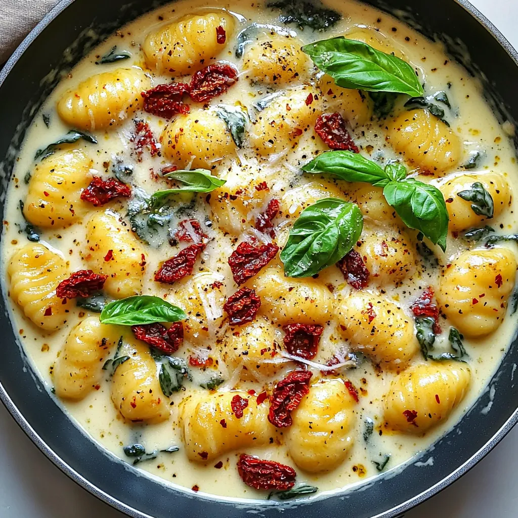 - 1 package (16 oz) potato gnocchi - 1 cup sun-dried tomatoes (packed in oil), drained and chopped - 2 tablespoons olive oil - 3 cloves garlic, minced - 1 cup baby spinach - 1 cup heavy cream - 1 teaspoon dried basil - 1 teaspoon dried oregano - Salt and pepper to taste - ½ cup grated Parmesan cheese - Fresh basil leaves for garnish - Oil from sun-dried tomatoes - Extra grated Parmesan cheese for serving Gathering the right ingredients is key for a great Sun-Dried Tomato Gnocchi Skillet. First, you need potato gnocchi. This soft dumpling forms the base of our dish. You can find it in most stores. Next, sun-dried tomatoes bring a rich, tangy taste. Make sure they are packed in oil for the best flavor. Olive oil is next. It helps sauté the garlic and adds depth. I suggest using oil from the sun-dried tomatoes for even more flavor. Garlic is a must. It gives your dish a warm, inviting aroma. Baby spinach adds color and nutrients. It wilts nicely in the creamy sauce. Heavy cream transforms the dish into a comforting delight. It makes everything rich and creamy. Dried basil and oregano add an Italian touch. They marry well with the other flavors. Don’t forget salt and pepper! They enhance all the tastes. Finally, Parmesan cheese is your finishing touch. It adds a savory kick. If you want to take it up a notch, consider extra oil and cheese. They make great toppings. With these ingredients, you're ready to create a flavorful meal that warms the heart. - Heat olive oil in the skillet. Use oil from the sun-dried tomatoes for more flavor. - Sauté garlic until fragrant. This takes about one minute. Don’t let it burn! - Stir in sun-dried tomatoes and cook. Let them mingle for 1-2 minutes. This helps their flavor shine. - Add gnocchi and brown lightly. Stir gently for about 2-3 minutes until golden. - Pour in heavy cream and add seasonings. Sprinkle in dried basil and oregano, along with salt and pepper. - Simmer and incorporate spinach. Reduce heat and stir until the spinach wilts. - Stir in Parmesan cheese. This makes the dish creamy and rich. - Adjust seasoning and serve. Taste and add more salt or pepper if needed. Enjoy your beautiful creation! - Avoid overcooking the gnocchi. When you cook gnocchi, follow the package instructions. Gnocchi should float to the top when done. Remove it quickly to keep it light and airy. - Use oil from sun-dried tomatoes for added flavor. This oil is packed with taste. Drizzle it in your skillet to boost the dish's richness. - Presentation tips for serving. Serve the gnocchi in shallow bowls. Top it with extra Parmesan cheese and fresh basil. This adds color and makes it look gourmet. - Pairing options with the dish. A crisp salad or garlic bread works great. You can also serve it with a light white wine for a perfect meal. - Avoid burning garlic. Sauté garlic for just a minute. If it turns brown, it will taste bitter. Keep an eye on it while cooking. - Ensure proper seasoning balance. Taste your dish before serving. Adjust salt and pepper as needed. This small step makes a big difference in flavor. {{image_2}} You can easily change up the dish by adding protein. Diced chicken or shrimp works great here. Just add them after the garlic and cook until done. This will give your skillet even more flavor. If you want to switch up the pasta, try using another kind. You can use fettuccine or even whole wheat pasta. These options will give you a different texture while keeping the dish tasty. To add some heat, sprinkle in chili flakes. This gives the dish a nice kick without overpowering it. You can start with a pinch and adjust to your taste. Using fresh herbs can also boost the dish's flavor. Try adding parsley or thyme. They bring a fresh taste that pairs well with the sun-dried tomatoes. For those who need gluten-free options, look for gluten-free gnocchi. Many brands offer this, and it tastes just as good. If you want a dairy-free version, swap the heavy cream with coconut cream or almond milk. These options keep the dish creamy while making it dairy-free. To keep your leftover gnocchi skillet fresh, store it in the fridge. Use an airtight container. Make sure it cools down to room temperature first. It will last about 3 to 4 days. When ready to eat, check for any off smells before reheating. For longer storage, freezing is a great option. First, let the dish cool completely. Then, place it in a freezer-safe container. You can also use freezer bags. Remove as much air as possible before sealing. It will stay good for up to 2 months. Just remember to label the container with the date. When it's time to enjoy your gnocchi again, reheating is easy. One good method is to use the stovetop. Place the skillet over low heat. Add a splash of cream or water to keep it moist. Stir it often until heated through. You can also microwave it in a bowl. Cover it with a lid or a damp paper towel. Heat it in short bursts, stirring in between. This helps avoid uneven heating. Making Sun-Dried Tomato Gnocchi Skillet takes about 25 minutes. You will spend 10 minutes prepping the ingredients. The cooking time is around 15 minutes. This dish cooks quickly, making it great for busy nights. Yes, you can easily make this dish vegetarian. You can use vegetable broth instead of chicken broth if you want. You can also add mushrooms or zucchini for extra flavor. These options keep it hearty and delicious. Sun-Dried Tomato Gnocchi Skillet pairs well with many sides. A simple green salad is a nice touch. Garlic bread also complements the dish well. For drinks, a light white wine or sparkling water works great. This blog post covers how to make a tasty Sun-Dried Tomato Gnocchi Skillet. We explored essential and optional ingredients, simple cooking steps, and helpful tips for the best results. You can customize this dish with your favorite flavors and dietary needs. Remember to avoid common mistakes, like burning garlic. Enjoy this meal fresh or save it for later with the right storage. Now, get cooking and delight in a rich, creamy dish that is sure to impress!
