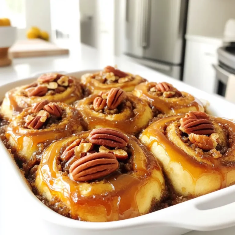 To make Brown Sugar Pecan Sticky Buns, gather these ingredients: - 2 cups all-purpose flour - 2 1/4 teaspoons active dry yeast - 1/2 cup milk, warmed - 1/4 cup unsalted butter, melted - 1/4 cup brown sugar, packed - 1/2 teaspoon salt - 1 large egg - 1 teaspoon vanilla extract - 1 cup pecans, chopped - 1/2 cup brown sugar, for filling - 1 teaspoon cinnamon - 1/4 cup butter, softened (for filling) - 1/2 cup caramel sauce You can easily change some ingredients for your needs. If you want gluten-free buns, use gluten-free flour. For dairy-free options, try almond milk and coconut oil instead of milk and butter. These swaps keep the taste great while meeting dietary needs. Choosing the best ingredients makes a big difference. Look for fresh yeast; it should smell sweet and not sour. For pecans, choose whole, unsalted nuts. They add a nice crunch and flavor. Use good-quality brown sugar as it adds moisture and depth. These choices ensure your sticky buns taste amazing. Start by activating the yeast. In a small bowl, mix 2 1/4 teaspoons of active dry yeast with 1/2 cup of warmed milk and a teaspoon of sugar. Let it sit for about 5 minutes. You want it to get frothy. This shows the yeast is alive and ready to work. Next, grab a large mixing bowl. Combine 2 cups of all-purpose flour, 1/2 teaspoon of salt, and 1/4 cup of packed brown sugar. Make a well in the center. Pour in the activated yeast, 1/4 cup of melted unsalted butter, 1 large egg, and 1 teaspoon of vanilla extract. Mix these ingredients well until a dough forms. Now, knead the dough on a floured surface for about 5 to 7 minutes. You want it to be smooth and soft. Then, put the dough in a greased bowl. Cover it with a damp cloth and let it rise in a warm place. Wait for about an hour or until it doubles in size. While the dough rises, prepare the filling. In a separate bowl, mix 1/2 cup of brown sugar, 1 cup of chopped pecans, and 1 teaspoon of cinnamon. This mix will give your sticky buns a sweet, nutty flavor. Once the dough has risen, punch it down to release the air. Roll it out into a rectangle, about 10x15 inches. Spread 1/4 cup of softened butter over the dough. Next, evenly sprinkle the sugar-pecan mixture across the surface. Now, starting from one long side, tightly roll the dough into a log. Pinch the seams to seal it. Cut the log into 12 equal pieces. Place the rolls cut-side up in a greased baking dish. Drizzle caramel sauce over the rolls and sprinkle any leftover pecans on top. Cover the dish with plastic wrap and let the rolls rise for another 30 minutes. While the rolls rise, preheat your oven to 350°F (175°C). After the second rise, bake the rolls for 25 to 30 minutes. Watch them closely. You want them to turn a lovely golden brown. After baking, remove them from the oven and let them cool for a few minutes. Then, flip the rolls onto a serving platter. For a great look, serve them warm, drizzled with extra caramel sauce and whole pecans on top. Enjoy the sweet, gooey goodness! When making sticky buns, some common mistakes can lead to less-than-perfect results. Here are a few to watch out for: - Using old yeast: Make sure your yeast is fresh. Old yeast won't rise. - Over-kneading the dough: Knead just enough until smooth. Too much makes it tough. - Not letting the dough rise: Give it time to double in size. Skipping this step leads to dense buns. - Uneven filling distribution: Spread the filling evenly. This ensures each bite is tasty. Perfect dough is key for fluffy sticky buns. Follow these tips for best results: - Warm milk: Use warmed milk to activate the yeast. It should feel cozy, not hot. - Knead properly: Knead on a floured surface for 5-7 minutes. The dough should feel smooth and elastic. - Watch the rise: Keep the dough in a warm, draft-free spot. A cozy corner works well. - Check for readiness: The dough should double in size. Press a finger in; if it springs back, it’s ready. Serving your sticky buns well adds to the experience. Here are some ideas: - Warm buns: Serve them warm for the best taste. The caramel sauce melts beautifully. - Extra drizzle: Drizzle more caramel sauce on top for a sweet touch. - Pecan garnish: Sprinkle whole pecans for added crunch and visual appeal. - Fruit pairing: Serve with fresh fruit for balance. Berries or sliced apples work great. - Whipped cream: A dollop of whipped cream makes for an indulgent treat. {{image_2}} You can get creative with the fillings for your sticky buns. Instead of just pecans, try adding chocolate chips for a sweet twist. They melt beautifully and add a rich taste. You can also use fruits like apples or blueberries. Just make sure to chop them small so they fit well in the dough. This way, you can enjoy different flavors each time you make them. The glaze can take your sticky buns to the next level. A cream cheese glaze adds a tangy flavor that contrasts nicely with the sweetness. To make it, mix cream cheese, powdered sugar, and a splash of milk. For topping, you can use different nuts like walnuts or almonds. These will give your buns extra crunch and flavor. Experiment and find your favorite combination. Making mini sticky buns is a fun option. Just cut the rolled dough into smaller pieces. These bite-sized treats are perfect for sharing. You can also shape the dough into knots or spirals for a unique look. Each shape can change how the filling bakes and how it looks on your table. Have fun with these shapes and impress your guests with your creativity. To keep your sticky buns fresh, place them in an airtight container. You can also wrap them tightly in plastic wrap. Store them at room temperature if you plan to eat them within a few days. For longer storage, refrigerate them for up to a week. When reheating, preheat your oven to 350°F (175°C). Place the sticky buns on a baking sheet. Cover them loosely with aluminum foil to prevent drying out. Heat for about 10-15 minutes, or until warmed through. You can also microwave a single bun for about 20-30 seconds, but the oven method keeps them nice and soft. If you want to freeze your sticky buns, wrap them tightly in plastic wrap, then place them in a freezer-safe bag. They can last for up to three months in the freezer. To thaw, move them to the fridge overnight. Then, reheat in the oven to restore their gooey texture. Brown Sugar Pecan Sticky Buns last about 2 to 3 days when stored at room temperature. Make sure to keep them in an airtight container. This helps keep them soft and tasty. If you want to keep them longer, you can freeze them. They will stay fresh in the freezer for up to 3 months. Yes, you can prepare these buns ahead of time. You can make the dough and fill it the day before. After you shape the rolls, cover them and put them in the fridge overnight. The next morning, let them rise for about 30 minutes before baking. This saves time and still gives you warm, fresh sticky buns. The best way to reheat leftover sticky buns is in the oven. Preheat your oven to 350°F (175°C). Place the buns on a baking sheet and cover them with foil. Heat for about 10-15 minutes. This keeps them soft and warm. You can also use a microwave, but be careful not to dry them out. Heat in short bursts of 10-15 seconds at a time. Enjoy your sticky buns warm! You now have everything to make delicious Brown Sugar Pecan Sticky Buns. We covered ingredients, step-by-step instructions, and tips to avoid common mistakes. I shared variations to suit your taste and how to store leftovers for later. Remember, using quality ingredients makes a big difference. Enjoy creating these scrumptious buns with your own spin! Happy baking!
