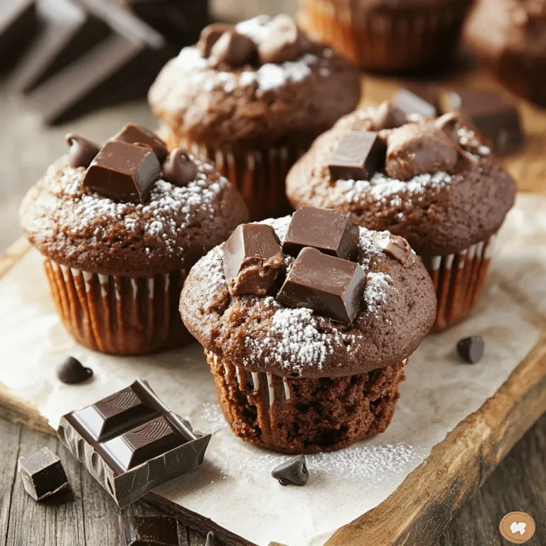 Here’s what you need to make these bakery-style double chocolate muffins: - 1 cup all-purpose flour - 1/2 cup unsweetened cocoa powder - 1 cup granulated sugar - 1/2 teaspoon baking soda - 1/2 teaspoon baking powder - 1/4 teaspoon salt - 1/2 cup unsalted butter, melted - 2 large eggs - 1 teaspoon vanilla extract - 1/2 cup whole milk - 1 cup semi-sweet chocolate chips - 1/2 cup chopped dark chocolate or additional chocolate chips These ingredients work together to create rich, moist muffins. The all-purpose flour gives structure, while cocoa powder adds deep chocolate flavor. Granulated sugar balances the bitterness from cocoa. Baking soda and baking powder help the muffins rise. Salt boosts the sweetness and enhances flavors. Melted butter adds richness, while eggs bind everything together. Vanilla extract gives a warm, sweet note. Whole milk keeps the muffins moist. Semi-sweet chocolate chips provide delightful bursts of chocolate in each bite. Chopped dark chocolate or extra chips ensure every muffin is a chocolate lover's dream. Having these ingredients ready makes baking fun and simple. You can find most in your kitchen already. If you want to make these muffins even more special, consider using high-quality chocolate. Enjoy the baking process! Preheating the Oven First, you need to preheat your oven to 375°F (190°C). This step is important. A hot oven helps the muffins rise well and bake evenly. Preparing the Muffin Tin Next, prepare your muffin tin. You can line it with paper liners or grease it with non-stick spray. This will help the muffins come out easily after baking. Combining Dry Ingredients In a large bowl, combine these dry ingredients: - 1 cup all-purpose flour - 1/2 cup unsweetened cocoa powder - 1 cup granulated sugar - 1/2 teaspoon baking soda - 1/2 teaspoon baking powder - 1/4 teaspoon salt Whisk these together until they are well mixed. This helps distribute the baking soda and powder evenly. Whisking Wet Ingredients In another bowl, whisk the wet ingredients together: - 1/2 cup unsalted butter, melted - 2 large eggs - 1 teaspoon vanilla extract - 1/2 cup whole milk Make sure everything is smooth and fully combined. This mixture adds moisture and richness to your muffins. Combining Wet and Dry Mixtures Now, pour the wet mixture into the dry ingredients. Mix gently, but don’t overmix. It's okay if the batter is a bit lumpy. This helps keep the muffins tender. Filling the Muffin Tin Next, fold in 1 cup of semi-sweet chocolate chips and 1/2 cup of chopped dark chocolate. Then, divide the batter evenly into the muffin tin. Fill each cup about 2/3 full. Baking Time and Temperature Finally, bake your muffins in the preheated oven for 18-20 minutes. To check if they are done, insert a toothpick into the center. It should come out clean or with a few moist crumbs. After baking, let them cool in the tin for about 5 minutes. Then, transfer them to a wire rack to cool completely. Overmixing makes muffins tough. When you mix, stop as soon as the batter comes together. It's okay if it looks a bit lumpy. The lumps will bake out and make your muffins soft and fluffy. Accurate measuring is key. Use a scale for dry ingredients if you have one. For flour, spoon it in and level it off with a knife. Too much flour makes dense muffins, so be careful. Use high-quality chocolate for the best taste. Look for chocolate with at least 60% cocoa. This adds a rich flavor to your muffins. You can even try different types of chocolate for new tastes. Adding nuts can bring a nice crunch. Chopped walnuts or pecans work well. Just fold them in with the chocolate chips. This adds texture and fun to every bite. {{image_2}} Substituting Flour Options You can make these muffins gluten-free by swapping regular flour for gluten-free flour. Look for a blend that contains starches and whole grains. This mix gives a similar texture to standard flour. Adjusting Liquids Gluten-free flour can soak up more liquid. So, add a bit more milk or butter. Start with an extra tablespoon and adjust as needed. This helps keep the muffins moist and fluffy. Vegan Version To make a vegan version, replace eggs with flaxseed meal. Use one tablespoon of flaxseed mixed with three tablespoons of water for each egg. For the butter, you can use coconut oil or applesauce. Low-Sugar Alternatives For a low-sugar option, try using a sugar substitute like erythritol or stevia. You can also reduce the sugar in the recipe by one-third. This keeps the muffins sweet without all the calories. Adding Fruit You can spice up the muffins by adding fruit. Chopped bananas or berries work well. Just fold them into the batter before baking. They add a nice burst of flavor. Different Types of Chocolate Mix different chocolates into your muffins. Try using dark chocolate, white chocolate, or even mint chocolate chips. Each type gives a unique taste and makes the muffins fun and exciting. To keep your double chocolate muffins fresh, store them properly. You have two main choices: room temperature or refrigeration. - Room Temperature: If you plan to eat the muffins within a few days, keep them at room temperature. Place them in an airtight container. This keeps them soft and tasty. - Refrigeration: For longer storage, you can refrigerate them. Wrap each muffin in plastic wrap. Then, place them in a container. This helps them last up to a week. However, refrigeration may make them a bit dry. - Freezing Options: If you want to save muffins for later, freezing is a great option. Wrap each muffin in plastic wrap and then in aluminum foil. Store them in a freezer bag. They can last up to three months. When ready to eat, thaw them in the fridge overnight. When you're ready to enjoy your muffins again, reheating is easy. - Microwave: To reheat in the microwave, place one muffin on a microwave-safe plate. Heat for about 10 to 15 seconds. Check to see if it's warm enough. You can add a little butter on top for extra flavor. - Oven: For a crispier muffin, use the oven. Preheat your oven to 350°F (175°C). Place the muffins on a baking sheet. Heat for about 5 to 10 minutes. This method keeps the muffins moist and restores their fresh-baked taste. How long do the muffins last? These muffins stay fresh for about three days at room temperature. If you want them to last longer, store them in an airtight container. You can keep them in the fridge for up to a week. Can I use different types of chocolate? Yes, you can mix and match your chocolate! Use milk chocolate, dark chocolate, or even white chocolate. Each type adds its own unique flavor. Experiment and find your favorite blend. What is the best way to serve double chocolate muffins? Serve the muffins warm for the best taste. Dust them with powdered sugar for a nice touch. Pair them with a scoop of ice cream or a cup of coffee for a delightful treat. How do I know when the muffins are done baking? Check the muffins after 18 minutes by inserting a toothpick into the center. If it comes out clean or with a few moist crumbs, they are done. If the toothpick has wet batter, bake for a few more minutes. Can I substitute cocoa powder with another ingredient? Yes, you can use carob powder or even a special chocolate mix. Keep in mind that these will change the flavor a bit. Adjust your sugar if using a sweet mix. This blog covered everything you need for delicious double chocolate muffins. We discussed the essential ingredients, step-by-step instructions, and tips for perfect muffins. Plus, we looked at various adaptations for different diets and storage tips. In the end, baking is fun and rewarding. With these recipes and tricks, you can enjoy tasty treats anytime. Happy baking!