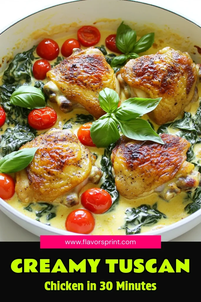 Indulge in the rich flavors of this Creamy Tuscan Chicken Skillet recipe! Made with juicy chicken thighs, fresh spinach, and a luscious Parmesan cream sauce, this dish is perfect for a cozy dinner. In just 30 minutes, you can whip up a meal that's both comforting and impressive. Click through for the full recipe and unlock your culinary creativity tonight! #CreamyTuscanChicken #ChickenRecipes #EasyDinner #ComfortFood