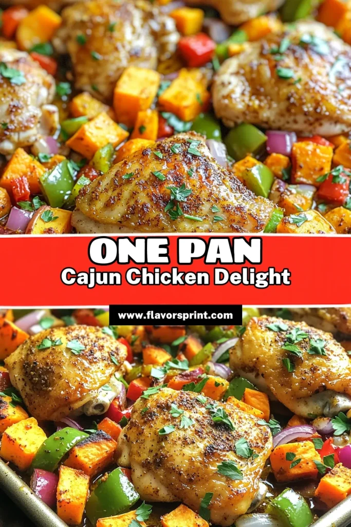 Savor a delicious and easy meal with this Sheet Pan Cajun Chicken & Sweet Potatoes recipe! Perfectly seasoned chicken thighs roast alongside vibrant sweet potatoes and colorful bell peppers for a wholesome dinner in just 40 minutes. This all-in-one dish is not only flavorful but also quick to prepare, making it a go-to for busy nights. Click to explore the full recipe and elevate your weeknight meals! #SheetPanDinner #CajunChicken #EasyRecipes #HealthyEating