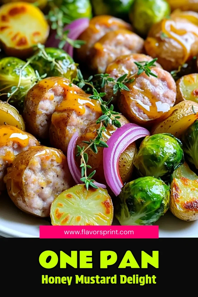 Make dinner easy and delicious with this Honey Mustard Sausage Sheet Pan Supper! This one-pan meal features juicy sausages, crispy Brussels sprouts, and tender baby potatoes all coated in a sweet and tangy honey mustard glaze. Perfect for weeknight dinners, this recipe is quick to prepare and clean up. Click to explore the full recipe and elevate your meal tonight! #SheetPanRecipes #EasyDinner #HoneyMustard #ComfortFood