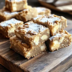 - 1 cup unsalted butter - 1 cup packed light brown sugar - 1/2 cup granulated sugar - 2 large eggs - 2 teaspoons vanilla extract - 2 cups all-purpose flour - 1 teaspoon baking powder - 1/2 teaspoon baking soda - 1/2 teaspoon sea salt (plus more for topping) - 1 cup chopped pecans - 1/2 cup white chocolate chips (optional) This blend of ingredients creates a sweet and nutty flavor. The butter is key. It brings a rich taste that makes the blondies shine. Brown sugar adds moisture and a deep caramel note. Granulated sugar balances the sweetness. The eggs help bind everything together. They make the blondies soft and chewy. Vanilla extract adds warmth and depth. Flour gives structure. Baking powder and baking soda help the blondies rise. Sea salt enhances all the flavors. It brings out the sweetness. Pecans add a lovely crunch and earthy taste. You can skip the chocolate chips if you want a more classic blondie. However, they add a sweet touch. Choose your favorite nuts if you want to switch things up! With this list, you can create a delicious batch of Brown Butter Pecan Sea Salt Blondies. The combination makes them a treat you won't forget. To brown the butter, melt it in a medium saucepan over medium heat. Stir it often. This helps the butter cook evenly. Keep cooking until it turns golden brown and smells nutty. This usually takes about 5-7 minutes. Look for a rich amber color. When you see it, remove the butter from the heat. Let it cool for a few minutes before using. In a mixing bowl, combine the light brown sugar and granulated sugar. Add the warm browned butter to the bowl. This warmth helps the sugars dissolve. Use a whisk to mix until it is smooth and creamy. Whisking also adds air, making the blondies light. Next, add the eggs to the sugar mixture. Whisk in each egg one at a time. Make sure each egg is fully mixed in before adding the next. Then, stir in the vanilla extract. This adds a sweet flavor to the batter. Mix until everything is well combined. In another bowl, sift together the flour, baking powder, baking soda, and sea salt. Sifting keeps the dry ingredients light and fluffy. Gradually add this dry mix to the wet ingredients. Stir gently until just combined. Be careful not to overmix, as this can make your blondies tough. Preheat your oven to 350°F (175°C). Line a 9x13 inch baking dish with parchment paper. Let the parchment hang over the sides for easy lifting later. Spread the blondie mixture evenly in the dish. This helps them bake evenly. Now it's time to bake! Place the dish in the preheated oven. Bake for 20-25 minutes. Check for doneness by inserting a toothpick into the center. It should come out with a few moist crumbs, not wet batter. This means your blondies are ready to enjoy! - Preventing burnt butter: Watch your butter closely as it cooks. Stir it often and remove it from heat once it turns a nice golden brown. If it smells burnt, start over. - Flavor enhancement tips: Browned butter adds a rich, nutty flavor. You can also add a pinch of cinnamon or nutmeg for extra warmth. - Understanding consistency: Your batter should be thick yet spreadable. It should not be runny. - Avoiding dry or dense blondies: Mix the batter just until combined. Overmixing can lead to tough blondies. - Garnishing with toppings: Dust your blondies with powdered sugar for a sweet finish. Extra pecans on top add a nice crunch. - Pairing ideas: Serve warm blondies with a scoop of vanilla ice cream. The creaminess pairs well with the warm, sweet bars. {{image_2}} To make nut-free blondies, you can skip the pecans. Instead, use sunflower seeds or pumpkin seeds for crunch. This keeps the texture while making the treat safe for those with nut allergies. You may also want to add a little more chocolate chips for sweetness. Adding spices can elevate your blondies. A teaspoon of cinnamon brings warmth and depth. You can also try cardamom for a unique twist. If you love chocolate, consider using dark chocolate chips or even swirls of peanut butter. These changes can make the blondies feel new and exciting. For gluten-free blondies, swap all-purpose flour with a gluten-free blend. Make sure the blend contains xanthan gum for the right texture. If you're looking for vegan options, replace eggs with flax eggs. Mix one tablespoon of ground flaxseed with three tablespoons of water for each egg. These modifications help everyone enjoy this tasty treat. To keep your Brown Butter Pecan Sea Salt Blondies fresh, store them properly. You can keep them at room temperature. Place them in an airtight container. This keeps them moist and tasty. If you want to save them longer, refrigeration is another option. Wrap each blondie in plastic wrap before placing them in a container. This adds an extra layer of protection against drying out. If you plan to freeze leftovers, cut the blondies into squares. Wrap each square in plastic wrap tightly. Then, place them in a freezer-safe bag or container. This way, you prevent freezer burn. To thaw, take out the desired number of blondies. Leave them on the counter for about an hour. You can also warm them up in the oven for a few minutes for that fresh-baked taste. How long do blondies last? At room temperature, they last about a week. If stored in the fridge, they can stay good for up to two weeks. When they start to dry out or harden, it is time to toss them. Signs of spoilage include an off smell or visible mold. Always check before enjoying your sweet treat! Blondies and brownies differ mainly in flavor and texture. Blondies have a rich, buttery taste, thanks to brown sugar. They are chewy and soft, not as fudgy as brownies. Brownies often use cocoa, which gives them a chocolate flavor. The color also sets them apart; blondies are light, while brownies are dark. Yes, you can use salted butter. However, this changes the salt level in your blondies. If you use salted butter, reduce the added sea salt in the recipe. This helps keep the flavor balanced and prevents the blondies from being too salty. You can replace pecans with walnuts, almonds, or hazelnuts. Each nut brings its own flavor profile. Walnuts provide a rich taste, while almonds add a nice crunch. Hazelnuts offer a sweet, nutty flavor that can elevate your blondies. Look for a golden top and slightly firm edges. The center should be soft but not wet. Insert a toothpick; if it comes out with a few moist crumbs, they are done. Avoid overbaking, as this can make them dry. You can serve blondies warm with vanilla ice cream. A drizzle of caramel or chocolate sauce adds sweetness. Dust some powdered sugar on top for a nice touch. Fresh berries or whipped cream also pair well for a delightful dessert experience. We explored a delicious recipe for Brown Butter Pecan Sea Salt Blondies. You learned about ingredients like butter, brown sugar, and eggs. I shared step-by-step instructions, tips for perfecting texture, and storage advice. Remember, you can adapt the recipe for different diets or flavors. Enjoy making these easy treats. They’re sure to impress your friends and family!