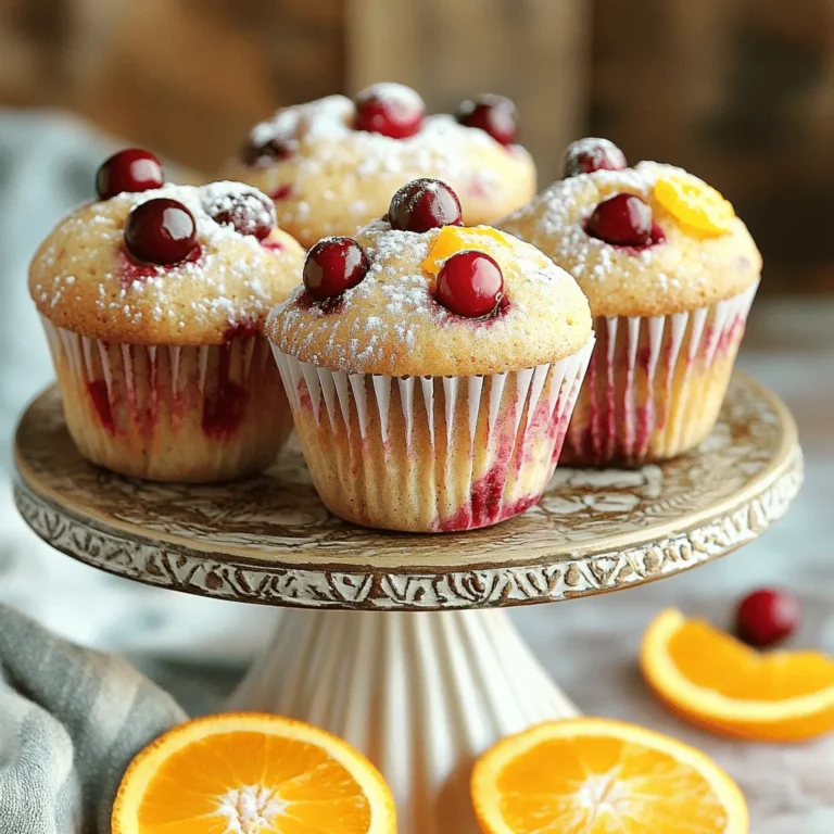 To make these tasty muffins, you need some key ingredients. Here’s a list: - 2 cups all-purpose flour - 1 cup fresh cranberries, halved - 1 medium orange, zested and juiced - 3/4 cup granulated sugar - 1/2 cup unsalted butter, melted and cooled - 1 cup buttermilk (or 1 cup milk mixed with 1 tablespoon lemon juice) - 2 large eggs - 1 tablespoon baking powder - 1/2 teaspoon baking soda - 1/4 teaspoon salt - 1 teaspoon vanilla extract - Optional: 1/2 cup chopped walnuts or pecans These ingredients work together to create a bright, tangy, and moist muffin. The cranberries add a burst of tartness, while the orange zest gives a sweet aroma. You can easily make these muffins suitable for different diets. For a gluten-free version, use a gluten-free flour blend. Make sure it has xanthan gum for structure. For dairy-free options, replace buttermilk with almond milk or oat milk mixed with lemon juice. You can also use coconut oil instead of butter, which adds a nice flavor. If you want to jazz up your muffins, consider adding some tasty mix-ins. Here are a few ideas: - 1/2 cup chopped walnuts or pecans - 1/2 cup chocolate chips - 1 teaspoon ground cinnamon These add-ins can create new flavors and textures. They can also make your muffins extra special and unique. Enjoy experimenting with what you love! First, preheat your oven to 400°F (200°C). This step gets the oven ready for baking. Next, line a muffin tin with paper liners or spray it with cooking oil. In a large bowl, whisk together the dry ingredients. Combine 2 cups of all-purpose flour, 1 tablespoon of baking powder, 1/2 teaspoon of baking soda, and 1/4 teaspoon of salt. In another bowl, mix the wet ingredients. Whisk together 1/2 cup of melted butter, 3/4 cup of sugar, 2 large eggs, 1 cup of buttermilk, the juice from 1 medium orange, the zest from that orange, and 1 teaspoon of vanilla extract. Blend these until smooth. Now, pour the wet mix into the dry mix. Use a spatula to gently fold the two together. Don't worry about lumps; a few are okay. Add in 1 cup of halved fresh cranberries. If you like nuts, you can also fold in 1/2 cup of chopped walnuts or pecans. With your batter ready, fill each muffin cup about two-thirds full. This space allows the muffins to rise without overflowing. Bake the muffins in the preheated oven for 18 to 20 minutes. You can check their doneness by inserting a toothpick into the center. If it comes out clean, they are done. The tops should be a lovely golden brown. After baking, let the muffins cool in the pan for about 5 minutes. This step helps them firm up. Then, transfer them to a wire rack to cool completely. For serving, place the muffins on a nice cake stand. A sprinkle of powdered sugar on top can add a lovely touch. You can also add an orange slice on the side for a pop of color. Enjoy your warm, fragrant muffins! To get that fluffy muffin texture, use room temperature ingredients. Cold butter or eggs can lead to dense muffins. Combine wet and dry ingredients gently. Overmixing can make them tough. Leave some lumps in your batter; it's okay! This keeps the muffins light and airy. One big mistake is not measuring your flour correctly. Too much flour can lead to dry muffins. Always spoon flour into your measuring cup and level it off. Another mistake is skipping the muffin liners. They help with easy removal and keep your muffins moist. Lastly, don’t open the oven door too early. This can cause muffins to sink in the middle. For extra moist muffins, use buttermilk or add a splash of yogurt. These ingredients add richness. You can also fold in applesauce or mashed bananas for added moisture. If you want a nutty twist, add chopped walnuts or pecans. This not only enhances flavor but also adds texture. A sprinkle of sugar on top before baking creates a nice crunch. {{image_2}} You can easily add chocolate chips or raisins to your muffins. Just mix in half a cup of your choice when you add the cranberries. The sweet chocolate pairs well with tart cranberries. Raisins also add a nice chewiness to the muffins. Both options will give a new twist to the classic flavor. Want to switch up the flavor? Use lemon or lime instead of orange. Zest and juice one medium lemon or lime. Add it to the wet mix, just as you would with the orange. This will give a bright, zesty flavor that complements the cranberries nicely. You can even mix citrus fruits for a unique taste. You can easily alter the sweetness of your muffins. If you like them less sweet, cut the sugar by a quarter cup. For a sweeter treat, add a bit more sugar. You could also use honey or maple syrup as a substitute. Just remember to adjust the liquid in your recipe if you do. Tailoring the sweetness makes these muffins perfect for everyone’s taste! To keep your bakery style cranberry orange muffins fresh, store them in an airtight container. Place a paper towel at the bottom of the container. This will help absorb moisture. You can add another paper towel on top to keep the muffins dry. Store them at room temperature for up to three days. For longer storage, consider the freezer. Freezing muffins is easy and keeps them tasty. First, let your muffins cool completely. Wrap each muffin tightly in plastic wrap. Then, place the wrapped muffins in a freezer-safe bag. Squeeze out as much air as you can. They can stay frozen for up to three months. When you want to enjoy one, just take it out and let it thaw at room temperature. To reheat your muffins, you have a few options. The oven is a great choice. Preheat it to 350°F (175°C). Place the muffins on a baking sheet and heat for about 10 minutes. This will bring back their soft texture. If you're in a hurry, you can use the microwave. Heat each muffin for about 15-20 seconds. This will warm them up quickly but may make them a bit less crisp. Enjoy your muffins fresh and warm! Yes, you can use frozen cranberries in these muffins. Just add them straight from the freezer. Do not thaw them first. This helps keep the muffins moist and juicy. Frozen cranberries may make the batter a bit cooler, so the baking time may be slightly longer. Keep an eye on them! To check if your muffins are fully baked, insert a toothpick into the center of one muffin. If it comes out clean or with a few crumbs, they are done. The tops should be golden brown. If the toothpick has wet batter on it, bake for a few more minutes. You can prepare the batter ahead of time, but it is best to bake it fresh. If you must make it early, store the batter in the fridge. Use it within 24 hours for the best results. When you're ready to bake, stir the batter gently to combine before filling the muffin tin. In this article, we explored how to make bakery-style cranberry orange muffins. You learned about key ingredients, substitutions for dietary needs, and exciting add-ins for flavor. I shared step-by-step instructions to ensure perfect muffins, along with tips for great texture and storage methods to keep them fresh. Remember, baking is about fun and creativity. Don’t be afraid to experiment with flavors and variations. Enjoy your muffins fresh or share them with others. Happy baking!