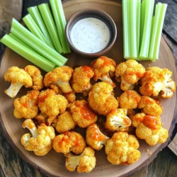 - 1 medium head of cauliflower, cut into florets - 1 cup all-purpose flour (or gluten-free flour) - 1 cup breadcrumbs (panko for extra crunch) - 1 teaspoon garlic powder - 1 teaspoon onion powder - 1 teaspoon smoked paprika - 1 teaspoon cayenne pepper (adjust for spice preference) - 1 cup buttermilk (or plant-based milk + 1 tablespoon lemon juice) - 2 tablespoons olive oil - 1/2 cup buffalo sauce (store-bought or homemade) When I make Air Fryer Crispy Buffalo Cauliflower Wings, I gather fresh ingredients first. I love using a medium head of cauliflower. Cut the cauliflower into bite-sized florets. This size helps them cook evenly. Next, I grab my flour. All-purpose flour works great, but you can use gluten-free flour too. I also prepare breadcrumbs. I prefer panko breadcrumbs for that extra crunch. Now, let's spice things up. Garlic powder and onion powder add fantastic flavor. Smoked paprika gives a nice depth, and cayenne pepper adds heat. You can adjust the cayenne to suit your taste. For the liquid, I use buttermilk, but plant-based milk is a solid choice too. Just add a tablespoon of lemon juice to mimic buttermilk. I also use olive oil for coating and buffalo sauce for that spicy kick. These ingredients create a tasty and crunchy dish. Enjoy crafting this delicious recipe! Start by washing the cauliflower under cool water. This helps remove dirt. Cut it into bite-sized florets. Make sure the pieces are even in size. This ensures they cook at the same rate. In a large bowl, mix the dry ingredients. Combine 1 cup of flour, 1 teaspoon of garlic powder, 1 teaspoon of onion powder, 1 teaspoon of smoked paprika, 1 teaspoon of cayenne pepper, salt, and pepper. Whisk these well. Slowly add 1 cup of buttermilk. Stir until you get a smooth batter. The batter should stick to the cauliflower but not be too thick. Dip each cauliflower floret into the batter. Make sure they are fully coated. Let the excess batter drip off. Next, roll each piece in breadcrumbs. Use panko for extra crunch. Preheat your air fryer to 400°F (200°C) for about 5 minutes. Lightly spray the air fryer basket with olive oil. Place the breaded cauliflower in a single layer. Leave space between them for air to move. Spray the tops with olive oil too. Air fry the cauliflower for 10 minutes. Then flip them over. Cook for another 5 to 6 minutes. They should turn golden brown and crispy. Once done, transfer the wings to a bowl. Drizzle 1/2 cup of buffalo sauce over them. Toss gently so they are evenly coated. Enjoy your crispy buffalo cauliflower wings! To get the best crunch from your cauliflower wings, choose panko breadcrumbs. They create a lighter, crispier texture. If you can't find panko, regular breadcrumbs work too. Air circulation is key. Make sure to leave space between each floret in the fryer. This helps hot air flow and cook all sides evenly. A crowded basket leads to soggy wings, which we want to avoid. Want to change the heat level? You can adjust the cayenne pepper. Start with a little, then add more if you like it spicier. You can also try adding other spices like smoked paprika or chili powder for extra flavor. For a flavor boost, mix in some garlic powder or onion powder. Nutritional yeast adds a cheesy taste without the cheese. Feel free to experiment with spices that you love! Pair your cauliflower wings with ranch or blue cheese dressing for dipping. The coolness of the dressing balances the spice. For sides, fresh celery sticks add crunch and freshness. You can also serve these wings with a light salad or some crispy potato wedges for a full meal experience. Enjoy! {{image_2}} You can switch up the sauce for your buffalo cauliflower wings. Barbecue sauce adds a sweet and smoky twist. Teriyaki brings a nice glaze and flavor. You can also try different coatings. Use crushed nuts like almonds or seeds like sesame for a crunchy layer. This adds flavor and texture, making your wings unique. If you need gluten-free options, swap all-purpose flour for gluten-free flour. This keeps the dish safe for those with gluten issues. For a vegan-friendly version, replace buttermilk with plant-based milk mixed with lemon juice. This change works well and keeps the batter tasty and smooth. Baking is one option if you don’t have an air fryer. Spread the coated cauliflower on a lined baking sheet. Bake at 425°F (220°C) for about 25-30 minutes. Flip halfway through for even crispiness. Stovetop frying is another option. Heat oil in a pan and fry the wings until golden brown. This method gives a nice crunch but uses more oil. To keep your crispy buffalo cauliflower wings fresh, store leftovers properly. First, let the wings cool to room temperature. This helps prevent moisture buildup. Next, place them in an airtight container. I recommend using glass containers for best results. These help keep the wings from getting soggy. You can also use plastic containers, but ensure they seal well. Reheating your wings can be tricky. You want them crispy, not soggy. For the best results, use the air fryer. Set it to 350°F (175°C) and heat the wings for about 5 to 7 minutes. This method keeps them crunchy. You can also use an oven. Preheat it to 350°F (175°C) and bake for 10 minutes. If you use a microwave, the wings may get soft. To avoid sogginess, skip the microwave if possible. Your buffalo cauliflower wings can last in the fridge for about 3 to 5 days. Always check for signs of spoilage. If they smell off or look slimy, it’s time to toss them. Fresh wings should still be crisp and smell great. Storing them right keeps them delicious for longer. Yes, you can make these wings ahead of time. To prep in advance, follow these steps: - Prepare the cauliflower: Cut the florets and wash them. - Make the batter: Mix all dry ingredients, then add the buttermilk. - Coat the cauliflower: Dip the florets in the batter and breadcrumbs. After coating, store the cauliflower in the fridge for up to 24 hours. When ready, just air fry them. This saves time and makes for a quick meal. Absolutely! Freezing is a great way to keep leftovers. Here are the best practices: - Cool the wings: Let them cool completely first. - Use airtight containers: Place the wings in a container or freezer bag. - Label and date: Write the date on the bag or container. To thaw, put them in the fridge overnight. Reheat in the air fryer for a crispy finish. This keeps the flavor fresh and tasty. To kick up the heat, try these suggestions: - Add more cayenne pepper: Increase the amount in the batter. - Mix in hot sauce: Blend extra hot sauce into the buffalo sauce. - Use spicy seasonings: Consider adding chipotle powder or crushed red pepper flakes. These tips help you customize the spice level to your liking. Enjoy the fiery flavors! In this blog post, we covered how to make delicious air fryer cauliflower wings. You learned about the main ingredients, spices, and liquid components needed. We shared step-by-step instructions to prepare, batter, and fry the cauliflower. Tips for achieving maximum crispiness and serving suggestions added more flavor options. Lastly, we explored variations, storage techniques, and answered common questions. Enjoy making your crispy, tasty wings and feel free to experiment with flavors for a truly unique snack!