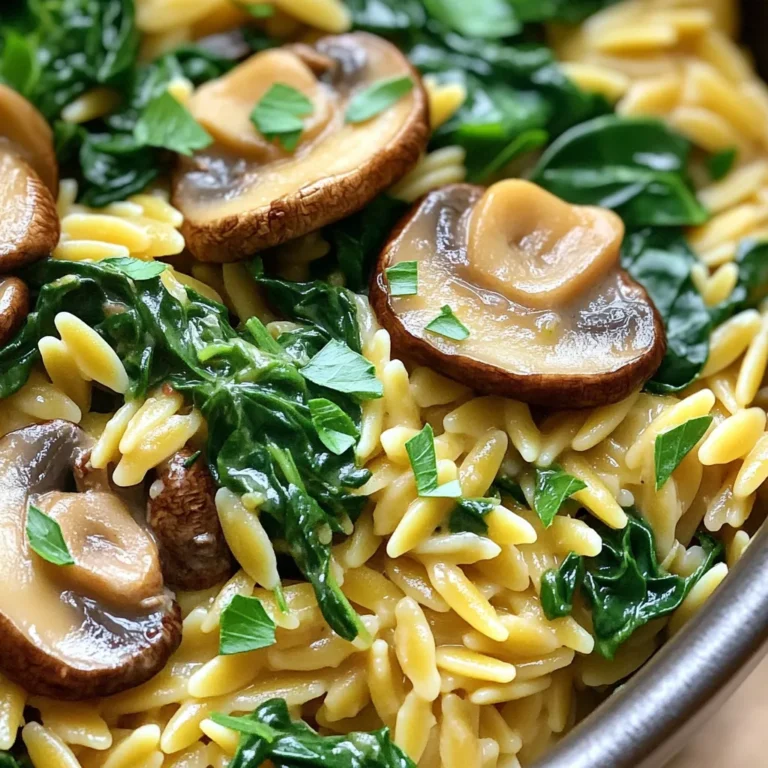 - 1 cup orzo pasta - 2 cups vegetable broth - 1 cup fresh mushrooms, sliced - 2 cups fresh spinach - 1 small onion, diced - 2 cloves garlic, minced - 1 teaspoon dried thyme - 1 teaspoon dried oregano - ¼ cup grated Parmesan cheese - Fresh parsley, chopped When I cook One-Pot Mushroom Spinach Orzo, I focus on fresh, simple ingredients. The main star is orzo pasta, which cooks perfectly in one pot. I love using vegetable broth for a rich base. Fresh mushrooms add umami, while spinach brings a nice pop of color and nutrients. Next, I prepare my aromatics. A small onion, diced finely, creates a sweet flavor when sautéed. I always add minced garlic for its bold taste. Dried thyme and oregano add warmth and depth to the dish. If you want to elevate your meal, consider stirring in some grated Parmesan cheese. It adds creaminess and a savory bite. Finally, I like to garnish with fresh parsley. It gives a bright finish to the dish. Gather these ingredients, and you are on your way to making a delicious meal in no time! 1. Start by heating 2 tablespoons of olive oil in a large pot over medium heat. 2. Add 1 small diced onion and sauté it for about 3-4 minutes. The onion should be soft and clear. 3. Next, stir in 2 minced garlic cloves and 1 cup of sliced mushrooms. Cook this mixture for 5-7 minutes. The mushrooms will get soft and release their tasty juices. 1. Once the mushrooms are tender, add 1 cup of orzo pasta to the pot. Stir well to mix it with the onion and mushroom. 2. Pour in 2 cups of vegetable broth. Add 1 teaspoon of dried thyme, 1 teaspoon of dried oregano, and some salt and pepper for flavor. 3. Stir everything together and bring the mixture to a gentle boil. 1. Reduce the heat to low, cover the pot, and let it simmer for about 10-12 minutes. Stir occasionally to stop the orzo from sticking. You want the orzo to be al dente and soak up most of the broth. 2. When the orzo is cooked, fold in 2 cups of fresh spinach. Let it wilt for a minute. 3. If you want a creamy touch, stir in ¼ cup of grated Parmesan cheese. Adjust the seasoning if needed. 4. Serve warm, and don’t forget to sprinkle some chopped fresh parsley on top for a vibrant look. To prevent orzo from sticking, stir it often while it cooks. Adding a little extra broth can help keep it loose. If you find the orzo too thick, just add more broth until you reach the right texture. For a richer taste, try different cheese options like feta or goat cheese. If you want to add protein, consider chicken, shrimp, or tofu. Each choice brings a unique flavor to the dish. Garnishing with fresh parsley adds a nice pop of color. You can also sprinkle extra cheese on top for a fancy touch. Serve this dish with a side salad or crusty bread for a complete meal. {{image_2}} You can easily adapt this dish to fit your diet. For a gluten-free option, try using rice or quinoa instead of orzo. These grains cook well in the same way. You can find gluten-free orzo made from rice or corn too. For a vegan meal, simply skip the Parmesan cheese. The dish will still taste great without it. Want to change up the flavor? Add fresh herbs like basil or parsley. These herbs bring a bright taste that makes the dish pop. You can also mix in different veggies like zucchini or bell peppers. Cook them with the mushrooms for extra color and nutrition. This dish is versatile! You can mix it with other grains, like farro or quinoa. This adds more texture and flavor. If you want more protein, try adding chickpeas or beans. They make the meal heartier and more filling. Just stir them in when the orzo is almost done cooking. To store leftovers properly, let the orzo cool down first. Place it in an airtight container. This will keep it fresh for your next meal. I recommend using glass or BPA-free plastic containers. They seal well and help prevent odors. You can enjoy the leftovers for up to 3 days in the fridge. If you want to save it for a longer time, you can freeze the orzo. Put it in a freezer-safe container or bag. Make sure to remove as much air as possible. This helps avoid freezer burn. It will last up to 2 months in the freezer. When you’re ready to eat, thaw it in the fridge overnight. Then, reheat it on the stove or in the microwave. Add a splash of broth to keep it moist. For best freshness, consume the orzo within 3 days if stored in the fridge. If you freeze it, use it within 2 months. Watch for signs of spoilage, such as an off smell or mold. If it looks or smells bad, it's best to discard it. Keeping it well-sealed helps maintain its quality and taste. To make it gluten-free, you can use gluten-free orzo. Many brands offer options made from rice or corn. Always check the label to ensure it meets your needs. The cooking steps stay the same. Just replace the regular orzo with the gluten-free type. Enjoy your meal without worry! Yes, you can use other pasta shapes. Small shapes like ditalini or fusilli work well. They cook similarly to orzo. Adjust the cooking time based on the pasta you choose. Keep an eye on it so it doesn’t overcook. Each pasta will add its own twist to the dish! You can add many veggies to make it your own! Try diced bell peppers, zucchini, or peas. Broccoli florets or artichoke hearts are great too. Feel free to mix and match based on your taste. Just chop them small so they cook evenly with the orzo. To add spice, consider using crushed red pepper flakes. Start with a pinch and taste as you go. You can also add diced jalapeños or a splash of hot sauce. For a different flavor, mix in smoked paprika. Adjust the heat to match your preference! This blog post covered a tasty one-pot mushroom spinach orzo recipe. You learned about the key ingredients, step-by-step cooking methods, and helpful tips. I shared ideas for variations and how to store leftovers too. Whether you follow the original recipe or get creative, this dish is both easy and flavorful. It’s a great way to enjoy healthy, delicious meals. Cooking should be fun, so make it your own! Enjoy your orzo adventure!