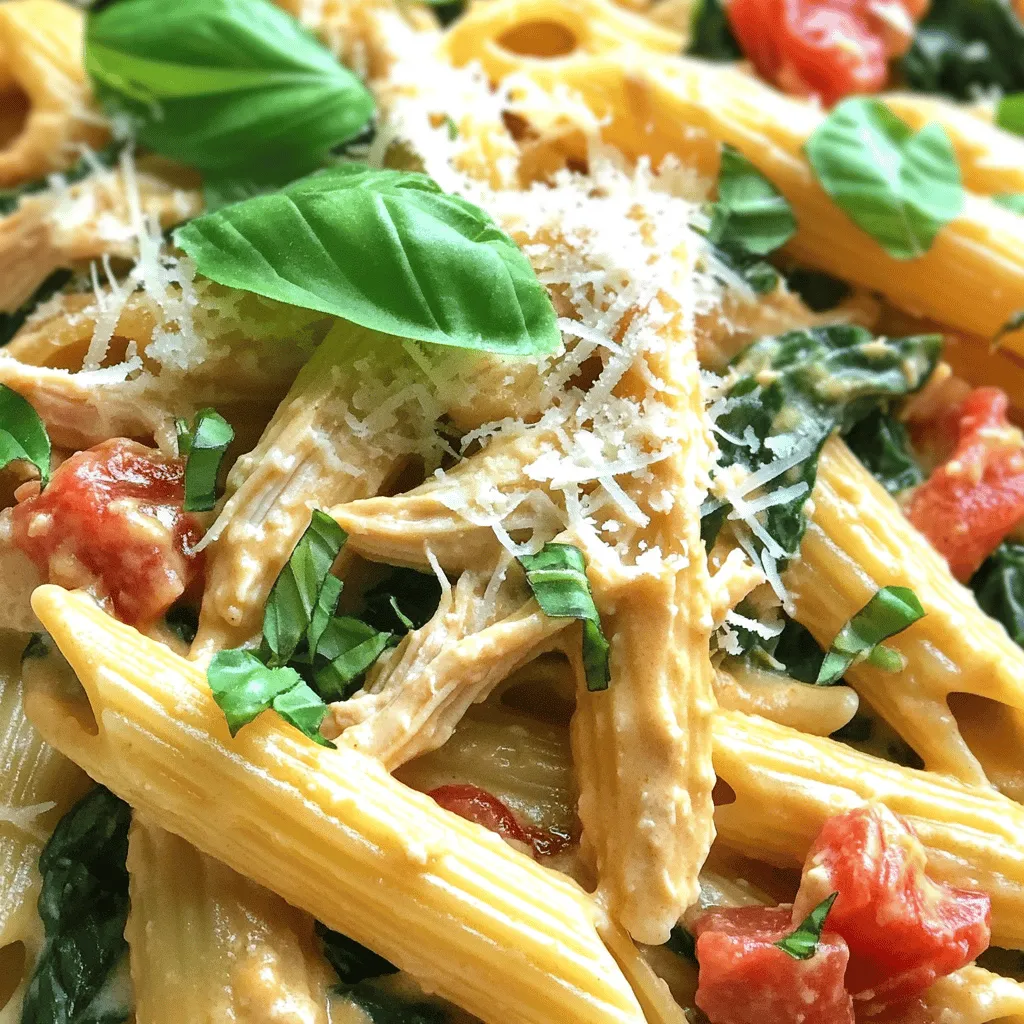 - 4 boneless, skinless chicken breasts - 1 cup diced tomatoes (canned or fresh) - 1 cup heavy cream - 1 cup chicken broth - 1 cup spinach, chopped - 1/2 cup cream cheese, softened - 8 ounces penne pasta These main ingredients create a rich and creamy meal. The chicken breasts give the dish a hearty base. Diced tomatoes add a burst of flavor and color. Heavy cream and cream cheese deliver the creaminess we all love. Chicken broth keeps everything moist and tasty. Fresh spinach brightens the dish and adds nutrients. Penne pasta holds the sauce well, making each bite delightful. - 1 teaspoon garlic powder - 1 teaspoon Italian seasoning - Salt and pepper to taste - Grated Parmesan cheese for garnish - Fresh basil leaves for garnish Seasonings bring life to the dish. Garlic powder adds warmth, while Italian seasoning gives it that classic taste. Salt and pepper enhance all the flavors. For a finishing touch, grated Parmesan cheese adds a salty bite. Fresh basil leaves not only look pretty, but they also provide a fresh flavor that ties everything together. - Slow cooker - Cutting board - Measuring cups and spoons - Forks for shredding chicken Using the right tools makes cooking easier. A slow cooker allows for hands-free cooking. A cutting board is essential for preparing your chicken and veggies. Measuring cups and spoons help you get the right amounts. Finally, forks are needed to shred the chicken, making it easy to mix into your pasta. With these ingredients and tools, you are set for a creamy, dreamy pasta experience! - Place chicken breasts in slow cooker. - Season with salt, pepper, garlic powder, and Italian seasoning. I like to use fresh chicken breasts for the best taste. Make sure to coat them well with the seasonings. This step adds great flavor right from the start. The slow cooker helps keep the chicken juicy and tender. - Pour diced tomatoes, chicken broth, and heavy cream over chicken. - Spread cream cheese on top. The diced tomatoes bring a nice tang to the dish. They mix well with the broth and cream. This creates a rich sauce that will coat the pasta later. The cream cheese adds a velvety touch that makes each bite delightful. - Cover and cook on low for 4-6 hours. - Shred chicken 30 minutes before serving. - Stir in spinach and penne pasta. - Cook for an additional 30 minutes. Cooking on low helps the flavors blend together. I recommend checking the chicken at around four hours. Once it's tender, shred it using two forks. This makes it easier to mix in with the pasta and greens. Stir in the spinach and penne pasta for the final cook. If your sauce seems thick, just add a bit more broth. This dish is so flexible, and you can adjust it to your taste! To make your dish super creamy, adjust the amounts of heavy cream and cream cheese. You can add more cream if you want a richer taste. If you prefer a lighter sauce, use less. Cooking the dish on low heat helps the cream blend well. For a smooth texture, stir the sauce well before serving. Using good chicken broth is key. It adds depth to the sauce. If you have homemade broth, use that! Store-bought works fine too, just check the salt level. If the broth is salty, cut back on added salt in the recipe. Boost the flavor by adding more Italian herbs or spices. Dried oregano, thyme, or a dash of red pepper flakes can make it pop! Don't hesitate to switch up ingredients too. For example, swap out cream cheese for ricotta or mascarpone for a different taste. You can also add sun-dried tomatoes for added richness. Always ensure the chicken is fully cooked before serving. Use a meat thermometer if you’re unsure. The chicken should reach 165°F to be safe. If the sauce is too thick after cooking, you can fix it! Just stir in a little more chicken broth or water to loosen it up. This keeps the dish creamy and easy to serve. {{image_2}} You can switch the chicken for turkey. Turkey gives a nice, lean flavor. You can also use pork. Pork adds a rich taste and works well with the creamy sauce. For a vegetarian option, try chickpeas. They add protein and soak up the sauce flavor well. This option is filling and good for meatless meals. If you want to try a different pasta, there are many options. Bowtie or fusilli pasta works great in this dish. They hold the sauce nicely. You can also use gluten-free pasta. Look for types made from rice or chickpeas. These options keep the meal safe for those with gluten issues. Just ensure to follow cooking times on the package. Adding seasonal veggies can change the dish. Bell peppers add sweetness and color. Zucchini brings a nice texture and freshness. You can also add more greens like kale. Kale adds a hearty touch and boosts nutrition. These veggies not only taste great but make the dish look vibrant too. To keep your Slow Cooker Creamy Tuscan Chicken Pasta fresh, cool it down first. Let it sit at room temperature for 30 minutes. Then, place it in a container. Glass or plastic containers with tight lids work best. Label the container with the date to keep track of freshness. When reheating, the microwave or stovetop will work well. For the microwave, heat in short bursts. Stir after each burst to avoid hot spots. On the stovetop, use low heat and add a splash of chicken broth. This helps keep the dish creamy. Stir often to blend everything well. You can freeze your leftovers for later. Use freezer-safe containers or bags. Make sure to leave some space for expansion. Label them with the date. To thaw, place in the fridge overnight. For quick defrosting, use the microwave on the defrost setting. Yes, you can! If you want a lighter dish, use milk or yogurt instead of cream. This change will make the dish less rich, but it will still taste great. You can also use coconut milk for a dairy-free option. Just remember, these swaps will change the taste and texture a bit. Pasta usually cooks in about 30 minutes in the slow cooker. If you use penne, this timing is perfect. For other types like spaghetti, check for doneness around the same time. If the pasta seems hard, let it cook a bit longer. This dish pairs well with many sides. Here are some ideas: - Garlic bread for dipping - A fresh salad with vinaigrette - Steamed veggies like broccoli or green beans - Roasted asparagus for a tasty crunch These sides enhance the meal and add color to your plate. Enjoy! In this post, we explored how to make Slow Cooker Creamy Tuscan Chicken Pasta. We covered the key ingredients, step-by-step instructions, and valuable tips to enhance flavor. You learned about variations, storage, and frequently asked questions to answer common concerns. I hope this guide inspires you to create this dish easily. It’s simple, creamy, and full of flavor. Enjoy your cooking adventure!