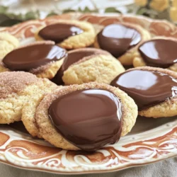 To make chocolate dipped snickerdoodle cookies, you will need: - 1 cup unsalted butter, softened - 1 ½ cups granulated sugar - 2 large eggs - 2 teaspoons vanilla extract - 3 cups all-purpose flour - 2 teaspoons cream of tartar - 1 teaspoon baking soda - ½ teaspoon salt - 3 tablespoons cinnamon sugar (mix of 3 tablespoons granulated sugar and 1 tablespoon cinnamon) - 1 cup semi-sweet chocolate chips - 1 tablespoon coconut oil (for smooth chocolate dipping) Measuring ingredients correctly is key to great cookies. Use dry measuring cups for flour and sugar. Level off each cup with a straight edge. For butter, use the wrapper markings to cut the right amount. Use a liquid measuring cup for eggs and vanilla. It helps to crack eggs into a small bowl first to avoid shells. Don’t worry if you run out of something! Here are some great swaps: - Use margarine if you don’t have butter. - Swap granulated sugar with brown sugar for a richer taste. - You can use coconut flour instead of all-purpose flour, but adjust the amount to 1 cup. - If you lack cream of tartar, use 1 teaspoon of lemon juice or vinegar instead. These tips will help you make delicious cookies no matter what! Start by preheating your oven to 350°F (175°C). Line two baking sheets with parchment paper. In a large bowl, cream together 1 cup of softened unsalted butter and 1 ½ cups of granulated sugar. Mix for about 3-4 minutes until it's light and fluffy. Next, add 2 large eggs, one at a time, and 2 teaspoons of vanilla extract. Beat well after each egg. In another bowl, whisk together 3 cups of all-purpose flour, 2 teaspoons of cream of tartar, 1 teaspoon of baking soda, and ½ teaspoon of salt. Gradually add this dry mixture to the wet mixture. Mix until just combined. Scoop tablespoons of dough and roll them into balls. Then, roll each ball in a cinnamon sugar mix made from 3 tablespoons of granulated sugar and 1 tablespoon of cinnamon. Place the dough balls on the baking sheets, spaced 2 inches apart. Bake for 10-12 minutes. Look for lightly golden edges. Once baked, let them cool for a few minutes on the sheets before moving them to a wire rack. To melt the chocolate, take 1 cup of semi-sweet chocolate chips and 1 tablespoon of coconut oil. Place them in a microwave-safe bowl. Microwave in 30-second bursts, stirring in between, until the chocolate is smooth. After the cookies have cooled completely, dip half of each cookie into the melted chocolate. Let any excess chocolate drip off. Place the dipped cookies back on the baking sheets. Allow the chocolate to set at room temperature or refrigerate for about 15-20 minutes until firm. To get soft and chewy cookies, focus on your butter. Make sure it is soft but not melted. When you cream the butter and sugar, beat them well. This step adds air, creating a light texture. Don’t overmix the dough after adding flour. Just mix until you see no dry flour. This keeps the cookies chewy. Use fresh spices for the best flavor. Ground cinnamon should be fresh for a warm taste. Adding a pinch of nutmeg can elevate the flavor too. Consider using dark chocolate instead of semi-sweet for a richer taste. Vanilla extract is key; choose pure vanilla for a true flavor boost. Don’t forget to sprinkle extra cinnamon sugar on top before serving! For a stunning display, arrange cookies on a decorative platter. A tiered stand adds height and interest. Sprinkle extra cinnamon sugar around the base for a lovely touch. You can also drizzle melted chocolate over the top for flair. Add a few sprigs of mint or edible flowers for color. Presenting your cookies beautifully makes them even more inviting! {{image_2}} You can change the chocolate for dipping. Semi-sweet chocolate works great, but try dark chocolate for a richer taste. If you love milk chocolate, that’s a sweet choice, too. You can even mix chocolates. Use half semi-sweet and half milk for a tasty combo. Each type gives a unique flavor to your cookies. If you want gluten-free cookies, swap the all-purpose flour for a gluten-free blend. Look for a mix that works for baking. It helps to add a bit more moisture. You can add an extra egg or a splash of milk to keep the dough soft. These tweaks make your cookies just as delightful without the gluten! Mix-ins can make your cookies even more fun. Try adding nuts for a crunch. Chopped pecans or walnuts work well. You can also add dried fruit like raisins or cranberries for a chewy element. For a bit of spice, throw in some butterscotch chips. Each mix-in gives your cookies a new twist. The options are endless, so get creative! Store your chocolate dipped snickerdoodle cookies in an airtight container. This keeps them fresh and soft. Place parchment paper between layers to avoid sticking. Keep the cookies at room temperature for the best taste. If you live in a humid area, use a cool spot. You can freeze these cookies for later enjoyment. First, let the cookies cool completely. Then, place them in a single layer on a baking sheet. Freeze them for about one hour. Once frozen, transfer the cookies to a freezer bag. Remove as much air as possible before sealing. Chocolate dipped snickerdoodle cookies last about one week at room temperature. In the freezer, they can last up to three months. For the best quality, eat them within the first month. Thaw frozen cookies at room temperature before enjoying their soft texture. Yes, you can make these cookies ahead of time. Prepare the cookie dough and roll it into balls. Place the dough balls on a baking sheet and freeze them. Once frozen, store them in a zip-top bag. When ready to bake, just take out the dough and bake as directed. This method keeps your cookies fresh and ready for any occasion. Store your leftover cookies in an airtight container. This keeps them soft and fresh. If you want to keep them for more days, add a piece of bread to the container. The bread helps maintain moisture. You can also stack the cookies with parchment paper between layers to avoid sticking. If you lack cream of tartar, you can use lemon juice or white vinegar instead. Use 1 teaspoon of either for each teaspoon of cream of tartar needed. This swap helps to achieve that classic snickerdoodle taste. Another option is to just skip it; the cookies will still taste great, but they may not be as fluffy. You learned about the key ingredients and how to measure them. I shared tips for prepping, baking, and adding chocolate. We examined tricks for great texture and flavor. I also covered fun variations and smart storage methods. Remember, making cookies can be simple and enjoyable. With the right mix and a little care, you’ll create tasty treats everyone will love. Enjoy your baking!
