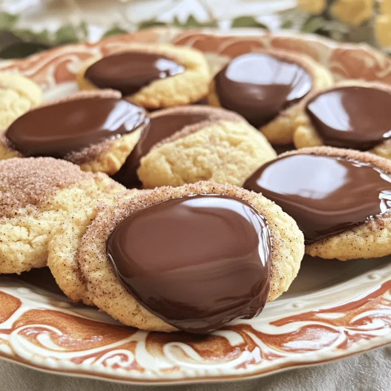 To make chocolate dipped snickerdoodle cookies, you will need: - 1 cup unsalted butter, softened - 1 ½ cups granulated sugar - 2 large eggs - 2 teaspoons vanilla extract - 3 cups all-purpose flour - 2 teaspoons cream of tartar - 1 teaspoon baking soda - ½ teaspoon salt - 3 tablespoons cinnamon sugar (mix of 3 tablespoons granulated sugar and 1 tablespoon cinnamon) - 1 cup semi-sweet chocolate chips - 1 tablespoon coconut oil (for smooth chocolate dipping) Measuring ingredients correctly is key to great cookies. Use dry measuring cups for flour and sugar. Level off each cup with a straight edge. For butter, use the wrapper markings to cut the right amount. Use a liquid measuring cup for eggs and vanilla. It helps to crack eggs into a small bowl first to avoid shells. Don’t worry if you run out of something! Here are some great swaps: - Use margarine if you don’t have butter. - Swap granulated sugar with brown sugar for a richer taste. - You can use coconut flour instead of all-purpose flour, but adjust the amount to 1 cup. - If you lack cream of tartar, use 1 teaspoon of lemon juice or vinegar instead. These tips will help you make delicious cookies no matter what! Start by preheating your oven to 350°F (175°C). Line two baking sheets with parchment paper. In a large bowl, cream together 1 cup of softened unsalted butter and 1 ½ cups of granulated sugar. Mix for about 3-4 minutes until it's light and fluffy. Next, add 2 large eggs, one at a time, and 2 teaspoons of vanilla extract. Beat well after each egg. In another bowl, whisk together 3 cups of all-purpose flour, 2 teaspoons of cream of tartar, 1 teaspoon of baking soda, and ½ teaspoon of salt. Gradually add this dry mixture to the wet mixture. Mix until just combined. Scoop tablespoons of dough and roll them into balls. Then, roll each ball in a cinnamon sugar mix made from 3 tablespoons of granulated sugar and 1 tablespoon of cinnamon. Place the dough balls on the baking sheets, spaced 2 inches apart. Bake for 10-12 minutes. Look for lightly golden edges. Once baked, let them cool for a few minutes on the sheets before moving them to a wire rack. To melt the chocolate, take 1 cup of semi-sweet chocolate chips and 1 tablespoon of coconut oil. Place them in a microwave-safe bowl. Microwave in 30-second bursts, stirring in between, until the chocolate is smooth. After the cookies have cooled completely, dip half of each cookie into the melted chocolate. Let any excess chocolate drip off. Place the dipped cookies back on the baking sheets. Allow the chocolate to set at room temperature or refrigerate for about 15-20 minutes until firm. To get soft and chewy cookies, focus on your butter. Make sure it is soft but not melted. When you cream the butter and sugar, beat them well. This step adds air, creating a light texture. Don’t overmix the dough after adding flour. Just mix until you see no dry flour. This keeps the cookies chewy. Use fresh spices for the best flavor. Ground cinnamon should be fresh for a warm taste. Adding a pinch of nutmeg can elevate the flavor too. Consider using dark chocolate instead of semi-sweet for a richer taste. Vanilla extract is key; choose pure vanilla for a true flavor boost. Don’t forget to sprinkle extra cinnamon sugar on top before serving! For a stunning display, arrange cookies on a decorative platter. A tiered stand adds height and interest. Sprinkle extra cinnamon sugar around the base for a lovely touch. You can also drizzle melted chocolate over the top for flair. Add a few sprigs of mint or edible flowers for color. Presenting your cookies beautifully makes them even more inviting! {{image_2}} You can change the chocolate for dipping. Semi-sweet chocolate works great, but try dark chocolate for a richer taste. If you love milk chocolate, that’s a sweet choice, too. You can even mix chocolates. Use half semi-sweet and half milk for a tasty combo. Each type gives a unique flavor to your cookies. If you want gluten-free cookies, swap the all-purpose flour for a gluten-free blend. Look for a mix that works for baking. It helps to add a bit more moisture. You can add an extra egg or a splash of milk to keep the dough soft. These tweaks make your cookies just as delightful without the gluten! Mix-ins can make your cookies even more fun. Try adding nuts for a crunch. Chopped pecans or walnuts work well. You can also add dried fruit like raisins or cranberries for a chewy element. For a bit of spice, throw in some butterscotch chips. Each mix-in gives your cookies a new twist. The options are endless, so get creative! Store your chocolate dipped snickerdoodle cookies in an airtight container. This keeps them fresh and soft. Place parchment paper between layers to avoid sticking. Keep the cookies at room temperature for the best taste. If you live in a humid area, use a cool spot. You can freeze these cookies for later enjoyment. First, let the cookies cool completely. Then, place them in a single layer on a baking sheet. Freeze them for about one hour. Once frozen, transfer the cookies to a freezer bag. Remove as much air as possible before sealing. Chocolate dipped snickerdoodle cookies last about one week at room temperature. In the freezer, they can last up to three months. For the best quality, eat them within the first month. Thaw frozen cookies at room temperature before enjoying their soft texture. Yes, you can make these cookies ahead of time. Prepare the cookie dough and roll it into balls. Place the dough balls on a baking sheet and freeze them. Once frozen, store them in a zip-top bag. When ready to bake, just take out the dough and bake as directed. This method keeps your cookies fresh and ready for any occasion. Store your leftover cookies in an airtight container. This keeps them soft and fresh. If you want to keep them for more days, add a piece of bread to the container. The bread helps maintain moisture. You can also stack the cookies with parchment paper between layers to avoid sticking. If you lack cream of tartar, you can use lemon juice or white vinegar instead. Use 1 teaspoon of either for each teaspoon of cream of tartar needed. This swap helps to achieve that classic snickerdoodle taste. Another option is to just skip it; the cookies will still taste great, but they may not be as fluffy. You learned about the key ingredients and how to measure them. I shared tips for prepping, baking, and adding chocolate. We examined tricks for great texture and flavor. I also covered fun variations and smart storage methods. Remember, making cookies can be simple and enjoyable. With the right mix and a little care, you’ll create tasty treats everyone will love. Enjoy your baking!