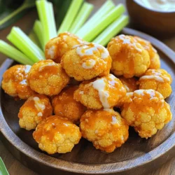 - 1 medium head of cauliflower, cut into bite-sized florets - 1 cup all-purpose flour (or gluten-free flour) - 1 teaspoon garlic powder - 1 teaspoon onion powder - 1 teaspoon smoked paprika - 1/2 teaspoon cayenne pepper (adjust to taste) - 1 cup buttermilk (or plant-based milk for a vegan option) - 1/2 cup buffalo sauce (store-bought or homemade) - 2 tablespoons olive oil - Salt and pepper to taste You can add extra spices for flavor. Try adding cumin or chili powder. You might also use panko breadcrumbs for more crunch. For a twist, mix in some grated cheese with the flour. If you love herbs, sprinkle some fresh parsley or cilantro before serving. Each serving has about 150 calories. You get 5 grams of protein and 20 grams of carbs. The dish has 7 grams of fat, mostly from the olive oil. It also has fiber from the cauliflower. This makes it a tasty and healthy snack option. First, grab a medium head of cauliflower. Cut it into bite-sized florets. Each piece should be uniform. This helps them cook evenly. Rinse the florets under cold water. Dry them well with a clean towel. Removing extra moisture helps them crisp up in the air fryer. In a large bowl, whisk together the dry ingredients. Mix 1 cup of all-purpose flour, 1 teaspoon of garlic powder, 1 teaspoon of onion powder, 1 teaspoon of smoked paprika, and 1/2 teaspoon of cayenne pepper. Add salt and pepper to taste. In a separate bowl, pour 1 cup of buttermilk. Take each cauliflower floret and dip it in the buttermilk. Let any extra buttermilk drip off. Next, coat the floret in the flour mixture. Ensure each piece is well covered. This coating gives your bites a great crunch. Preheat your air fryer to 400°F (200°C). Place the coated florets in a single layer in the air fryer basket. Do not overcrowd them; give them space to cook. Lightly spray the florets with olive oil. This helps them become crispy. Air fry the florets for 15 minutes. Halfway through, shake the basket to move the florets around. This ensures even cooking. When they turn golden and crispy, take them out. In a large bowl, toss the cauliflower bites with 1/2 cup of buffalo sauce. Make sure each piece is fully coated. Return them to the air fryer for an extra 5 minutes. This sets the sauce, making it even tastier. Enjoy your crispy buffalo cauliflower bites! To get that perfect crunch, I always coat the cauliflower well. Make sure you dip each piece in buttermilk first. This helps the flour stick better. Use a light spray of olive oil before air frying. This adds flavor and ensures crispiness. I also recommend not overcrowding the air fryer basket. Give each floret space to cook evenly. If you want more heat, add extra cayenne pepper to the flour mix. Start with half a teaspoon, then taste it. You can always add more if you like it spicy! For a milder version, reduce the cayenne or skip it entirely. Buffalo sauce can also vary in heat, so choose one that matches your taste. Preheating your air fryer is key. Set it to 400°F (200°C) before you start cooking. This helps the cauliflower cook evenly and get crispy. Shake the basket halfway through cooking. This ensures all sides get that golden look. Always check the florets around the 15-minute mark. If they look ready, you can take them out early! {{image_2}} You can easily make these bites vegan. Just swap buttermilk for plant-based milk. Use almond or soy milk. The flavor stays rich and tasty. Buffalo sauce is classic, but you can mix it up. Try barbecue sauce for a sweet twist. A teriyaki sauce can bring a nice glaze. Experiment with your favorite flavors! If you want to change the coating, try using cornmeal or panko. These add extra crunch. You can also use chickpea flour for a gluten-free option. Add herbs or spices for more flavor. To store your buffalo cauliflower bites, let them cool first. Place them in an airtight container. Keep the container in the fridge. They will stay fresh for up to three days. Make sure to label the container with the date. This way, you won't forget when you made them! When you are ready to enjoy your leftovers, preheat your air fryer to 350°F (175°C). Place the cauliflower bites in the basket in a single layer. Heat them for about 5 to 7 minutes. This will make them crispy again. You can also use an oven. Bake them at 350°F (175°C) for about 10 minutes. Either method works well! If you want to save some bites for later, freezing is a great option. Let the cooked cauliflower cool completely. Then, place them in a freezer-safe bag or container. Try to remove as much air as possible before sealing. You can freeze them for up to three months. When you're ready to eat, just reheat them directly from the freezer! Yes, you can use frozen cauliflower. Just thaw it first. Pat it dry to remove excess moisture. This helps the coating stick better. Frozen florets may need a bit more time to cook. Check for crispiness before serving. Making homemade buffalo sauce is easy. In a bowl, mix 1 cup of hot sauce with 1/2 cup of melted butter. You can add garlic powder and a pinch of salt for extra flavor. Adjust the heat by adding cayenne pepper if you like it spicier. Stir well and enjoy! Buffalo cauliflower bites go great with ranch dressing or blue cheese dressing. You can also try a creamy garlic dip or a tangy yogurt sauce. Celery sticks are a perfect side too. They add a nice crunch and coolness to balance the heat. This blog post covered how to make delicious buffalo cauliflower bites. We explored the ingredients, including optional ones for flavor. I provided step-by-step instructions for preparing, coating, and air frying the cauliflower. You learned tips for crispiness and spice adjustments. Variations and storage information make this dish easy to customize and enjoy later. In closing, this recipe is fun and tasty. You can impress friends or treat yourself. Enjoy your cooking!