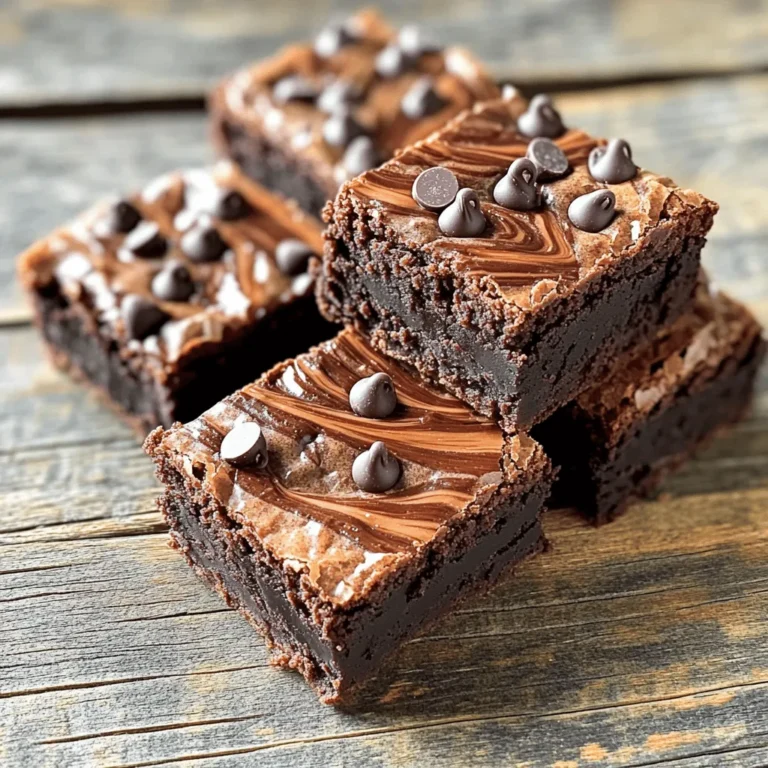 To make the best Nutella brownies, you need a few simple ingredients. Each one plays a key role in creating the perfect texture and taste. Here is what you will need: - 1 cup all-purpose flour - 1/2 cup cocoa powder - 1 teaspoon baking powder - 1/4 teaspoon salt - 1/2 cup unsalted butter, melted - 1 cup granulated sugar - 2 large eggs - 2 teaspoons vanilla extract - 1/2 cup Nutella (plus more for swirling) - 1/2 cup semi-sweet chocolate chips (optional) Each ingredient adds its magic. The all-purpose flour gives structure. Cocoa powder brings rich chocolate flavor. Baking powder helps your brownies rise. Salt enhances the sweetness and balances the flavors. Melted butter adds moisture and richness. Granulated sugar sweetens your brownies. Eggs bind everything together and provide a tender texture. Vanilla extract adds warmth and depth. Nutella brings that creamy hazelnut goodness. Lastly, semi-sweet chocolate chips give extra chocolatey bites, but they are optional. Gather these ingredients before you start. This will make your baking process smooth and fun. Now, let’s create some delicious Nutella brownies! 1. Preheat your oven and prepare the baking pan Start by setting your oven to 350°F (175°C). While it heats, grease an 8x8 inch baking pan or line it with parchment paper. This makes it easy to lift out the brownies later. 2. Combine dry ingredients and set aside In a medium bowl, sift together the following: - 1 cup all-purpose flour - 1/2 cup cocoa powder - 1 teaspoon baking powder - 1/4 teaspoon salt Set this dry mixture aside as you work on the wet ingredients. 3. Whisk together wet ingredients and mix well In a large bowl, whisk together: - 1/2 cup unsalted butter, melted - 1 cup granulated sugar Add in 2 large eggs, one at a time, and whisk well after each. Finally, mix in 2 teaspoons of vanilla extract. 4. Fold in dry ingredients without over-mixing Gently fold the dry mixture into the wet mixture using a spatula. Be careful not to over-mix; you want a few lumps left. 5. Layering with Nutella and finishing the assembly Pour half of the brownie batter into the prepared pan. Spread it evenly. Next, drop spoonfuls of 1/2 cup Nutella over the batter. Use a knife or skewer to swirl the Nutella. Pour the remaining batter on top. Swirl in more Nutella if you like. 6. Baking and cooling the brownies Bake in the preheated oven for 25-30 minutes. Check for doneness by inserting a toothpick into the center. It should come out with a few moist crumbs. Let the brownies cool in the pan for 10 minutes. After that, lift them out and let them cool completely on a wire rack. Once cool, cut into squares and enjoy! - Ensuring the right mixing technique Mix the wet and dry ingredients gently. Use a spatula to fold them together. Over-mixing can make brownies tough. You want a smooth batter but a few lumps are fine. - How to swirl Nutella effectively After spreading half the batter, drop spoonfuls of Nutella on top. Use a knife or skewer to swirl it in. Don’t mix it too much; you want swirls, not a full blend. Add more Nutella on top before baking for a richer taste. - Testing for doneness with a toothpick To check if your brownies are ready, insert a toothpick into the center. If it comes out with a few moist crumbs, they are done. If it comes out wet, give them a few more minutes. Each oven is different, so keep an eye on them. {{image_2}} I love how you can make Nutella brownies your own. There are many fun ways to change them up. Here are some ideas. - Gluten-free options: Use gluten-free flour instead of all-purpose flour. I like almond flour or a gluten-free blend. This keeps the brownies soft and tasty. - Vegan substitutions: Swap the eggs for flax eggs. Mix one tablespoon of ground flaxseed with three tablespoons of water. Let it sit to thicken. Use coconut oil instead of butter for a rich flavor. - Flavor variations: You can add nuts like walnuts or pecans for crunch. Try using dark chocolate chips instead of semi-sweet for a rich taste. Or add a pinch of sea salt on top for extra sweetness. Feel free to mix and match these ideas. Each choice gives your brownies a unique twist. Enjoy experimenting! To keep your Nutella brownies fresh, store them right. For short-term storage, place them in an airtight container. This keeps them moist and soft. If you plan to eat them within a few days, this method works great. For long-term preservation, freezing is best. First, wrap each brownie in plastic wrap. Then, place them in a freezer-safe bag or container. This helps prevent freezer burn. They can last up to three months in the freezer. When you crave a brownie, just take one out and let it sit at room temperature for about 30 minutes. If you have leftover brownies, reheating is easy. Preheat your oven to 350°F (175°C). Place the brownies on a baking sheet. Heat them for about 10-15 minutes. You can also use the microwave. Heat each brownie for about 10-15 seconds. They will be warm and gooey again. Enjoy! Can I use other types of chocolate besides Nutella? Yes, you can! You can swap Nutella with other chocolate spreads. Try using almond or peanut butter spread for a twist. You can also use melted chocolate for the same rich flavor. Just make sure the texture remains similar for the best results. What should I do if my brownies are too fudgy? If your brownies turn out too fudgy, it may be due to extra moisture. You can bake them a bit longer. Check them after a few minutes. A toothpick should come out with a few moist crumbs, not wet batter. You can also try adding a little more flour next time to help balance the moisture. How can I make homemade brownie mix for this recipe? Making homemade brownie mix is easy! Combine the dry ingredients: flour, cocoa powder, baking powder, and salt in one bowl. Store this mix in an airtight container. When you’re ready to bake, just add melted butter, sugar, eggs, and vanilla. This way, you can have a fresh mix ready for quick baking! In this article, we explored how to make perfect Nutella brownies. We covered ingredients, step-by-step instructions, and expert tips. You learned how to customize your brownies and store them properly. Remember, using the right mixing techniques and testing for doneness helps ensure success. Whether you choose gluten-free or vegan options, these brownies will please everyone. Enjoy your baking journey with Nutella brownies, and don’t forget to share your creations!