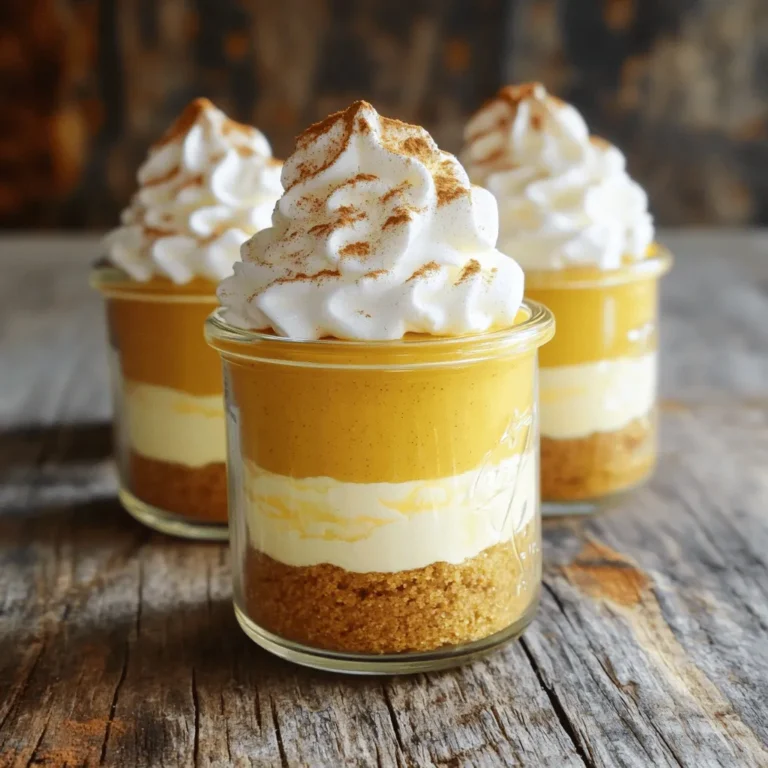 To make No Bake Pumpkin Cheesecake Cups, gather these key ingredients: - 1 cup graham cracker crumbs - 4 tablespoons unsalted butter, melted - 1 cup cream cheese, softened - 1 cup pumpkin puree - 1 cup powdered sugar - 1 teaspoon vanilla extract - 1 teaspoon pumpkin pie spice - 1 cup heavy whipping cream - Whipped cream for topping - Extra pumpkin pie spice for garnish You can swap graham cracker crumbs with crushed cookies or nuts for a different flavor. If you're looking for a lighter version, use reduced-fat cream cheese. You can also replace powdered sugar with a sugar alternative if needed. You’ll need a few essential kitchen tools: - Mixing bowls - Electric mixer or whisk - Spatula - Measuring cups and spoons - Cups or jars for serving I recommend small mason jars or clear dessert cups. They look nice and show off the layers of your cheesecake. Using clear containers also makes it fun to see the tasty layers inside! First, gather your graham cracker crumbs and melted butter. In a mixing bowl, combine them well. Mix until it looks like wet sand. This helps the crust hold together. Next, take about 2 tablespoons of the crumb mixture. Spoon it into each cup. Press down firmly with your fingers or the back of a spoon. Make sure it is even and tight. This forms a strong base for your cheesecake. In a different bowl, beat the softened cream cheese until smooth. This step is key for a creamy texture. Then, add the pumpkin puree, powdered sugar, vanilla extract, and pumpkin pie spice. Mix until everything is fully combined. The filling should be creamy and rich. This mix brings all the great pumpkin flavor to your dessert. Now, let’s make the whipped cream. In a clean bowl, whip the heavy cream until stiff peaks form. This means it should hold its shape well. Now, gently fold the whipped cream into the pumpkin mixture. Use a spatula and be careful not to deflate the whipped cream. Folding keeps it light and airy. This step is important for a fluffy cheesecake. Next, it’s time to layer the cups. Spoon the pumpkin cheesecake mixture over the crusts in each cup. Use a spatula to smooth the tops. Make sure each cup looks nice and neat. After that, cover the cups and refrigerate them. They need at least 2 hours to set. This chilling time helps the flavors blend and the dessert firm up. To make a creamy cheesecake filling, use softened cream cheese. This helps blend smoothly with other ingredients. Beat the cream cheese until it is very smooth. Add the pumpkin puree, powdered sugar, vanilla extract, and pumpkin pie spice next. Mix until well combined. For the graham cracker crust, combine the crumbs and melted butter until it looks like wet sand. Press the mixture firmly into the bottom of each cup. This creates a solid base that holds well. If the crust is too crumbly, add a bit more melted butter. Garnishing can elevate your cheesecake cups. Top each cup with a generous dollop of whipped cream. Add a sprinkle of extra pumpkin pie spice for a festive touch. You can also use caramel sauce or chocolate drizzle for a twist. For presentation, use clear cups or jars. This shows off the beautiful layers of your cheesecake. Arrange the cups on a platter for serving. Adding fall leaves or small pumpkins around the cups can enhance the theme. Enjoy sharing this delightful dessert! {{image_2}} You can swap pumpkin for other flavors. Chocolate is a great choice. Use chocolate pudding instead of pumpkin puree. Add cocoa powder to the cream cheese mix for extra chocolate taste. Caramel is another fun option. Just mix in some caramel sauce with the cream cheese. You can also try a mint flavor. Add a few drops of mint extract for a fresh twist. Seasonal flavors work well too. In winter, try peppermint or eggnog. In spring, lemon or berry flavors shine. For gluten-free cups, swap graham crackers with gluten-free crumbs. You can find many options at stores. For a dairy-free version, use dairy-free cream cheese. Coconut whipped cream is great as a topping. You can also reduce sugar in the recipe. Use less powdered sugar or natural sweeteners like honey or maple syrup. Always taste as you go. Adjust to your liking while keeping the dessert sweet and tasty. To keep your No Bake Pumpkin Cheesecake Cups fresh, refrigerate them. Use an airtight container. This method helps prevent drying out or picking up other fridge smells. Your cheesecake cups will stay fresh for up to three days. Always check for any signs of spoilage before serving. If the cups have a strange smell or a change in texture, it's best to toss them. Yes, you can freeze No Bake Pumpkin Cheesecake Cups. Freezing can extend their shelf life for up to three months. To freeze, wrap each cup tightly in plastic wrap. Then place them in a sturdy freezer bag. Label the bag with the date to track freshness. For thawing, move the cups from the freezer to the fridge. Let them thaw overnight. Avoid thawing at room temperature to keep the texture smooth. After thawing, enjoy them within two days for the best taste. How long do No Bake Pumpkin Cheesecake Cups last in the fridge? These cups last up to five days in the fridge. Keep them covered to stay fresh. Can I make these ahead of time? Yes! You can make these cups up to two days early. Just store them in the fridge. What can I use instead of pumpkin pie spice? You can mix cinnamon, nutmeg, and ginger. This blend gives a similar warm flavor. What to do if the filling is too runny? If the filling is too runny, add more whipped cream. This will help thicken it. How to fix a crust that won’t hold together? If the crust crumbles, add more melted butter. This helps bind the crumbs for a firmer base. You can easily make No Bake Pumpkin Cheesecake Cups using simple ingredients and tools. Start with a graham cracker crust, mix in your filling, and fold in whipped cream for fluffiness. Layer it in cups, refrigerate, and enjoy! Remember to explore flavor variations and dietary options for a personal touch. These cups are perfect for any occasion. Follow these steps to impress your friends and family with this tasty dessert. Happy baking!