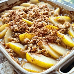 - 4 ripe pears, peeled, cored, and sliced - 1 tablespoon lemon juice - 1 teaspoon ground cinnamon - 1/2 teaspoon ground nutmeg - 1/4 teaspoon ground ginger - 1/4 cup brown sugar - 1 cup rolled oats - 1/2 cup all-purpose flour - 1/3 cup unsalted butter, melted - 1/4 cup chopped walnuts (optional) - Pinch of salt For this Spiced Pear Oat Crisp, fresh, ripe pears shine in the dish. Choose pears that are sweet and tender. The spices add warmth and depth to the flavor. Each spice plays a role: cinnamon brings sweetness, nutmeg adds warmth, and ginger gives a slight kick. Lemon juice helps balance the sweetness of the pears and enhances their flavor. The oat topping is a mix of rolled oats and flour, which creates a crunchy texture. Butter binds it all together, adding richness. If you like a bit of crunch, add chopped walnuts for a delightful twist. - Chopped walnuts - Vanilla extract If you want to change things up, consider adding chopped walnuts. They add a nice crunch and nutty flavor. A splash of vanilla extract can enhance the overall taste, making it even more inviting. - Gluten-free alternatives - Dairy-free options For a gluten-free option, use gluten-free oats and flour. This keeps the crisp texture without gluten. To make it dairy-free, swap out the butter for coconut oil or a plant-based butter. These simple swaps let everyone enjoy this dessert! Start by peeling and coring the pears. Slice them into thin pieces. In a big bowl, add the sliced pears. Pour in the lemon juice and mix well. This helps keep the pears fresh. Now, add the spices: ground cinnamon, nutmeg, and ginger. Sprinkle the brown sugar on top. Toss everything together until the pears are well coated in the mixture. This step adds great flavor to the dish. In a separate bowl, mix the rolled oats and all-purpose flour. Pour in the melted unsalted butter. If you want some crunch, add chopped walnuts. Stir everything together until it looks crumbly. The mixture should hold together but still be loose. This oat mixture will create a nice topping for your pears. Now it's time to bake! Preheat your oven to 350°F (175°C). Spread the spiced pear mixture evenly in a greased 8x8-inch baking dish. Next, sprinkle the oat mixture over the pears. Bake for 30 to 35 minutes. You want the topping to be golden brown and the pears to bubble. Once done, take it out and let it cool slightly. Enjoy your warm spiced pear oat crisp! To get the best texture, I recommend using ripe pears. They should be soft yet firm. Toss them with lemon juice and spices to enhance their flavor. When you mix the oats, flour, and melted butter, aim for a crumbly texture. This will give your crisp a nice crunch. Spread the oat mixture evenly on top of the pears. The even layer ensures all parts cook well. Bake it until the topping is golden brown, around 30-35 minutes. This will create a delightful contrast with the tender pears. This dessert shines when served warm. A scoop of vanilla ice cream on top adds creaminess. The cold ice cream melts slightly, mixing with the warm crisp. You can also use whipped cream for a lighter touch. A sprinkle of cinnamon on top makes for a lovely garnish. This dessert looks great and tastes even better. If you have leftovers, store them in an airtight container. Place it in the fridge to keep it fresh. It should last for about 3-4 days. When ready to enjoy again, reheat it in the oven at 350°F. This keeps the topping crispy. You can also microwave it, but the topping may not stay as crunchy. Enjoy your Spiced Pear Oat Crisp any time! {{image_2}} To make this dessert gluten-free, you can swap the all-purpose flour. Use almond or coconut flour instead. Use certified gluten-free oats to keep it safe. This change keeps the recipe tasty and safe for those with gluten issues. For a vegan Spiced Pear Oat Crisp, replace the butter. Use coconut oil or vegan butter in the same amount. Instead of brown sugar, choose coconut sugar or maple syrup. This keeps your dessert plant-based while still being delicious and sweet. You can add more fruit or nuts to your crisp. Try mixing in berries, like blueberries or raspberries. They add a nice burst of flavor. You can also add chopped pecans or almonds for a crunchy bite. These additions make your crisp even more enjoyable and unique. Each serving of Spiced Pear Oat Crisp is about 1 cup. This recipe makes 6 servings. - Calories: Approximately 250 per serving - Total Fat: About 10 grams - Sugars: Around 12 grams These values can vary based on the type of pears used and any optional nuts added. Pears are a great source of fiber. They help with digestion and can keep you full longer. Oats are rich in whole grains. They support heart health and can lower cholesterol. Together, pears and oats make this dessert both tasty and nutritious. Enjoy this dish knowing it offers good health benefits along with sweet flavor! You should bake Spiced Pear Oat Crisp for 30 to 35 minutes. Check for a golden brown topping and bubbly pears. The crisp is ready when it smells amazing and looks inviting. Yes, you can use other fruits! Try apples, peaches, or berries. Each fruit brings its own flavor and texture. Just remember to adjust the sugar based on the fruit's sweetness. Absolutely! You can prep the pear mixture and oat topping ahead. Store them separately in the fridge for up to a day. When you are ready, just assemble and bake. This makes your dessert easy and quick to enjoy! This blog post covered how to make a delicious Spiced Pear Oat Crisp. We looked at the main ingredients, like ripe pears and spices, and discussed optional add-ins, substitutions, and variations. You learned step-by-step instructions for prepping, baking, and perfecting the crisp. I also shared tips for serving and storing leftovers, plus the health benefits of this dish. Enjoy your cooking journey and share this delightful crisp with friends and family!