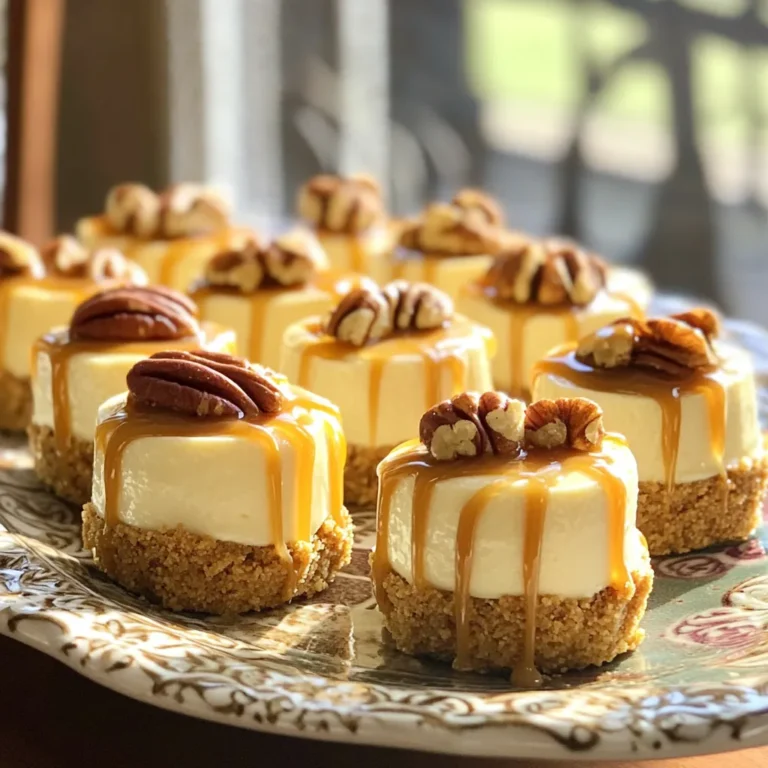 - 1 cup cream cheese, softened - 1/2 cup powdered sugar - 1 teaspoon vanilla extract - 1 tablespoon lemon juice - 1 cup whipped cream (or whipped topping) - 1 cup graham cracker crumbs - 1/4 cup melted butter - 1/2 cup chopped pecans, toasted - 1/2 cup caramel sauce (store-bought or homemade) - Extra pecans and caramel for garnish Start with the cream cheese. It should be soft to mix well. Next, grab the powdered sugar and vanilla extract. These add sweetness and a nice flavor. Use a tablespoon of lemon juice for a hint of tang. Mix these in a large bowl until creamy. For the crust, combine graham cracker crumbs with melted butter. Add half of the toasted pecans for a nutty flavor. Press this mix into a lined muffin tin, making a solid base. Now for the fun part! Fold in the whipped cream gently. This keeps the filling light and fluffy. Then, spoon this mixture over your crusts in the muffin cups. Fill them to the brim! To make your bites shine, drizzle extra caramel sauce on top. Add more toasted pecans for crunch. This adds flair and makes them look fancy. You can serve them on a nice platter. To start, gather your ingredients. You need graham cracker crumbs, melted butter, and half of the toasted pecans. In a medium bowl, mix these three items. Make sure the crumbs are well coated with the butter. This step gives your crust a rich flavor. Next, take a mini muffin tin and line it with paper liners. This makes it easy to remove the bites later. Press a small amount of the crust mixture into each muffin cup. Use the back of a spoon to pack it down firmly. This step is key to a solid base for your cheesecake bites. Now, let’s move on to the cheesecake filling. In a large mixing bowl, beat the softened cream cheese. Add powdered sugar, vanilla extract, and lemon juice. Mix until it’s smooth and creamy. This only takes a few minutes. Once it’s mixed well, fold in the whipped cream. Be gentle to keep the mixture light and airy. This will make your bites fluffy. It’s important not to stir too hard, as this can deflate the whipped cream. Now, it’s time to assemble your cheesecake bites. Spoon or pipe the cheesecake mixture over the crust in each muffin cup. Fill them to the top and smooth the surface with a spatula. This makes them look nice and neat. Next, drizzle a teaspoon of caramel sauce over each cheesecake bite. This adds sweetness and flavor. Finally, sprinkle the remaining toasted pecans on top for extra crunch. Place the muffin tin in the refrigerator. Let the bites chill for at least 2 to 4 hours. This helps them set properly. When they are ready, carefully remove each bite from the tin. Enjoy your easy treat! To get the right texture for your cheesecake bites, always use softened cream cheese. Cold cream cheese mixes poorly and can cause lumps. Beat it well until it's smooth and creamy. Adding lemon juice adds a nice tang and helps with the texture. When you fold in the whipped cream, do it gently. This keeps the mixture light and fluffy. Avoid overmixing, as that can make the cheesecake dense. These cheesecake bites look great on a platter. Drizzle extra caramel sauce over them for a nice touch. You can also sprinkle extra toasted pecans on top for crunch. Pair them with fresh fruit like strawberries or blueberries. This adds color and freshness. For a fun twist, serve them with coffee or a dessert wine. Your guests will love the combination. One common mistake is not chilling the bites long enough. They need at least 2-4 hours to set properly. If you rush this, they may fall apart when you serve them. Another mistake is packing the crust too lightly. It should feel firm to hold the cheesecake mix. Finally, don’t skip on the toasted pecans. They add flavor and texture that are key to the bites. {{image_2}} You can easily change the flavor of these cheesecake bites. Want chocolate? Use cocoa powder in the filling. You could also melt chocolate and mix it in for a rich taste. If you prefer fruit, mash some berries or bananas. Add them to the filling for a fresh twist. You can even fold in lemon zest for a bright flavor. Each option gives a new taste to your bites. Toppings can elevate these cheesecake bites. Drizzle melted chocolate on top for a sweet touch. You can also sprinkle crushed cookies for a crunchy layer. Try adding fresh fruit or chocolate shavings for a fun look. If you want a nutty taste, add more toasted pecans. You can mix and match toppings to create your favorite blend. If you have dietary needs, you can still enjoy these bites. To make them gluten-free, use gluten-free graham crackers. For a dairy-free option, swap cream cheese with a plant-based version. Coconut cream works well in place of whipped cream. These simple changes let everyone enjoy this treat, no matter their diet. To keep your no-bake caramel pecan cheesecake bites fresh, store them correctly. Use an airtight container. This will help maintain their creamy texture and flavor. Place a layer of parchment paper between layers if you stack them. This prevents sticking and keeps them neat. You can freeze these cheesecake bites for later. First, let them chill in the fridge until firm. Then, place them in a single layer on a baking sheet. Freeze them for about an hour. After that, transfer them to an airtight container or freezer bag. They will keep well in the freezer for up to three months. When you want to enjoy them, let them thaw in the fridge overnight. In the fridge, the no-bake cheesecake bites last about five days. Ensure they stay in an airtight container. This will help keep them fresh and tasty. If you notice any change in smell or texture, it’s best to discard them. Enjoy your treats while they are at their best! These tasty bites need about 2 to 4 hours to set. I like to chill them overnight for the best results. The longer they sit, the firmer they get, which helps the flavors blend. Yes, you can use a dairy-free cream cheese for a vegan option. You can also try Greek yogurt for a tangy flavor. Just keep in mind that the texture may change a bit. If you want an alternative to caramel, try chocolate sauce or fruit preserves. A chocolate ganache can also work well and adds a rich taste. You can even skip the sauce for a lighter treat. This blog post covered how to make delicious No-Bake Caramel Pecan Cheesecake Bites. You learned about the key ingredients, their measurements, and how to prepare them. The step-by-step instructions guide you through making the crust, filling, and chilling the bites. Tips help you avoid common mistakes and suggest yummy variations. Finally, I shared storage info, so your treats stay fresh longer. Cheesecake bites are a fun treat for any occasion. Now, give these bites a try, and impress your friends and family!