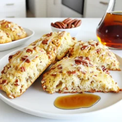 - 2 cups all-purpose flour - 1/4 cup granulated sugar - 1 tablespoon baking powder - 1/2 teaspoon salt - 1/2 cup unsalted butter, cold and cubed - 3/4 cup heavy cream - 1/4 cup pure maple syrup - 1/2 cup pecans, chopped - 1 teaspoon vanilla extract - 1 egg (for egg wash) - Extra maple syrup for drizzling To create these delightful maple pecan scones, you need a few simple ingredients. The all-purpose flour forms the base. Sugar adds sweetness, while baking powder helps the scones rise. Salt enhances the flavors. Cold butter gives the scones a flaky texture, and heavy cream adds richness. Pure maple syrup brings sweetness and a lovely flavor. Chopped pecans add crunch and nutty taste, and vanilla extract gives a warm note. Lastly, an egg wash helps achieve a golden finish. Each scone offers about 200 calories. They have roughly 8 grams of fat, 28 grams of carbs, and 3 grams of protein. The scones also provide calcium and iron from the ingredients. Enjoy them as a treat, but be mindful of portion sizes, especially if you're watching calories. You can swap all-purpose flour for a gluten-free blend if needed. For dairy-free scones, use coconut cream or almond milk instead of heavy cream. If you prefer a different nut, try walnuts or almonds. For sweetness, honey can replace maple syrup, but the flavor will change. Always remember that substitutions can alter texture and taste. 1. Start by preheating your oven to 400°F (200°C). This helps the scones bake evenly. 2. Line a baking sheet with parchment paper. This prevents sticking and makes cleanup easy. 3. In a large bowl, whisk together these dry ingredients: - 2 cups all-purpose flour - 1/4 cup granulated sugar - 1 tablespoon baking powder - 1/2 teaspoon salt 4. Next, add 1/2 cup of cold, cubed unsalted butter to the dry mix. 5. Use your fingers or a pastry cutter to blend the butter into the flour. Aim for coarse crumbs. 6. In a separate bowl, whisk together: - 3/4 cup heavy cream - 1/4 cup pure maple syrup - 1 teaspoon vanilla extract 7. Pour the wet mixture into the dry mix. Add 1/2 cup of chopped pecans. 8. Gently fold the ingredients together. Do not overmix; this keeps the scones light. 1. Turn the dough onto a floured surface. Shape it into a disc about 1 inch thick. 2. Cut the dough into 8 wedges, like a pizza. 3. Place each wedge on your prepared baking sheet. 4. Beat 1 egg and brush it on top of the scones. This gives them a nice golden color. 5. Bake the scones for 15-20 minutes. They should be golden brown and firm. 6. Use a toothpick to check if they are done. If it comes out clean, they are ready. 1. Once baked, let the scones cool on a wire rack for a few minutes. 2. Drizzle extra maple syrup over the warm scones for added flavor. 3. Serve them on a rustic wooden board. Add whole pecans and a small bowl of maple syrup for dipping. To make your scones fluffy, keep your butter cold. Cold butter helps create air pockets. Use a pastry cutter or your fingers to mix it in quickly. Avoid overmixing the dough. It should be just combined, not smooth. This helps keep the scones light. A common mistake is using warm butter. Warm butter makes dense scones. Another mistake is overworking the dough. This can lead to tough scones. Also, don’t skip the egg wash. It gives the scones a nice shine and color. For a golden finish, brush the tops with egg wash. This adds color and a beautiful sheen. Bake the scones until they are golden brown. Keep an eye on them in the oven. Each oven is different, so watch for that nice golden color. {{image_2}} You can make gluten-free scones by switching the flour. Use 2 cups of gluten-free all-purpose flour. Make sure it has a binding agent, like xanthan gum. This will help hold your scones together. The rest of the recipe stays the same. You can enjoy the same great taste without gluten. To make vegan scones, swap the butter for coconut oil or vegan butter. Use plant-based milk in place of heavy cream. Almond milk or oat milk works well. Skip the egg wash and brush the tops with more maple syrup instead. These changes keep the flavor rich and perfect for everyone. Want to mix it up? You can add chocolate chips or dried fruit. Dark chocolate adds a nice contrast to the sweet maple and nuts. Dried cranberries or cherries offer a fruity burst. Just fold in about 1/2 cup of your choice when you combine the wet and dry ingredients. Each variation brings a new twist to your scones! To keep your Maple Pecan Scones fresh, place them in an airtight container. This helps maintain their soft texture. Store them at room temperature for up to three days. If you live in a humid area, consider refrigerating them to prevent any sogginess. Freezing is a great option for longer storage. To freeze the scones, let them cool completely. Wrap each scone in plastic wrap. Then place them in a freezer bag or airtight container. They can stay in the freezer for up to three months. For the best taste, label the bag with the date. When you're ready to enjoy your scones again, reheating is simple. Preheat your oven to 350°F (175°C). Unwrap the scones and place them on a baking sheet. Heat for about 10 minutes or until warm. This method keeps them nice and fluffy. You can also microwave them for about 15-20 seconds, but the oven is best for texture. Enjoy with a drizzle of maple syrup! Yes, you can make Maple Pecan Scones ahead of time. You can prepare the dough, cut it into wedges, and store it in the fridge. Wrap each wedge in plastic wrap. This keeps them fresh for up to 24 hours. When you are ready to bake, just take them out and brush with egg wash. Bake as usual. You’ll enjoy fresh scones in no time! If you don’t have heavy cream, you can use half-and-half. This gives a similar richness but with less fat. Another option is to use whole milk with melted butter. Mix 1/4 cup of melted butter with 3/4 cup of whole milk. It works well in the recipe, too. These substitutes keep the scones moist and tasty. Maple Pecan Scones last for about two days at room temperature. Keep them in an airtight container to prevent them from getting dry. If you want to keep them longer, consider freezing them. Just wrap each scone tightly and store them in the freezer. They can last for up to three months frozen! In this blog post, we explored how to make delicious maple pecan scones. We broke down the key ingredients and their nutritional value, and offered substitution ideas. The step-by-step instructions made baking easy. I shared tips for making fluffy scones and avoiding common mistakes. We also looked at fun variations and storage tips. You now have the tools to bake scones that impress. Enjoy your baking and share these treats with friends!