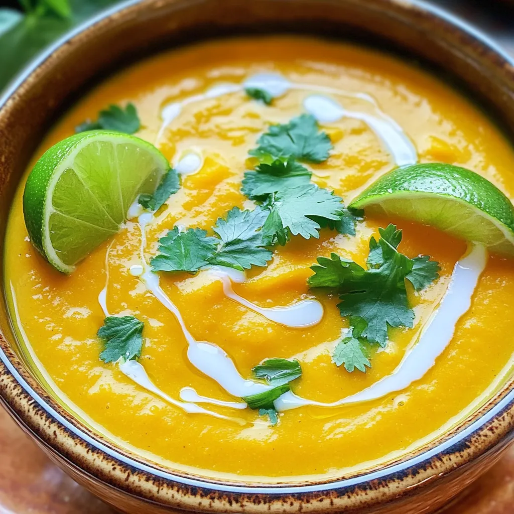 - 1 medium butternut squash, peeled and chopped - 1 can (400ml) coconut milk - 1 onion, diced - 2 cloves garlic, minced - 1 inch ginger, grated - 1 carrot, diced - 2 cups vegetable broth - 1 teaspoon ground coriander - 1 teaspoon ground cumin - Salt and pepper to taste - Fresh cilantro for garnish (optional) - Lime wedges for serving When you prepare your ingredients, keep these tips in mind: - Butternut Squash: Peel and chop the squash into small cubes. This helps it cook evenly. - Onion and Garlic: Dice the onion and mince the garlic finely. This enhances their flavors in the soup. - Ginger: Grate the ginger to release its oils. This adds a warm spice to the dish. - Carrot: Dice the carrot into small pieces for quicker cooking and even texture. - Coconut Milk: Use full-fat coconut milk for a rich and creamy soup. - Vegetable Broth: Choose low-sodium broth to control the saltiness of your soup. If you cannot find an ingredient, here are some great substitutes: - Butternut Squash: You can use pumpkin or sweet potato if needed. - Coconut Milk: Almond or cashew milk works, but the flavor will change. - Vegetable Broth: Chicken broth is a good option if you prefer a meat base. - Cilantro: If you don’t like cilantro, parsley or green onions can work as a garnish. - Spices: If you lack coriander or cumin, use curry powder for a twist. These tips will help you create a delicious slow cooker butternut squash coconut soup. Enjoy the cooking process and the tasty results! First, take your butternut squash. Peel it and chop it into small cubes. This helps it cook evenly. Next, dice one onion and mince two cloves of garlic. Grate one inch of ginger for a warm flavor. Finally, chop one carrot into small pieces. These fresh veggies create a nice base for the soup. Now, grab your slow cooker. Add the chopped butternut squash, diced onion, minced garlic, grated ginger, and diced carrot into it. Pour in one can of coconut milk and two cups of vegetable broth. Sprinkle in one teaspoon each of ground coriander and ground cumin. Finally, season with salt and pepper to fit your taste. Stir everything well to mix the flavors together. Close the lid on your slow cooker. Set it to low and let it cook for 6 to 7 hours. If you're in a hurry, you can set it on high for 3 to 4 hours. The squash should be tender when it's done. After cooking, blend the soup until it's smooth. You can use an immersion blender or a regular blender in batches. Adjust the seasoning if needed, and let it cool a bit before serving. To get a smooth soup, blend well. I like using an immersion blender. This tool makes it easy to blend right in the pot. If you don’t have one, pour the soup into a regular blender. Do this in small batches. Always let the soup cool a bit first. This keeps it safe and helps prevent spills. Taste is key! After blending, try the soup. If it needs more flavor, add salt or pepper. You can also add extra spices. A pinch of cayenne can add a nice kick. For a sweeter taste, add a touch of maple syrup or honey. Always adjust slowly, tasting as you go. This way, you can find the perfect balance for your palate. If your soup is too thick, stir in more vegetable broth or coconut milk. This will make it lighter and creamier. For a heartier texture, add cooked lentils or chickpeas. They mix well and add protein. If you prefer a chunkier soup, reserve some squash before blending. Add it back after blending for a lovely texture. {{image_2}} You can make this soup heartier by adding protein. Chickpeas are a great choice. They add a nice texture and flavor. You can also use cooked lentils. Add about one cup of either to the slow cooker. This way, you boost the soup's nutrition and make it more filling. If you like heat, try adding red pepper flakes or diced jalapeños. Start with a small amount, like half a teaspoon. You can always add more later. A splash of lime juice can also brighten the flavor and enhance the spice. Consider topping with sliced chili peppers for an extra kick! While a slow cooker is easy, you can make this soup on the stove. Start by sautéing the onion, garlic, and ginger in a pot. Then add the rest of the ingredients. Cook on medium heat until the squash is soft. Use an immersion blender to puree the soup. This method takes less time and can be just as tasty! Once you finish your delicious soup, let it cool down. Pour any leftover soup into an airtight container. Make sure to seal it tightly. Store it in the fridge for up to three days. If you want to keep it longer, freezing is a great option. To reheat your soup, you can use a pot or the microwave. If you use a pot, pour the soup in and heat on low. Stir often until it’s warm. If you use a microwave, place the soup in a microwave-safe bowl. Heat in short bursts, stirring in between, until hot throughout. Always check the temperature before serving. To freeze the soup, use freezer-safe containers or bags. Leave some space at the top for expansion. Label the container with the date. The soup can last up to three months in the freezer. To eat, thaw it in the fridge overnight. Reheat it on the stove or in the microwave as mentioned. Enjoy your tasty soup anytime! Yes, you can use fresh butternut squash. Just peel and chop it into small cubes. Fresh squash adds a great flavor and texture. It takes a bit more time to prep, but the taste is worth it! You can store the soup in the fridge for up to five days. Make sure to keep it in an airtight container. If you want to keep it longer, you can freeze it for up to three months. Just remember to leave space in the container for expansion. Yes, this soup is already dairy-free! The coconut milk gives it a creamy texture without any dairy. If you want to add more flavor, try using unsweetened coconut milk. It will keep your soup rich and delicious! This blog post covers the essentials for making slow cooker butternut squash coconut soup. We explored key ingredients, how to prepare them, and offered useful substitutes. I shared step-by-step instructions for cooking and tips for perfecting flavors and texture. You learned about variations, storage, and answered common questions. Now, you can confidently create your own delicious soup. Try different flavors and enjoy the process. Happy cooking!