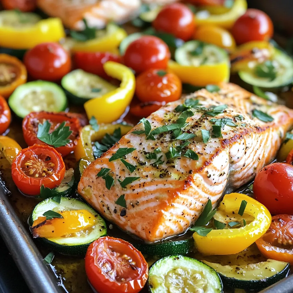- 4 salmon fillets - 1 cup cherry tomatoes, halved - 1 zucchini, sliced into half-moons - 1 red bell pepper, sliced - 1 yellow bell pepper, sliced - 1 red onion, cut into wedges - 3 tablespoons olive oil - 2 teaspoons dried oregano - 1 teaspoon garlic powder - 1 lemon, zested and juiced - Salt and pepper to taste - Fresh parsley, chopped (for garnish) This dish shines with fresh, colorful ingredients. Salmon fillets serve as the star, offering rich flavors and healthy fats. Pair the salmon with vibrant veggies like cherry tomatoes, zucchini, and bell peppers. These veggies add crunch and sweetness. I use olive oil for cooking. It brings a nice, fruity flavor. Oregano and garlic powder add savory depth to the dish. Lemon zest and juice brighten everything up. They balance the meal perfectly. Finally, fresh parsley adds a burst of color and freshness right before serving. This ingredient mix creates a healthy, tasty, and beautiful meal that’s easy to prepare. 1. Preheat oven and prepare baking sheet Set your oven to 425°F (220°C). Line a baking sheet with parchment paper or lightly grease it. This helps prevent sticking. 2. Prepare the vegetable mixture In a large bowl, mix together the cherry tomatoes, zucchini, red bell pepper, yellow bell pepper, and red onion. Add 2 tablespoons of olive oil, 1 teaspoon of oregano, garlic powder, salt, and pepper. Toss well until the veggies are coated. 3. Season the salmon fillets In the same bowl, place the salmon fillets. Drizzle with the remaining 1 tablespoon of olive oil, lemon zest, lemon juice, 1 teaspoon of oregano, salt, and pepper. Coat the salmon well. 1. Arrange vegetables and salmon on the baking sheet Spread the vegetable mixture on one side of the baking sheet. Place the salmon fillets on the other side, skin side down. 2. Roasting time and temperature Put the sheet pan in the preheated oven. Roast for about 15-20 minutes. The salmon should flake easily with a fork. The vegetables should be tender. 3. Finishing touches before serving When done, take the sheet pan out of the oven and let it cool for a minute. Garnish with freshly chopped parsley before serving. Enjoy your meal! Choosing the best salmon Look for salmon fillets that are bright in color. Fresh salmon should not smell fishy. It should have a mild scent, like the sea. Ask your fishmonger for wild-caught when possible. Farmed salmon can be good too, but wild salmon often tastes better. Picking ripe vegetables For veggies, choose firm and vibrant options. Cherry tomatoes should be plump and shiny. Look for zucchini that feels heavy and has smooth skin. When picking bell peppers, go for ones that are bright and shiny. The red onion should feel solid and not soft. Ensuring perfectly cooked salmon To cook the salmon just right, check its color. It should turn from dark pink to light pink when done. Use a fork to test if it flakes easily. If it flakes, it is ready to eat. Remember, overcooking can dry out the fish. Tips for tender vegetables To keep your veggies tender, cut them evenly. This helps them cook at the same rate. Toss them with olive oil and seasoning well, so they roast evenly. Check them at 15 minutes, and stir if needed. Pairing ideas (sides, sauces) Serve your salmon with a side of rice or quinoa. A fresh salad can add crunch. For a sauce, try a simple lemon vinaigrette. It brightens the dish and adds flavor. Best practices for presentation Make your plate look nice by arranging the salmon and veggies neatly. Use a colorful plate to enhance the dish. Garnish with fresh parsley for a pop of color. A lemon wedge on the side looks great too! {{image_2}} You can switch the salmon for other fish, like cod or tilapia. These fish also work well with the same spices and veggies. If you prefer shellfish, shrimp makes a great swap too. When it comes to veggies, the options are endless. Instead of zucchini, try asparagus or broccoli. You can also use carrots or green beans for a different taste. Mixing in seasonal vegetables can make your meal fresh and fun. For those who need gluten-free options, this recipe is already safe. Just ensure your olive oil and spices are gluten-free. You can enjoy this dish without worry. If you want a vegan alternative, replace the salmon with tofu or tempeh. Marinate them in the same mix of olive oil, lemon juice, and spices. This way, you keep the great flavors while making it plant-based. Adding spices or fresh herbs can take this dish to the next level. Try adding basil or dill for a fresh taste. A pinch of red pepper flakes can add some heat if you like spice. Using different citrus fruits can also enhance the flavors. Instead of lemon, try orange or lime. The bright zest from these fruits can change the dish while keeping it delicious. You can keep leftover salmon and veggies in the fridge. Place them in an airtight container. They stay fresh for up to three days. Make sure to let the dish cool before sealing. This helps keep the flavors intact. If you want to store them longer, consider freezing. Wrap the salmon and veggies tightly in plastic wrap or foil. Then, place them in a freezer-safe bag. You can freeze them for up to three months. Just remember to label the bag with the date. For the best taste, reheat leftovers in the oven. Preheat your oven to 350°F (175°C). Place the salmon and veggies on a baking sheet. Cover with foil to keep them moist. Heat for about 10-15 minutes, or until warmed through. You can also use a microwave. Place the food in a microwave-safe dish. Cover it with a microwave-safe lid or wrap. Heat on medium power for 2-3 minutes. Check and stir halfway to avoid hot spots. Be careful not to overcook the salmon. This keeps it flaky and tender. How long to cook salmon on a sheet pan? Cook salmon for about 15-20 minutes at 425°F (220°C). It should flake easily with a fork. This cooking time works well for most salmon fillets. Can I use frozen salmon for this recipe? Yes, you can use frozen salmon. Make sure to thaw it before cooking. This helps it cook evenly and become tender. What vegetables work best for roasting with salmon? Good choices include cherry tomatoes, zucchini, bell peppers, and red onions. These veggies roast well and add great flavor. They also cook at the same time as salmon. Caloric content per serving Each serving has about 350 calories. This includes the salmon and veggies, making it a healthy meal. Macronutrient breakdown - Protein: 30 grams - Carbohydrates: 20 grams - Fats: 15 grams This balance supports a healthy diet. How to incorporate into meal prep This dish is perfect for meal prep! You can cook it in advance and store it in containers. Pair it with grains or salads for a complete meal. Storage tips for pre-cooked meals Store leftovers in the fridge for up to 3 days. Use airtight containers to keep the food fresh. You can also freeze it for up to a month. This article covered how to make a delicious salmon dish with fresh veggies. You learned about the ingredients, steps, and cooking tips to achieve the best flavor. We explored variations to fit different diets and storage options for leftovers. Remember, fresh ingredients make a huge difference in taste. Enjoy cooking and try new flavors. Your salmon dinner will impress anyone!