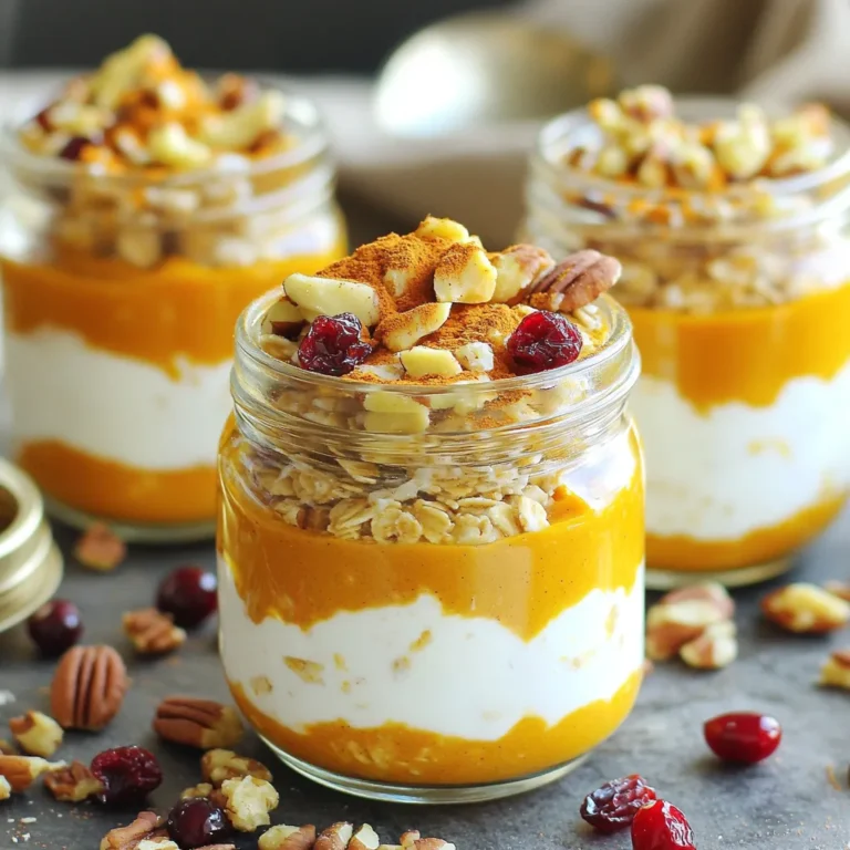 - 1/2 cup rolled oats - 1/2 cup unsweetened almond milk - 1/2 cup Greek yogurt - 1/4 cup canned pumpkin puree - 1 tablespoon chia seeds - 1 tablespoon maple syrup (or honey) - 1 teaspoon pumpkin spice blend - 1/2 teaspoon vanilla extract - Pinch of salt - Chopped nuts - Dried cranberries - Additional pumpkin spice To make high-protein pumpkin spice overnight oats, you need simple ingredients. First, start with rolled oats. They give a great base and texture. Next, add unsweetened almond milk for creaminess. You can use any milk you like, but almond milk keeps it light. Greek yogurt is a star here. It adds protein and creaminess. Canned pumpkin puree gives that sweet, rich flavor we love in fall. Chia seeds bring more protein and help thicken the oats. For sweetness, use maple syrup or honey. Both work well and add a nice touch. Don’t forget the spices! Pumpkin spice blend, vanilla extract, and a pinch of salt boost the flavor. You can also add toppings. Chopped nuts add crunch. Dried cranberries give a sweet burst. A sprinkle of extra pumpkin spice on top makes it beautiful and tasty. This recipe is easy to follow and full of flavor. Grab these ingredients, and you’re ready to enjoy a delicious breakfast! In a mixing bowl, combine the following ingredients: - 1/2 cup rolled oats - 1/2 cup unsweetened almond milk - 1/2 cup Greek yogurt - 1/4 cup canned pumpkin puree - 1 tablespoon chia seeds - 1 tablespoon maple syrup - 1 teaspoon pumpkin spice blend - 1/2 teaspoon vanilla extract - Pinch of salt This mix brings together creamy yogurt, sweet pumpkin, and warming spice. Each ingredient adds flavor and nutrition. The oats soak up liquid overnight, making them soft and tasty. Stir all the ingredients together until smooth. Make sure there are no lumps. Once mixed well, divide the mixture evenly into two jars or containers. Leave space at the top for toppings later. This step is key for easy serving. You want to enjoy every bite! Seal the jars tightly and refrigerate overnight. This allows the oats to absorb all the liquid and thicken. In the morning, give the oats a good stir. If they seem too thick, add a splash of almond milk. Top with your favorite items like chopped nuts, dried cranberries, or more pumpkin spice. You can serve them cold or warm them in the microwave for 30 seconds. Enjoy this delightful breakfast that’s packed with protein! To get the right thickness, start with your almond milk. If you want thicker oats, use less milk. For creamier oats, add a bit more almond milk. After chilling overnight, if your oats are too thick, just stir in a splash of almond milk. This way, you reach the perfect balance every time. You can enhance the pumpkin spice profile easily. Try adding a bit more pumpkin spice blend for a stronger flavor. You can also mix in some cinnamon or nutmeg to boost warmth. If you love a little zing, add a dash of ginger. Don't hesitate to play with flavors until you find your perfect blend. Making multiple servings is a great idea. You can prepare four or more jars at once. Just double or triple the ingredients and divide them evenly. Store them in the fridge for up to five days. This makes breakfast quick and easy for busy mornings. {{image_2}} You can switch up the milk or yogurt in your oats. If you don’t have almond milk, try oat milk, soy milk, or coconut milk. Each type of milk adds its own flavor. For yogurt, you can use plant-based options like coconut yogurt or soy yogurt. These choices are great for those looking for non-dairy options. They still give that creamy texture we love. If you want to change the sweetener, consider honey, agave, or stevia. Honey adds a rich, floral note. Agave is sweet but has a lower glycemic index. Stevia, a natural sweetener, is calorie-free. Each option changes the taste a little, so try them out to find your favorite. You can adjust the amount based on your taste. To make your overnight oats even more exciting, add fruits, seeds, or nut butter. Fresh fruits like banana or berries can boost flavor and nutrition. Seeds such as pumpkin or sunflower add a nice crunch. Nut butter gives a creamy texture and healthy fats. These additions not only taste great but also make your meal more filling. Get creative and mix flavors that you love! You can keep your high-protein pumpkin spice overnight oats in the fridge for up to five days. This makes them a great option for meal prep. Just remember to store them in airtight containers. The oats will stay fresh, and the flavors will meld nicely. You can freeze these oats for up to three months. To freeze, place them in freezer-safe jars or containers. Leave some space at the top for expansion. When you're ready to enjoy them, move a jar to the fridge to thaw overnight. If you’re in a hurry, you can also thaw them in the microwave for a few minutes. Use glass jars or BPA-free plastic containers. Glass jars are great for keeping the oats fresh. They also let you see the pretty layers! If you use plastic, make sure it’s safe for freezing and microwaving. Containers with tight lids are best. To make these overnight oats vegan, simply swap out the Greek yogurt for a plant-based yogurt. You can use almond, coconut, or soy yogurt. Instead of honey, use maple syrup for sweetness. You can also choose any non-dairy milk, like oat or soy milk. These swaps keep the flavor and texture nice while sticking to a vegan diet. Yes, you can use quick oats! However, the texture will change. Quick oats cook faster and can become mushy. Rolled oats stay chewy and give a better bite. If you prefer a creamier texture, quick oats work fine. Just remember the overnight soak time may not need to be as long. Chia seeds are not required, but they offer great benefits. They add fiber and healthy fats. They also thicken the oats, making them creamy. If you don’t have chia seeds, you can skip them or use ground flaxseed. This will still help with texture and nutrition, but chia seeds are my favorite! This blog post shares a simple recipe for overnight oats using wholesome ingredients like oats, almond milk, and pumpkin puree. You can customize flavors or toppings to suit your taste. Meal prep and storage tips help keep your oats fresh and delicious. Remember, you can easily adjust the thickness and sweetness to your liking. Try different add-ins like fruits or nut butter for variety. Enjoy these tasty and nutritious oats as a quick breakfast or snack!