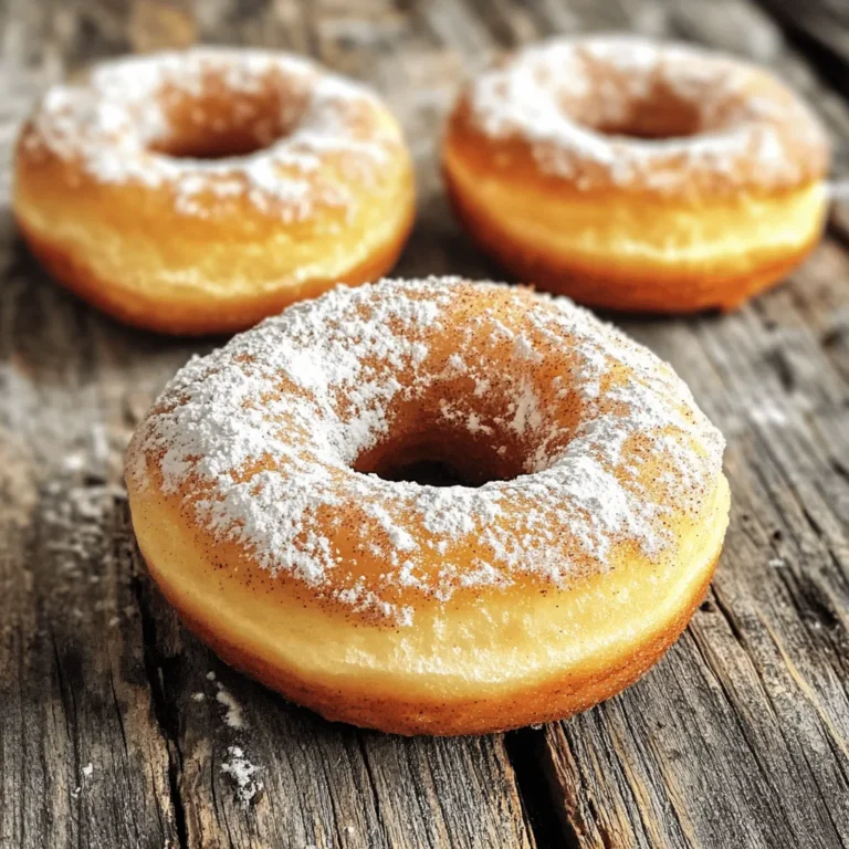 - 1 cup apple cider - 1/2 cup granulated sugar - 1/4 cup unsalted butter, melted - 1 large egg - 1 teaspoon vanilla extract - 2 cups all-purpose flour - 1 tablespoon baking powder - 1 teaspoon ground cinnamon - 1/2 teaspoon ground nutmeg - 1/2 teaspoon salt - 1/4 cup powdered sugar (for dusting) When making Air Fryer Apple Cider Donuts, you need fresh ingredients. Start with apple cider. It gives the donuts a rich, sweet, and warm flavor. Granulated sugar adds sweetness, while melted butter keeps the donuts soft. The egg helps bind everything together. Vanilla extract adds a lovely aroma and depth to the flavor. All-purpose flour is crucial for the donut's structure. Baking powder helps them rise and gives them a light texture. Ground cinnamon and nutmeg provide that cozy fall taste. Finally, salt balances the sweetness. To finish, you will dust the warm donuts with powdered sugar. This step adds a nice touch and extra sweetness. With these ingredients, you can create delightful donuts that everyone will love! 1. Simmering the apple cider Start by pouring 1 cup of apple cider into a saucepan. Heat it over medium heat. Let it simmer for about 10-15 minutes. This will reduce the cider to about 1/2 cup. Once done, let it cool slightly. 2. Mixing wet ingredients In a large mixing bowl, add the reduced cider, 1/2 cup of granulated sugar, 1/4 cup of melted unsalted butter, 1 large egg, and 1 teaspoon of vanilla extract. Whisk these together until they blend well. 3. Preparing dry ingredients In another bowl, mix together 2 cups of all-purpose flour, 1 tablespoon of baking powder, 1 teaspoon of ground cinnamon, 1/2 teaspoon of ground nutmeg, and 1/2 teaspoon of salt. Stir it up so everything is evenly combined. 4. Combining batter Gradually add the dry mix to the wet mix. Stir gently until just combined. Be careful not to overmix. You want a thick batter that holds together nicely. 5. Preheating the air fryer Set your air fryer to 350°F (175°C) and allow it to preheat. This step ensures even cooking for your donuts. 6. Filling the donut molds Lightly grease a donut pan or silicone mold that fits in your air fryer. Use a piping bag or a spoon to fill each mold about 3/4 full with the batter. This allows space for the donuts to rise. 7. Air frying the donuts Carefully place the filled mold in the air fryer basket. Air fry the donuts at 350°F (175°C) for 8-10 minutes. They should be golden brown, and a toothpick should come out clean when inserted. 8. Cooling and dusting Once done, let the donuts cool in the pan for a few minutes. Then gently remove them and place them on a wire rack. While they are still warm, dust with 1/4 cup of powdered sugar for that sweet finish. - Ensuring proper cider reduction: Simmer the apple cider until it reduces to half. This process makes the flavor stronger. Keep an eye on it. If it boils too hard, it may burn. - Avoiding overmixing: When you mix the wet and dry ingredients, stir gently. Stop as soon as you see no flour lumps. Overmixing makes the donuts tough. - Best practices for air frying: Preheat the air fryer to 350°F (175°C). This helps the donuts cook evenly. Make sure to place the mold in the center. It needs space for air to flow. - Incorrect frying temperature: If your air fryer is too hot, the donuts can burn outside but stay raw inside. Always check the temperature before you start. - Under or over-filling the molds: Fill the molds only about 3/4 full. If you overfill, the donuts rise too much and spill over. If you underfill, they won’t have enough volume. {{image_2}} You can change the flavor of your donuts easily. Try adding spices like ginger or cardamom. These spices give a warm and cozy taste. You might also add extracts like almond or maple for a fun twist. Just a few drops can make a big difference. If you want to play with the texture, use different flours. For a nuttier taste, try whole wheat flour. It makes the donuts heartier. You can also use gluten-free flour for a tasty option. Just make sure it is a blend meant for baking. Toppings can take your donuts to the next level. For a sweet glaze, mix powdered sugar with a bit of milk. Dip the warm donuts in this glaze for a shiny finish. You can also add a hint of vanilla or cinnamon to the glaze for extra flavor. If you prefer dusting, use powdered sugar or cinnamon sugar. To make cinnamon sugar, mix one part sugar with one part cinnamon. Dust the warm donuts right after cooking. This adds a sweet crunch that everyone loves. Feel free to get creative! To keep your apple cider donuts fresh, store them properly. - Refrigeration tips: Place the cooled donuts in an airtight container. This keeps them moist. They will last up to 3 days in the fridge. Add a paper towel inside to absorb extra moisture. This helps prevent sogginess. - Freezing instructions: For longer storage, freeze the donuts. Wrap each donut in plastic wrap, then place them in a freezer bag. They can stay fresh for up to 2 months. When you're ready to enjoy them, thaw them in the fridge overnight. To enjoy the best texture of your apple cider donuts, reheating is key. - Best methods to maintain texture: Use an air fryer or an oven. Preheat your air fryer to 350°F (175°C). Heat the donuts for 2-3 minutes. This keeps them warm and slightly crisp. If using the oven, place them on a baking sheet and heat at the same temperature for 5-7 minutes. Avoid the microwave, as it can make the donuts chewy. Can I use store-bought apple cider? Yes, you can use store-bought apple cider. It simplifies the recipe. Just make sure it is pure cider without added sugars or preservatives. This keeps the flavor fresh and tasty. How do I know when the donuts are done? Check the donuts at 8 minutes. They should be golden brown. Insert a toothpick into a donut. If it comes out clean, the donuts are ready. If not, air fry them for another minute or two. Can I make these donuts gluten-free? Absolutely! Use a gluten-free flour blend. Be sure to check the blend has xanthan gum. This helps with the texture. Follow the same steps in the recipe for best results. How do air fryer donuts compare to baked or deep-fried donuts? Air fryer donuts are lighter and less oily than deep-fried donuts. They still have a nice texture and flavor. Baked donuts can be dry, but air frying keeps them moist. Plus, air frying is quicker and easier. This blog post covered a simple and fun way to make delicious air fryer donuts. You learned about the key ingredients needed, step-by-step cooking instructions, and helpful tips for the best results. I shared common mistakes to avoid and explored tasty variations and toppings. Remember, with a bit of care, you can create mouth-watering treats that your friends and family will love. Enjoy making and sharing these donuts, and don't forget to try different flavors for even more fun!