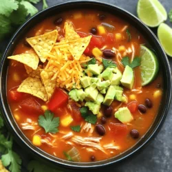 - 1 pound boneless, skinless chicken breasts - 4 cups chicken broth - 1 can (15 oz) diced tomatoes with green chilies - 1 can (15 oz) black beans, rinsed and drained - 1 can (15 oz) corn, drained - 1 medium onion, diced - 2 garlic cloves, minced - 1 tablespoon chili powder - 1 teaspoon cumin - 1 teaspoon smoked paprika - Salt and pepper to taste These basic ingredients build the hearty base for your soup. The chicken will add protein, while the beans and corn give it a nice texture. - 2 cups tortilla chips - 1 avocado, diced - 1 cup shredded cheese (cheddar or Mexican blend) - Fresh cilantro, chopped (for garnish) - Lime wedges (for serving) These extras make your soup shine. The tortilla chips add crunch. The avocado adds creaminess. Cheese brings a rich taste, and cilantro adds freshness. Lime juice gives it a zesty kick. - Slow cooker - Cutting board - Knife - Measuring cups and spoons - Shredding forks Having the right tools makes cooking easier. A slow cooker is key for this recipe. It helps blend all the flavors while you relax. Start by gathering your ingredients. You will need: - 1 pound boneless, skinless chicken breasts - 4 cups chicken broth - 1 can (15 oz) diced tomatoes with green chilies - 1 can (15 oz) black beans, rinsed and drained - 1 can (15 oz) corn, drained - 1 medium onion, diced - 2 garlic cloves, minced - 1 tablespoon chili powder - 1 teaspoon cumin - 1 teaspoon smoked paprika - Salt and pepper to taste - 2 cups tortilla chips - 1 avocado, diced - 1 cup shredded cheese (cheddar or Mexican blend) - Fresh cilantro, chopped (for garnish) - Lime wedges (for serving) Next, place the chicken breasts at the bottom of your slow cooker. Then, pour the chicken broth over the chicken. Add the diced tomatoes with green chilies, black beans, corn, diced onion, and minced garlic. Now, season the mix with chili powder, cumin, smoked paprika, salt, and pepper. Stir well to combine all the ingredients. For cooking, you have two options: low or high settings. If you choose the low setting, cover your slow cooker and let it cook for 6-8 hours. This method gives the flavors time to blend well. If you’re short on time, use the high setting. Cook for 3-4 hours instead. The chicken should be cooked through and tender in both cases. Once the cooking time is up, remove the chicken breasts. Use two forks to shred them into bite-sized pieces. Return the shredded chicken to the slow cooker and mix it well. Now, it’s time to serve! Ladle the soup into bowls and garnish it with tortilla chips, diced avocado, shredded cheese, and chopped cilantro. Don’t forget the lime wedges for a zesty finish! Enjoy your savory slow cooker chicken tortilla soup. When making slow cooker chicken tortilla soup, avoid these common errors: - Using frozen chicken: Always use fresh chicken for the best texture. - Not seasoning enough: The right spices make a big difference. Don’t skip the chili powder or cumin. - Skipping the broth: Chicken broth adds depth. Water just won’t work here. - Not shredding the chicken: Shred it before serving. This helps the chicken blend with the soup. To make your soup burst with flavor, try these tips: - Sauté onions and garlic: Before adding them, cook them in a pan for a few minutes. This adds sweetness. - Add lime juice: Squeeze fresh lime juice just before serving. It brightens the soup. - Garnish generously: Top with cilantro, avocado, and cheese. This adds richness and makes it look nice. Serving your soup with the right sides makes it even better. Here are some ideas: - Tortilla chips: Serve them on the side or crush them on top for crunch. - Fresh avocado: Diced avocado adds creaminess. It balances the spices well. - Cheese options: Use shredded cheddar or a Mexican blend. It melts nicely. - Lime wedges: Offer them on the side. A squeeze of lime adds a fresh kick. - Fresh cilantro: Sprinkle it on top for a pop of color and flavor. {{image_2}} You can easily make a vegetarian tortilla soup. Simply swap the chicken for 1 cup of diced tempeh or tofu. Use vegetable broth instead of chicken broth. Keep all other ingredients the same for great taste. This version is hearty and full of flavor. It’s perfect for vegetarians or anyone wanting a lighter meal. If you love heat, add more spices. Try 1 tablespoon of cayenne pepper or extra chili powder. You can also use hot diced tomatoes instead of regular ones. For an extra kick, add sliced jalapeños on top when serving. This will give your soup a nice spicy twist. Adjust the heat level to match your taste. Many ingredients can be swapped for dietary needs. Use low-sodium broth for a healthier soup. Swap black beans for pinto beans if you prefer. If you are lactose-free, use vegan cheese or skip it altogether. You can also use gluten-free tortilla chips. These swaps keep the soup delicious and fit for everyone. To store leftover soup, let it cool down. Then, pour it into an airtight container. Make sure to leave some space at the top. This helps the soup expand when frozen. Store your container in the fridge for up to three days. If you don’t eat it by then, it’s best to freeze it. For long-term storage, freezing is a great option. Use freezer-safe bags or containers. Divide the soup into portions that suit your needs. This way, you can thaw just what you want. Label the bags with the date. The soup can last up to three months in the freezer. Remember to lay the bags flat while freezing. This saves space and makes thawing easy. When you’re ready to enjoy the soup again, reheating is simple. If frozen, thaw the soup overnight in the fridge. You can also use the microwave for quick thawing. Heat the soup on the stove over medium heat. Stir often to avoid burning. Add a little water or broth if the soup is too thick. Serve hot, and enjoy the full flavor of your savory chicken tortilla soup. Cooking this soup takes about 6-8 hours on low heat or 3-4 hours on high heat. The chicken should be fully cooked and tender. If you are in a hurry, the high setting is a great option. For the best taste, I recommend the low setting. It allows the flavors to blend well. Yes, you can use frozen chicken. Just place it in the slow cooker without thawing. Increase the cooking time by about an hour on both settings. Frozen chicken works well because it cooks gently. Just make sure the chicken reaches 165°F for safety. To boost flavor, consider adding: - Fresh lime juice for brightness - Extra spices like cayenne for heat - Chopped jalapeños for a kick - Fresh herbs like oregano or thyme - A splash of hot sauce for a deeper flavor These additions can make your soup even more delicious. Experiment and find what you love! You learned how to make Slow Cooker Chicken Tortilla Soup. We covered ingredients, cooking steps, and important tips. Remember to avoid common mistakes for the best taste. Feel free to try variations to fit your diet needs. Store any leftovers wisely to keep them fresh. With these tips, you can easily enjoy this warm soup anytime. Now you have the skills to impress friends or family with a delicious meal. Dive in and enjoy every flavorful spoonful!
