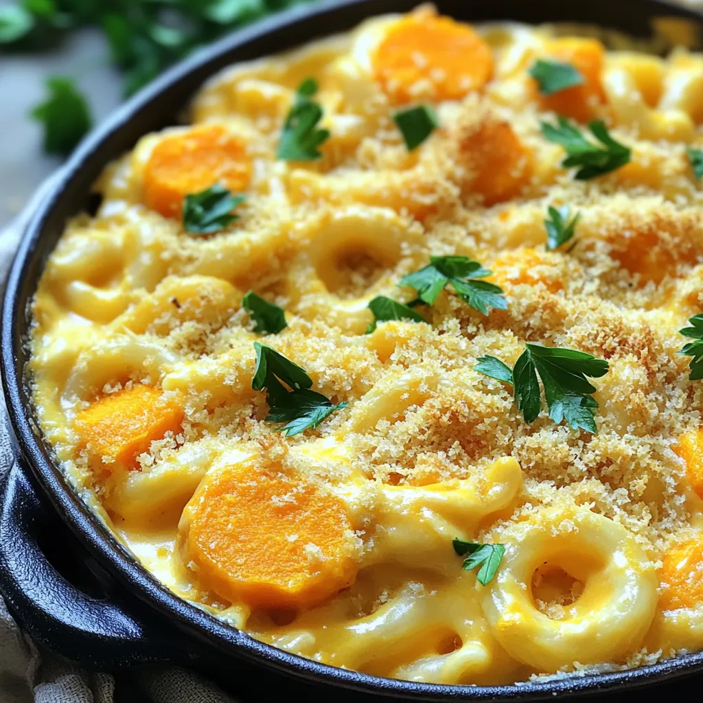 To make a tasty butternut squash mac and cheese bake, gather these key items: - 2 cups elbow macaroni - 2 cups butternut squash, peeled and diced - 2 tablespoons olive oil - 1 teaspoon garlic powder - 1 teaspoon onion powder - 1 teaspoon smoked paprika - 1/2 teaspoon salt - 1/4 teaspoon black pepper - 2 cups sharp cheddar cheese, shredded - 1 cup mozzarella cheese, shredded - 1 cup milk - 1/4 cup cream cheese - 1/2 cup breadcrumbs - Fresh parsley for garnish (optional) These ingredients create a creamy, cozy dish that blends classic mac and cheese with the sweet taste of butternut squash. The elbow macaroni provides a classic base, while the butternut squash adds a unique twist. With a mix of garlic, onion, and smoked paprika, the flavors deepen. The sharp cheddar and mozzarella cheeses melt together, making the dish rich and creamy. The breadcrumbs on top give a crunchy finish, creating a delightful contrast. You can add fresh parsley on top for a fresh look and taste. Each element plays an important role in making this dish a flavorful delight. First, you need to preheat your oven to 375°F (190°C). This sets the stage for a perfect bake. While the oven warms up, grab a medium pot. Fill it with water, add some salt, and bring it to a boil. Cook 2 cups of elbow macaroni according to the package directions. Once done, drain the macaroni and set it aside for later. Get a large saucepan and heat 2 tablespoons of olive oil over medium heat. Add 2 cups of peeled and diced butternut squash. Sauté this for about 5 to 7 minutes until the squash is fork-tender. Next, add 1 teaspoon of garlic powder, 1 teaspoon of onion powder, 1 teaspoon of smoked paprika, 1/2 teaspoon of salt, and 1/4 teaspoon of black pepper. Stir well to coat the squash with these spices. The aroma will be amazing! Now it's time to mix everything. Add the cooked macaroni to the squash mixture. Pour in 1 cup of milk and add 1/4 cup of cream cheese. Stir until the cream cheese melts and blends smoothly. Next, remove the saucepan from heat. Stir in 2 cups of shredded sharp cheddar and 1 cup of shredded mozzarella cheese until it all becomes creamy and delicious. Transfer the mac and cheese mixture into a greased 9x13 inch baking dish. This is where the magic happens! Sprinkle 1/2 cup of breadcrumbs evenly over the top. This will create a crispy layer when baked. Place the dish in your preheated oven. Bake for 20 to 25 minutes. Keep an eye on it. You want the top to turn golden brown and bubbly. After baking, let it cool for a few minutes before serving. Enjoy your flavorful butternut squash mac and cheese bake! To boost the taste of your butternut squash mac and cheese, try adding some herbs and spices. Here are a few great options: - Thyme: Adds a lovely earthy note. - Sage: Complements the squash very well. - Nutmeg: Just a pinch can bring warmth. - Cayenne: For a little heat, sprinkle a dash. These simple additions can elevate the dish and make it even more delicious. For a creamier texture, keep these tips in mind: - Use full-fat milk and cream cheese. This adds richness. - Stir the cheeses well until they completely melt. - Consider adding a bit more cream if you want it even creamier. The creaminess makes each bite feel indulgent and satisfying. To make this dish appealing to kids, try these ideas: - Use mild cheese instead of sharp cheddar. It’s less tangy. - Cut the butternut squash into tiny pieces. Kids may not notice it! - Add fun shapes of pasta. Kids love the look of star or shell shapes. These small changes can help get kids excited about eating their veggies! {{image_2}} You can switch up the cheese for fun flavors. Try gouda for a smoky taste. Fontina adds creaminess and richness. For a sharp bite, use pepper jack. You can even mix different cheeses for a unique blend. Just keep the total amount similar to the recipe. Want to make it heartier? Add cooked chicken, crispy bacon, or grilled tofu. Chicken works well with the creamy sauce. Bacon adds a nice crunch and salty flavor. For a plant-based choice, use tofu. Just cube it and sauté until golden before adding. You can easily make this dish vegetarian or vegan. For a vegetarian version, just skip the meat. Use all plant-based cheeses and milk for a vegan option. Nutritional yeast can add a cheesy flavor. Try coconut cream for a rich, creamy texture. To keep your butternut squash mac and cheese bake fresh, store it in an airtight container. Make sure to let it cool down first. This keeps moisture out and helps it last longer. Place the container in the fridge. It will stay good for about three to four days. If you want to save some for later, freezing is a great option. First, let the dish cool completely. Then, cut it into individual portions for easy reheating. Wrap each portion tightly in plastic wrap, then place them in a freezer-safe bag. When you are ready to eat, thaw it in the fridge overnight. Reheat it in the oven at 350°F (175°C) until warm. When kept in the fridge, your leftovers are good for about four days. If frozen properly, they can last up to three months. Always check for signs of spoilage, like a strange smell or color changes. This way, you ensure your meal stays tasty and safe to eat. Yes, you can! While elbow macaroni is a classic choice, you can use many other types of pasta. Here are a few great alternatives: - Shells: They hold onto the cheese sauce well. - Penne: This pasta has a nice bite and works great. - Fusilli: Its spiral shape adds fun texture. Feel free to choose what you like best. Just remember to cook it until al dente, so it stays firm when baked. Making this dish gluten-free is easy. Here are some tips: - Use gluten-free pasta: Many brands offer rice, corn, or quinoa options. - Check the cheese: Most cheeses are gluten-free, but always check labels. - Use gluten-free breadcrumbs: You can find these at many stores or make your own. These changes will keep the flavor while making it safe for those with gluten allergies. Absolutely! You can prepare this dish ahead of time. Here’s how: 1. Cook the macaroni and squash as per the recipe. 2. Mix all the ingredients together in a baking dish. 3. Cover it with foil and store it in the fridge for up to 24 hours. 4. When ready to bake, preheat your oven and remove the foil. 5. Bake as instructed, adding a few extra minutes if it’s cold. This makes it perfect for busy nights or when you have guests coming over. Enjoy the taste of comfort food without the last-minute rush! This blog post covers a delicious butternut squash mac and cheese bake. You learned about key ingredients like elbow macaroni, cheeses, and seasonings. The step-by-step guide ensures perfect preparation and baking. I shared tips to enhance flavor, achieve creaminess, and offer kid-friendly options. You can explore variations, including vegetarian options and protein additions. Lastly, I provided storage tips to keep leftovers fresh. Enjoy experimenting with this recipe, and make it your own! Your meal will delight everyone around the table.