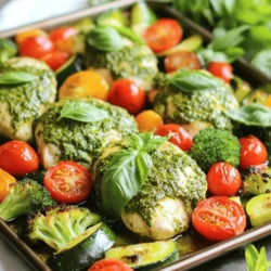 - 4 boneless, skinless chicken breasts - 1 cup basil pesto (store-bought or homemade) - 2 cups cherry tomatoes, halved - 2 cups broccoli florets - 1 red bell pepper, sliced - 1 medium zucchini, sliced - 3 tablespoons olive oil - Salt and pepper to taste - Fresh basil leaves for garnish (optional) Gather these ingredients before you start. Each one plays a key role in making this dish tasty and colorful. The chicken provides protein, while the veggies add nutrition and crunch. Pesto brings a great flavor that ties everything together. You can use store-bought pesto or make your own if you prefer. Make sure your chicken breasts are fresh. They should be boneless and skinless, which helps them cook evenly. The cherry tomatoes add sweetness, and the broccoli gives a nice green touch. Red bell pepper and zucchini not only add color but also a great texture. Olive oil helps everything roast well, and salt and pepper enhance the flavors. Having fresh basil on hand for garnish can make your dish look even better. It adds a lovely aroma and a pop of color. Now that you have your list, you’re ready to whip up a delicious meal! First, take your chicken breasts and place them in a large bowl. Pour the basil pesto over the chicken. Make sure every piece is covered. This is where the flavor begins! Let the chicken marinate for 15 minutes. This step helps the chicken soak up the tasty pesto. While the chicken marinates, wash your vegetables. Slice the cherry tomatoes, broccoli, bell pepper, and zucchini. Next, toss these veggies in another bowl with olive oil, salt, and pepper. This mix adds flavor and helps them roast nicely. Now it's time to bake. Preheat your oven to 400°F (200°C). Line a large baking sheet with parchment paper. This helps with easy cleanup later. Place the marinated chicken in the center of the sheet. Then, arrange the veggies around the chicken in a single layer. Bake everything in the preheated oven for 25-30 minutes. You want the chicken to reach 165°F (75°C) and the veggies to be tender yet bright. If you want a golden finish, broil the dish for an extra 2-3 minutes. This step gives it a lovely color. Once done, take it out and let it rest for 5 minutes. This helps the juices settle. - To ensure your chicken is safe to eat, check that it reaches 165°F. Use a meat thermometer for accuracy. This step is key to keeping your meal healthy. - For tender and vibrant veggies, avoid overcooking. Bake them just until they are tender. The colors should stay bright and fresh. Tossing them in olive oil helps lock in moisture and flavor. - Serve the dish directly from the sheet pan. This method keeps it casual and fun. It also makes cleanup easier, which is a bonus! - Add fresh basil leaves for garnish. This small touch brings extra flavor and color. It makes your dish look even more inviting. Enjoy the aroma as you serve! {{image_2}} You can change the veggies for this dish based on what you have. Seasonal vegetables like asparagus or green beans add freshness. You can also use sweet corn for a pop of color. Adding different colored bell peppers brightens the dish. Yellow and green peppers not only look good but also add a sweet crunch. If you want to swap the chicken, there are tasty options. Shrimp cooks quickly and soaks up the pesto flavor well. Tofu is a great choice too. It absorbs flavors and is perfect for a plant-based meal. Just make sure to press the tofu first to remove excess water. You can make this dish even tastier with a few simple tweaks. Adding lemon juice or zest gives a nice bright taste. It cuts through the richness of the pesto. You can also explore different pesto varieties. Try sun-dried tomato pesto or arugula for a unique twist. Each type will bring its own flavor to the dish. To store leftovers, let the dish cool first. Place it in an airtight container. This keeps flavors fresh. You can store it in the fridge for up to 3 days. If you want to enjoy it later, make sure to check for any signs of spoilage before eating. For freezing, let the dish cool completely. Cut the chicken and veggies into portions. Place them in freezer-safe bags or containers. This helps save space and keeps them fresh. You can freeze it for up to 3 months. To thaw, move it to the fridge overnight. For reheating, warm it in the oven at 350°F (175°C) until heated through. You can also use the microwave, but the oven gives better texture. Yes, you can use homemade pesto. It often tastes fresher. Homemade pesto lets you control the flavors. You can add more garlic or nuts if you like. Store-bought pesto is quick and easy. Both options work well in this dish. If you have time, try making your own. You can use many other vegetables. Carrots, asparagus, or green beans are great choices. Swap out the zucchini for yellow squash. Cauliflower florets add a nice crunch. Feel free to mix and match based on what you have. Seasonal veggies can also bring new flavors. To check chicken doneness, use a meat thermometer. The safe internal temperature is 165°F (75°C). Insert the thermometer into the thickest part of the chicken. If you don’t have one, cut into the chicken. It should be white, not pink. Let the chicken rest for a few minutes after cooking. This helps the juices stay inside. This recipe lets you create a simple and tasty dish with chicken and veggies. You learned how to prepare and bake your meal while keeping the steps easy to follow. Remember, you can swap vegetables and proteins to suit your taste. Use the tips for cooking safely and serving well. Enjoy your flavorful dinner, and don't forget to share your results! Cooking should be fun, and this dish makes it easy to be creative.