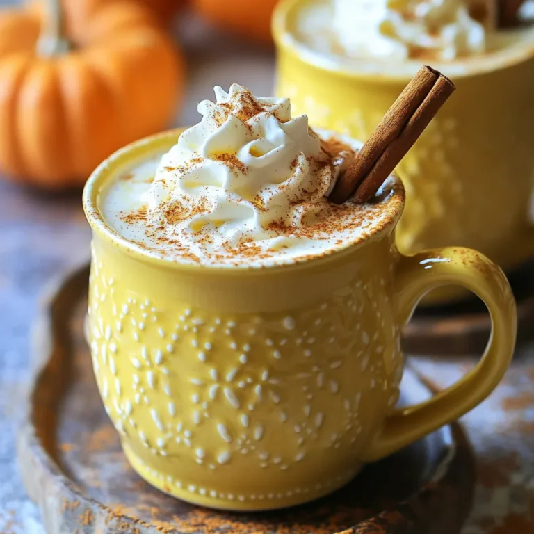 To make Pumpkin Spice White Hot Chocolate, you need a few simple ingredients. Each one adds flavor and richness to this cozy drink. Here’s what you will need: - 2 cups whole milk - 1 cup heavy cream - 1 cup white chocolate chips - 1/2 cup pumpkin puree - 1 teaspoon pumpkin pie spice - 1/2 teaspoon vanilla extract - Whipped cream for topping - Cinnamon sticks for garnish Whole milk and heavy cream create a creamy base. The white chocolate chips make it sweet and smooth. Pumpkin puree adds a rich, fall flavor. Pumpkin pie spice gives it warmth and spice. Vanilla extract adds a touch of sweetness. Finally, whipped cream and cinnamon sticks make the drink look and taste festive. Gather these ingredients, and you’ll be ready to create a warm and comforting treat. Each sip will remind you of cozy autumn days. Enjoy the process of making it as much as you enjoy drinking it! Start by taking a medium saucepan. Pour in 2 cups of whole milk and 1 cup of heavy cream. Heat it over medium heat. Stir gently. We want this mixture warm, not boiling. Heat it just enough to feel warm to the touch. Next, add 1 cup of white chocolate chips to your warm mixture. Stir slowly until the chips melt. Keep stirring until the mix is smooth. This will form a rich base for your drink. Now it’s time to bring in the flavor. Whisk in 1/2 cup of pumpkin puree. This adds that lovely fall taste. Then, sprinkle in 1 teaspoon of pumpkin pie spice and 1/2 teaspoon of vanilla extract. Keep whisking for a couple more minutes. This will help the flavors blend well. Once everything is heated and combined, remove the saucepan from the heat. Your pumpkin spice white hot chocolate is ready to pour into mugs! When picking white chocolate, look for high-quality brands. A good choice has cocoa butter as the main ingredient. This ensures a rich and creamy flavor. Avoid white chocolate with fillers or artificial flavors. These can ruin the smooth taste of your drink. I like using Ghirardelli or Guittard. They melt well and add great taste. You can change the sweetness to fit your taste. If you like it sweeter, add more white chocolate chips. If you prefer less sweetness, use less chocolate. You can also adjust the pumpkin pie spice. Start with a half teaspoon, then add more if you want stronger flavor. Taste your drink as you go. This way, you can find your perfect balance. Serve your pumpkin spice white hot chocolate in fun mugs. Use holiday-themed mugs for a cozy vibe. Top with whipped cream and sprinkle some pumpkin pie spice. Add a cinnamon stick for stirring and extra flavor. You can also serve it with cookies or pastries. This makes it a perfect treat for gatherings or movie nights. Enjoying it by the fire adds to the warmth of the season! {{image_2}} You can easily make pumpkin spice white hot chocolate dairy-free or vegan. Use almond milk or oat milk instead of whole milk and heavy cream. For a creamy texture, add coconut cream. Replace white chocolate chips with dairy-free chocolate chips. This way, you still enjoy a rich and tasty drink. Want to switch things up? Try adding a splash of maple syrup. It gives a sweet twist. You can also mix in some caramel sauce for a fun flavor. If you love chocolate, add cocoa powder or dark chocolate chips. Each option creates a unique drink that you will love. Garnishes can make your drink look special. Use crushed graham crackers on top for a s'mores vibe. Add a sprinkle of nutmeg or a few chocolate shavings for extra flair. You can even use a candy cane during the holidays for a festive touch. These little details make your pumpkin spice white hot chocolate feel extra cozy. To store leftover pumpkin spice white hot chocolate, let it cool first. Pour the drink into an airtight container. Seal it well to keep out air. Place the container in the fridge. It will stay fresh for up to three days. Always label the container with the date. When you want to enjoy your leftover drink, pour it into a saucepan. Heat it on low. Stir it gently to avoid burning. You can also use the microwave. Warm it in short bursts, stirring between each burst. This keeps the hot chocolate smooth and creamy. If you want to freeze your pumpkin spice white hot chocolate, use freezer-safe containers. Leave some space at the top. This allows for expansion as it freezes. It can last in the freezer for up to one month. When ready to use, thaw it in the fridge overnight. Then, reheat it gently before serving. Yes, you can make pumpkin spice white hot chocolate ahead of time. Just follow the recipe and store it in the fridge. When you want to enjoy it, reheat gently on the stove. Stir well to mix everything again. This drink tastes best fresh, but you can keep it for up to three days. If you want a change, you can use milk chocolate or dark chocolate. These will give a richer taste, but they might alter the color. You can also try using sweetened condensed milk. It adds a creamy texture and sweetness. Just adjust the sugar in the recipe since it’s already sweet. To make pumpkin spice white hot chocolate spicier, add more pumpkin pie spice. Start with an extra half teaspoon and taste. You can also add a pinch of cayenne pepper for a kick. Mix well and enjoy the warmth. Remember, you can always add more spice, but it’s hard to take it out! This blog post shared a simple, fun recipe for a creamy pumpkin drink. You learned about the key ingredients, including whole milk, heavy cream, and delicious pumpkin puree. I walked you through the steps to make this treat, shared helpful tips, and offered tasty variations. Remember, making this drink your own is easy! Adjust sweetness and spice to your liking. Try different toppings or make it dairy-free. Enjoy your festive drink and impress everyone with your skills. Happy sipping!