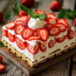 You need 2 cups of fresh strawberries for this cake. Start by hulling them. Then, slice them into small pieces. This will help release their sweet flavor. Add 1 tablespoon of granulated sugar to the strawberries. Mix them well and let them sit for about 10-15 minutes. This process makes the strawberries juicy and syrupy, perfect for our cake. You will use 1 package, which is 14 ounces, of graham crackers. These crackers form the base of your cake. They give a wonderful crunch and flavor. Make sure to break them into rectangular pieces to fit nicely in your dish. They will soften as the cake chills, creating a nice layer. For the whipped cream, gather 2 cups of heavy whipping cream. This is the star of the cake! You’ll also need 1/2 cup of powdered sugar. This sugar adds sweetness and helps the cream hold its shape. Finally, add 1 teaspoon of vanilla extract for extra flavor. Whipping cream takes time, so be patient. You want it fluffy and thick for the best taste. Start by washing the strawberries. Remove the green tops and slice them. Place the sliced strawberries in a bowl. Add one tablespoon of granulated sugar. Mix them gently. Let them sit for 10 to 15 minutes. This helps the strawberries release juice. You’ll see them become syrupy and sweet. This syrup adds flavor to the cake. Grab a separate bowl for the cream. Pour in two cups of heavy whipped cream. Start whipping it with a mixer on medium speed. As it thickens, add half a cup of powdered sugar. Don’t forget to add one teaspoon of vanilla extract. Keep whipping until you see stiff peaks. This means the cream is ready. It should be fluffy and thick, perfect for layering. Now, take a 9x13-inch dish. Layer the bottom with graham crackers. Make sure to cover the entire base. Next, spread a layer of whipped cream on top. Use a spatula to smooth it out evenly. Then, scatter some of the syrupy strawberries over the cream. Repeat this process. Alternate layers of graham crackers, whipped cream, and strawberries. Finish with a final layer of whipped cream. Top it with extra strawberries for a nice look. Cover the dish with plastic wrap. Chill it in the fridge for at least four hours. This will let the flavors blend well. When ready to serve, add fresh mint leaves on top for a pop of color. To make the best whipped cream, start with cold ingredients. Chill your bowl and beaters for about 10 minutes. This helps the cream whip up better. Use heavy whipped cream for a rich taste. Add powdered sugar slowly while mixing. This helps it blend well and not clump. Whip until you see stiff peaks. This means the cream will hold its shape. Don’t over-whip, or it can turn into butter. When layering, start with a solid base of graham crackers. Make sure they cover the entire bottom of your dish. Spread whipped cream evenly on top of the crackers. Don’t rush this step; a smooth layer looks best. Add strawberries in a thin, even layer. Repeat this process. You can make as many layers as you like. Just remember that the top should end with whipped cream. This makes for a pretty finish. For serving, cut the cake into neat squares. Use a sharp knife to get even slices. Place each square on a dessert plate. Drizzle some strawberry syrup around the cake for flair. Garnish with fresh mint leaves on top for a pop of color. This adds a fresh taste too. You can also serve with extra strawberries on the side. {{image_2}} You can switch up flavors in this cake. Instead of strawberries, try peaches or blueberries. Use the same method for macerating the fruit. You can also add lemon zest to the whipped cream. This gives a nice, fresh taste. Experimenting with flavors makes this cake fun and unique. Mixing berries adds color and taste. Raspberries, blackberries, and even mixed berries work well. Each berry brings its own sweetness and tartness. Just remember, if you use tart berries, you might want more sugar. This will balance the flavors nicely. If you need a gluten-free cake, swap graham crackers for gluten-free cookies. Look for brands that have a similar texture. You can also use almond flour or coconut flour to make your own. This way, everyone can enjoy a slice. To keep your No-Bake Strawberry Shortcake Icebox Cake fresh, store it in the fridge. Cover the dish tightly with plastic wrap to prevent it from absorbing odors. This cake needs to chill for at least four hours, but overnight is best. The longer it sits, the better the flavors blend. You can freeze this cake if you want to save some for later. To do this, cut the cake into squares. Wrap each piece in plastic wrap and then in aluminum foil. This prevents freezer burn. When you're ready to eat, thaw it in the fridge overnight. This cake lasts for about 3-4 days in the fridge. After that, the texture may change. If you freeze it, it can last for up to three months. Just remember that freezing may change the texture of the strawberries when thawed. Enjoy every bite while it’s fresh! Yes, you can use frozen strawberries. Just thaw them first. Frozen strawberries may have more juice. Drain extra liquid before mixing with sugar. This way, your cake won’t be soggy. The cake needs to chill for at least 4 hours. I recommend letting it chill overnight. This helps the flavors blend well. The graham crackers will soften, creating a better texture. If you want a change, try using vanilla wafers or sponge cake. Both options work well. They will give a different taste and texture. You can also use crushed cookies for fun flavors. This blog post covered how to make a delicious berry cake. We started with key ingredients: fresh strawberries, graham crackers, and whipped cream. Next, I shared steps for preparing the strawberries, whipping the cream, and assembling the cake. Don’t forget my tips for perfecting layers and fresh ideas for unique flavors. Finally, we discussed storage options to keep your cake fresh. I hope you enjoy making this cake and experimenting with variations. With simple steps, you'll impress your friends and family with a tasty treat!
