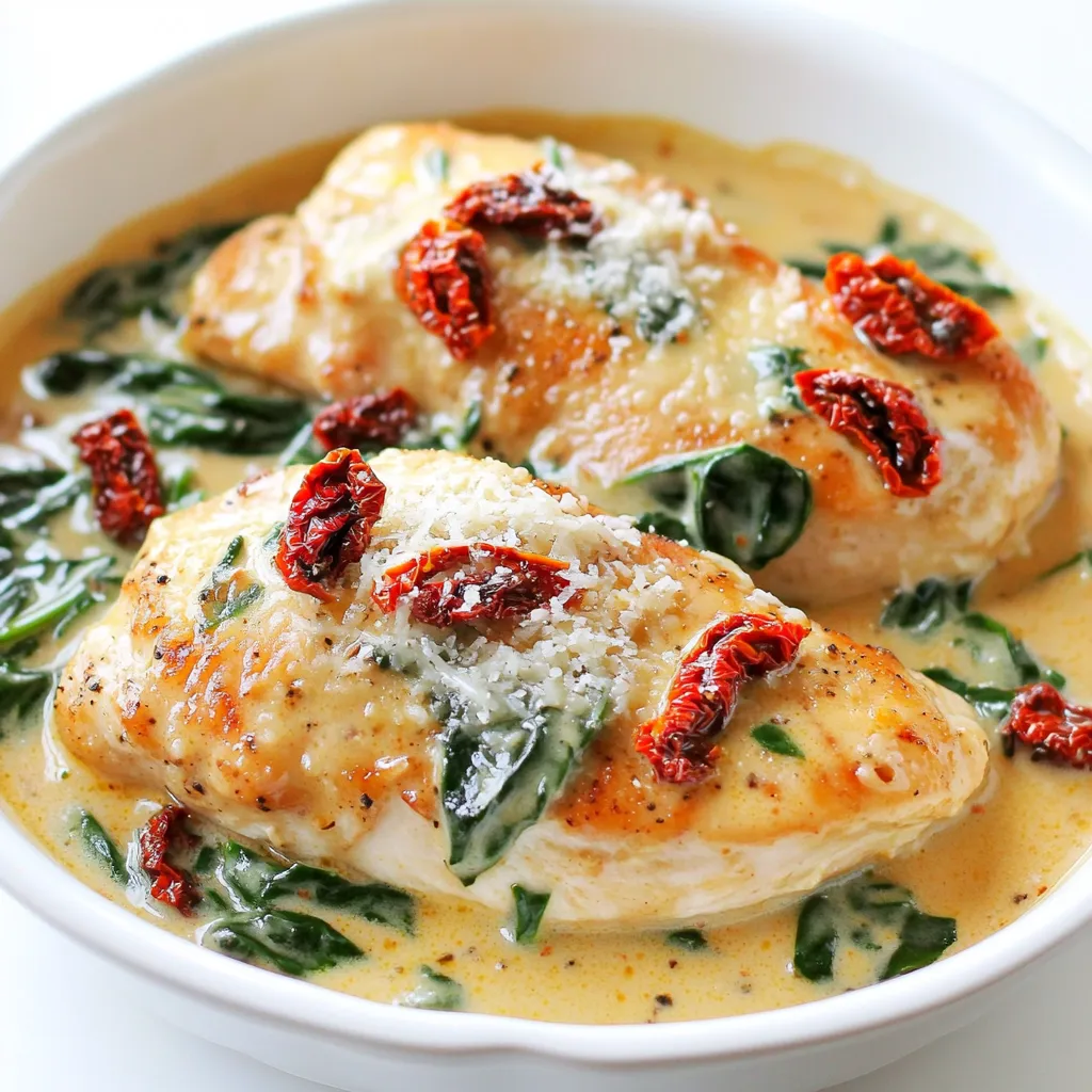 - 4 boneless, skinless chicken breasts - 1 cup sun-dried tomatoes, chopped - 3 cups fresh spinach, packed - 1 medium onion, diced - 4 cloves garlic, minced - 1 cup low-sodium chicken broth - 1 cup heavy cream or coconut cream for a dairy-free option - 1 teaspoon Italian seasoning - ½ teaspoon red pepper flakes (adjust to taste) - Salt and black pepper to taste - 2 tablespoons olive oil To make this dish shine, I focus on fresh, high-quality ingredients. The chicken provides a hearty base. Sun-dried tomatoes add a sweet and tangy flavor. Fresh spinach gives a nice color and nutrition boost. Onions and garlic bring depth to the sauce. - Grated Parmesan cheese for topping (optional) - Fresh basil for garnish (optional) For a creamy finish, I love adding grated Parmesan on top. It melts beautifully and adds richness. Fresh basil is another favorite of mine. It brightens the dish and adds a burst of freshness. You can mix and match these toppings based on your taste. Searing the Chicken Breasts Searing the chicken adds great flavor. Heat olive oil in a skillet over medium. Season the chicken breasts with salt and pepper. Cook them for 2 to 3 minutes on each side. You want a nice golden color. Seasoning Tips Keep your seasoning simple. Use salt and pepper to taste. Feel free to add Italian seasoning for extra flavor. This will enhance the dish and bring out the best in the chicken. Layering the Ingredients Start by placing the seared chicken in the slow cooker. Next, add chopped sun-dried tomatoes and diced onion on top. Then, sprinkle minced garlic and red pepper flakes over everything. Adding Liquids and Seasonings Pour in the chicken broth, covering the ingredients well. Then add the heavy cream. This creates that creamy texture. Finish by sprinkling Italian seasoning on top of everything. Low vs. High Cooking Settings You can cook this dish on low for 6 to 8 hours. If you are short on time, use the high setting for 3 to 4 hours. Both methods yield tender chicken. Checking for Doneness To check if the chicken is done, use a meat thermometer. It should read 165°F (75°C). If you don’t have one, cut into the chicken. It should be no longer pink inside. Incorporating Spinach About 30 minutes before serving, add fresh spinach. Gently stir it into the sauce. The spinach will wilt nicely and add color to the dish. Adjusting Seasoning Before serving, taste the dish. Adjust salt and pepper if needed. This step ensures that every bite is full of flavor. Serve the creamy Tuscan chicken over pasta or rice. Enjoy! - Recommended Seasonings: Use Italian seasoning and red pepper flakes. They bring warmth and flavor. Adjust red pepper flakes to your taste. A bit more will give you some heat. - Balancing Creaminess: To enhance creaminess, use heavy cream or coconut cream. Both make the sauce rich and silky. If you want a lighter dish, add more chicken broth. - Ensuring Even Cooking: Cut the chicken into smaller pieces. This helps them cook evenly. Layer the ingredients correctly in your slow cooker for even heat. - Avoiding Overcooking: Keep an eye on the time. Cooking too long can dry out the chicken. Check it at the lower end of the cooking time range. - Garnishing Suggestions: Top your dish with grated Parmesan cheese. Fresh basil adds a nice touch. Both enhance the visual appeal and flavor. - Serving Options: Serve the chicken over pasta or rice. Crusty bread on the side is perfect for soaking up the sauce. Use shallow bowls to show off the beautiful colors. {{image_2}} Using Coconut Cream for Dairy-Free If you want a dairy-free option, use coconut cream. It gives the dish a rich flavor. The coconut cream blends well with the other ingredients. You won’t miss the heavy cream. It adds a nice touch and keeps it creamy. Substituting Chicken with Turkey or Tofu You can swap chicken for turkey or tofu. Turkey works great and keeps it lean. Tofu is a perfect choice for a plant-based meal. Just make sure to press the tofu to remove excess water first. This helps it absorb the flavors better. Sun-Dried Tomatoes Alternatives If you don’t have sun-dried tomatoes, try roasted red peppers. They add a sweet and smoky flavor. You can also use fresh tomatoes, but add them earlier to cook down. This way, they blend well with the sauce. Other Leafy Greens Options Spinach is tasty, but you can use kale or Swiss chard too. Both greens add great texture and nutrients. Just chop them up and stir them in during the last 30 minutes. They will wilt nicely into the sauce. Accompaniments to Enjoy This creamy Tuscan chicken pairs well with pasta, rice, or crusty bread. Pasta soaks up the sauce, making each bite delightful. Rice offers a hearty base, while bread is great for dipping. Sides that Complement the Dish Serve with a fresh salad or roasted vegetables. A crisp salad brightens up the meal. Roasted veggies add color and flavor. Try zucchini or bell peppers for a tasty side. To store leftovers, let the creamy Tuscan chicken cool down. Place it in an airtight container. This helps keep the flavors fresh. You can store it in the fridge for up to three days. When ready to eat, check the smell and look for any changes before reheating. For freezing, use freezer-safe bags or containers. Make sure to remove as much air as possible. This helps prevent freezer burn. You can freeze the dish for up to three months. To thaw, move it to the fridge overnight. For reheating, warm it on the stove over low heat. Stir gently to mix the sauce back in. You can also use the microwave. Just heat in short bursts, stirring in between. In the fridge, the creamy Tuscan chicken lasts about three days. In the freezer, it can stay good for up to three months. Always check for signs of spoilage, like off smells or changes in texture, before enjoying your leftovers. This way, you can savor each bite safely! For reheating, you have a few good options: - Microwave: Place the chicken in a microwave-safe dish. Cover it with a lid or damp paper towel. Heat for 1-2 minutes, stirring halfway. - Stovetop: In a pan, add the chicken and a splash of broth. Heat over low until warmed through. - Oven: Preheat to 350°F. Place the chicken in a baking dish, cover with foil, and heat for 20-30 minutes. These methods keep the chicken moist and tasty. Yes, making this dish ahead of time works well. Here are some tips: - Cook and Store: Prepare the slow cooker creamy Tuscan chicken. Once done, let it cool, then cover and store in the fridge. - Reheat Later: You can reheat it using the methods mentioned above. This dish tastes even better the next day! Meal prep saves time and gives you a tasty meal ready to eat. To add some heat, here are a few ideas: - Red Pepper Flakes: Increase the amount to 1 teaspoon or more, based on your taste. - Hot Sauce: Add a few dashes of your favorite hot sauce to the sauce. - Fresh Jalapeños: Chop and add them to the slow cooker for a fresh kick. These options let you customize the spice level to your liking. Yes, slow cooker creamy Tuscan chicken can be gluten-free. Here’s how: - Broth Choice: Use low-sodium chicken broth that is gluten-free. - Seasonings: Check that your Italian seasoning does not contain gluten. This dish is a great choice for those with gluten sensitivities. This guide covered everything you need to create a delicious slow cooker creamy Tuscan chicken. You learned about the main ingredients, prep tips, and cooking methods. We discussed helpful variations and storage advice to keep your dish fresh. Remember, the key to a great meal lies in flavor balance and presentation. Enjoy experimenting with ingredients and serving options to make it your own. This dish is simple yet packed with flavor. Happy cooking!