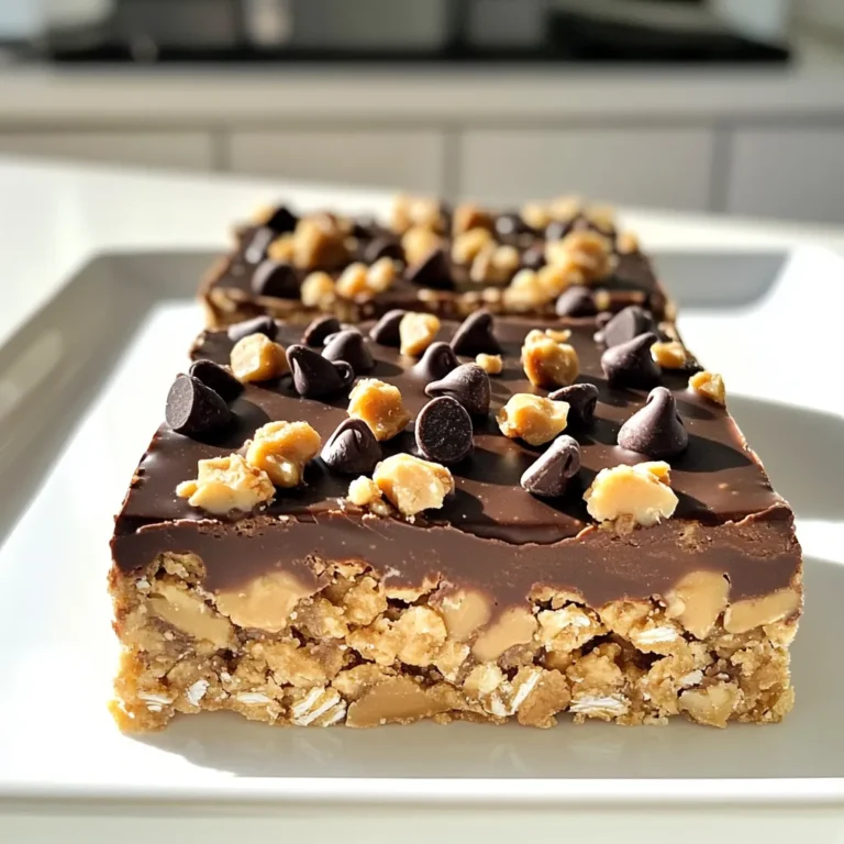 To make these tasty bars, gather these key ingredients: - 1 cup rolled oats - 1 cup natural peanut butter (smooth or crunchy) - 1/2 cup honey or maple syrup - 1/2 cup dark chocolate chips - 1/4 cup unsweetened cocoa powder - 1/4 teaspoon salt - 1 teaspoon vanilla extract These ingredients come together to create a rich, sweet, and nutty flavor. The rolled oats give you a chewy texture, while peanut butter adds creaminess. Honey or maple syrup provides the right amount of sweetness to balance the cocoa powder and dark chocolate chips. You can add more fun with these optional toppings: - Crushed nuts - Shredded coconut - Extra chocolate chips These toppings not only enhance the flavor but also add crunch. You can mix and match your favorites to personalize your bars. These bars are not just tasty; they also pack a nutritional punch. Each serving contains: - Calories: About 180 - Protein: 5 grams - Carbohydrates: 20 grams - Fiber: 3 grams - Sugar: 8 grams This makes them a great snack for energy. They provide healthy fats from the peanut butter and fiber from the oats. Enjoy these bars as a quick breakfast or a post-workout treat! Start by gathering your dry ingredients. In a medium bowl, add 1 cup of rolled oats, 1/4 cup of unsweetened cocoa powder, and 1/4 teaspoon of salt. Mix them together well. This step is crucial. It helps blend the flavors and ensures even taste in every bite. Make sure there are no lumps in the cocoa powder. For the peanut butter mixture, grab a microwave-safe bowl. Add 1 cup of natural peanut butter and 1/2 cup of honey or maple syrup. Heat this mixture in the microwave for about 30 seconds. It should be warm and slightly melted. Stir until smooth and well combined. Then, mix in 1 teaspoon of vanilla extract. This adds a nice flavor note. Now it's time to combine everything. Pour the peanut butter mixture into the bowl with the dry ingredients. Stir well until the oats are completely coated. Next, fold in 1/2 cup of dark chocolate chips. They add rich flavor and texture. Line an 8x8 inch square pan with parchment paper, leaving some overhang on the sides. Transfer the oat mixture into the pan. Press it firmly and evenly with a spatula. If you like, add toppings like crushed nuts or more chocolate chips. Press them lightly into the mixture. Refrigerate for at least 1-2 hours, until firm. Once set, lift the bars out using the parchment paper and cut them into squares or bars. Enjoy! To keep your no-bake peanut butter chocolate oat bars fresh, store them in an airtight container. I recommend placing a layer of parchment paper between layers if you stack them. This keeps them from sticking. You can store them at room temperature for a few days. If you want them to last longer, keep them in the fridge. They stay good for about a week. For the best texture, use rolled oats, not quick oats. They give the bars a nice chew. When mixing, make sure the peanut butter and honey are warm. This helps them blend smoothly with the dry ingredients. Press the mixture firmly into the pan. This helps the bars hold their shape once they set. If the bars feel too soft after refrigerating, they need more time to chill. One common mistake is not measuring the ingredients correctly. Too much peanut butter can make the bars too sticky. Too little honey can make them dry. Always use a proper measuring cup. Another mistake is not pressing the mixture down firmly. If you don’t, the bars may crumble when you cut them. Lastly, don’t skip the refrigeration step. Letting them chill is key for the right consistency. {{image_2}} You can change the flavor of these bars easily. Swap peanut butter for almond or cashew butter. This gives a new taste. Add-ins can also make a big difference. Try adding dried fruits like raisins or cranberries. You can mix in seeds like chia or flaxseeds for extra crunch. For chocolate lovers, add more chocolate chips. You can even drizzle melted chocolate on top. If you want a vegan option, use maple syrup instead of honey. Also, make sure your chocolate chips are dairy-free. With these swaps, you can enjoy these bars without animal products. They taste just as good and are still healthy. These bars are great as a snack or dessert. I love serving them with a glass of almond milk. You can also pack them for lunch or take them on a hike. For a fun twist, cut them into shapes using cookie cutters. Serve them on a nice plate for a party. These bars are simple yet satisfying. Store your No Bake Peanut Butter Chocolate Oat Bars in an airtight container. This keeps them fresh and prevents them from drying out. If you stack the bars, use parchment paper between layers to avoid sticking. A cool, dry place works best. For longer freshness, the fridge is ideal. You can freeze these bars for later use. First, wrap each bar in plastic wrap. Then, place them in a freezer-safe bag or container. This helps avoid freezer burn. They stay good for about three months in the freezer. When you're ready to eat, just thaw them in the fridge or at room temperature. When stored in the fridge, these bars last up to one week. If kept at room temperature, their shelf life drops to about three days. Always check for any signs of spoilage before eating. If they look or smell off, it’s best to toss them. Yes, you can use different sweeteners. Maple syrup works great. You can also try agave syrup. Each option gives a unique flavor. Just keep the same amount as honey. Adjust based on your taste. To make these bars gluten-free, use certified gluten-free oats. Regular oats may have gluten. Check the label to be sure. The rest of the ingredients are naturally gluten-free. This makes the bars safe for those with gluten issues. If you want to swap peanut butter, try almond butter or sunflower seed butter. Both options give a nice taste. They will change the flavor a bit but still taste great. Use the same amount as peanut butter in the recipe. These bars can last about one week in the fridge. Store them in an airtight container. This keeps them fresh and tasty. For longer storage, consider freezing them. In this blog post, we explored how to make peanut butter bars. We covered the main and optional ingredients, plus their nutrition. You learned step-by-step instructions for preparing and combining ingredients. I shared tips for perfect texture and how to store your bars. We also discussed tasty variations and best storage practices. Remember, making these bars is fun and easy. With a few tweaks, you can enjoy healthy snacks that fit your taste. Happy baking!