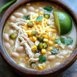 - 2 lbs boneless, skinless chicken breasts - 1 can (15 oz) white beans, drained and rinsed - 1 can (15 oz) corn, drained - 1 small onion, diced - 2 cloves garlic, minced - 2 green chilies, diced The main ingredients of this dish create a hearty base. Chicken breasts give the chili its protein and flavor. White beans offer creaminess and fiber. Corn adds a sweet crunch and color. Aromatics like onion and garlic bring a fragrant note to the mix. I always dice my onion small for better blending. The garlic should be minced finely to spread its flavor. - 1 teaspoon ground cumin - 1 teaspoon chili powder - ½ teaspoon smoked paprika - Salt and pepper to taste Spices are key to making this chili pop. Ground cumin gives a warm, earthy taste. Chili powder adds heat and depth. Smoked paprika adds a subtle smokiness, enhancing the overall flavor. Salt and pepper balance all the tastes. Always taste as you go, adjusting to your liking. - 1 cup sour cream - 1 cup shredded Monterey Jack cheese - Fresh cilantro and lime wedges Garnishes are what make this chili shine. Sour cream adds creaminess and cuts the spice. Shredded Monterey Jack cheese melts beautifully on top. Fresh cilantro gives a burst of freshness. Lime wedges are perfect for adding a zing right before you eat. Each bite should be a mix of warmth and bright flavors. First, I place the chicken breasts at the bottom of the slow cooker. This helps the chicken cook well and soak up all the flavors. Next, I add the diced onion, minced garlic, green chilies, white beans, and corn on top of the chicken. This layering gives the chili its rich texture. Now comes the fun part: seasoning the mixture. I sprinkle ground cumin, chili powder, smoked paprika, salt, and pepper evenly over the ingredients. These spices bring warmth and depth to our dish. For cooking times, I have two choices. If I set the slow cooker to low, it takes about 6 to 7 hours. On the high setting, it cooks in about 3 to 4 hours. Either way, I wait until the chicken is cooked through and tender. To check for doneness, I look for the chicken to be white and easy to shred. A simple fork test helps me confirm this. Once cooked, I take the chicken breasts out of the slow cooker. I use two forks to shred the chicken into bite-sized pieces. Then, I return the shredded chicken back to the slow cooker. Now, I stir in the sour cream and half of the shredded cheese until everything is well mixed. I let it cook for an additional 10 to 15 minutes to warm through. Before serving, I taste the chili and adjust the seasoning if needed. This ensures the flavors shine bright! To boost the spice in your chili, add more green chilies or a pinch of cayenne pepper. You can also try using jalapeños for a fresh kick. If you want a milder taste, remove the seeds from the chilies. For a twist, swap out the white beans for black beans or pinto beans. You can also use chicken thighs instead of breasts for a richer flavor. Layering your ingredients is key. Start with the chicken at the bottom, then add the beans, corn, and spices. This way, the chicken cooks evenly and absorbs all the flavors. To keep your chili moist, make sure all ingredients are covered with broth. If you find it too thick, you can always add a splash of water or broth during cooking. When serving, use deep bowls to hold all the goodness. Top the chili with extra shredded cheese and a sprinkle of fresh cilantro. A lime wedge on the side adds a zesty touch. You can also pair it with warm tortilla chips or cornbread for a fun crunch. This chili is perfect for gatherings, so set up a toppings bar with sour cream, cheese, and fresh herbs for guests to customize their bowls. {{image_2}} You can make this white chicken chili lighter. Use low-fat sour cream instead of regular. You can also try low-fat cheese for fewer calories. Adding more vegetables boosts the health factor too. Think about spinach, zucchini, or bell peppers. They add color and flavor. Plus, they make the chili more filling. Change things up with different beans or proteins. Black beans or pinto beans work well. You could even use turkey instead of chicken. Want some heat? Add jalapeños or use hot green chilies. For a milder taste, skip the spicy peppers. You can adjust the chili powder too. It’s all about what you like best. If you need gluten-free options, this recipe fits! Just check your broth and other ingredients. Many brands offer gluten-free choices. For a vegetarian version, swap the chicken for extra beans or lentils. You can also use vegetable broth for depth. This chili can fit many dietary needs while still being tasty. To store your white chicken chili, let it cool first. Place it in an airtight container. This keeps it fresh and safe in the fridge. You should use it within 3 to 4 days. This way, you enjoy the best flavor and texture. Freezing your chili is a great option. Pour the chili into freezer-safe bags. I recommend dividing it into portions. This makes it easy to reheat later. Make sure to remove as much air as possible. This helps prevent freezer burn. You can freeze it for up to 3 months without losing flavor. To reheat, you can use the microwave or the stove. If using the microwave, heat in short bursts. Stir after each burst to ensure even heating. On the stove, warm it over low heat. Stir often to keep the texture smooth. Add a splash of chicken broth if it thickens too much. This keeps the chili creamy and delicious. Can I use frozen chicken in this recipe? Yes, you can use frozen chicken. Just adjust the cooking time. If you cook on low, aim for 7-8 hours. For high, cook for 4-5 hours. Always check for safe internal temperatures. Can I make this chili ahead of time? Absolutely! This chili tastes even better the next day. Make it, cool it, and store it in the fridge. Reheat on the stove or in the slow cooker. Can I substitute other types of beans? Yes, you can use any white beans. Cannellini or great northern beans work well. You can even mix beans for added texture. What can I use instead of Monterey Jack cheese? If you can’t find Monterey Jack, try cheddar or pepper jack. Both melt well and add a nice flavor. How does the slow cooker affect flavor? The slow cooker lets flavors blend over hours. It makes the chili rich and smooth. Low heat helps the spices fully bloom, enhancing taste. Can I adapt this recipe for stovetop cooking? Yes, you can! Sauté the onion and garlic first. Add all ingredients to a pot. Simmer for 30-40 minutes until the chicken is tender. Shred the chicken and stir in the creamy ingredients. This blog covered how to make a delicious chili with chicken, beans, and spices. You learned about the main ingredients and tips for cooking. We explored variations for every taste and dietary need. Proper storage and reheating tips ensure your chili stays tasty. You can easily adapt this recipe to fit your flavor preferences. Have fun experimenting with different spices and ingredients. Enjoy making and sharing your chili masterpiece!