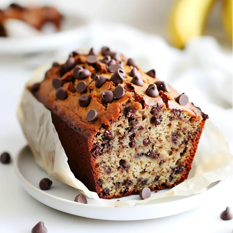 - 3 ripe bananas, mashed - 1/2 cup unsalted butter, melted - 3/4 cup brown sugar, packed - 1/4 cup granulated sugar - 2 large eggs - 1 teaspoon vanilla extract - 1 teaspoon baking soda - 1/4 teaspoon salt - 1 1/2 cups all-purpose flour - 1 cup semi-sweet chocolate chips - 1/2 cup chopped walnuts (optional) - 1 teaspoon ground cinnamon (optional) Gather these ingredients before you start. The ripe bananas give the best flavor. The butter should be unsalted to balance the sweetness. You will need two types of sugar: brown and granulated. Brown sugar adds moisture and depth. Granulated sugar adds sweetness. Use large eggs for the best results. Vanilla extract brings warmth to the bread. Baking soda helps it rise, while salt enhances flavor. All-purpose flour is your base. The semi-sweet chocolate chips make this bread a treat. If you like nuts, add walnuts for crunch. Ground cinnamon gives a nice spice, but it’s optional. Make sure you have everything ready. This way, you can mix quickly and keep the bread fluffy. Each ingredient plays a key role in creating that bakery-style delight. First, you need to preheat your oven to 350°F (175°C). This ensures even baking. Grease a 9x5-inch loaf pan with butter or spray it with non-stick spray. You can also line the pan with parchment paper for easy removal. In a large bowl, mash three ripe bananas with a fork or potato masher. Add 1/2 cup of melted unsalted butter to the bananas and mix well. Next, stir in 3/4 cup of packed brown sugar and 1/4 cup of granulated sugar. This mix adds sweetness and moisture. Then, crack in two large eggs and pour in 1 teaspoon of vanilla extract. Stir until everything is well combined. In a separate bowl, whisk together 1 teaspoon of baking soda and 1/4 teaspoon of salt. Then, slowly add 1 1/2 cups of all-purpose flour. If you like, you can add 1 teaspoon of ground cinnamon for extra flavor. This mix gives the bread its structure. Now, gently add the dry ingredients to the wet mix. Use a spatula to fold the two mixtures together. Be careful not to overmix. You want the batter to just come together. A few lumps are fine. Once combined, it’s time to fold in the fun parts! Add 1 cup of semi-sweet chocolate chips and 1/2 cup of chopped walnuts if you choose. Fold them into the batter gently so they are evenly spread out. Pour the batter into the prepared loaf pan. Smooth the top with a spatula for an even bake. Place the pan in the oven and bake for 60-70 minutes. To check if it’s done, insert a toothpick in the center. If it comes out clean or with a few moist crumbs, it’s ready. Let it cool in the pan for about 10 minutes before transferring it to a wire rack. To get that perfect bakery-style texture, I recommend using ripe bananas. They add natural sweetness and moisture. If you don't have ripe bananas, you can use frozen ones. Just thaw them before mashing. Using unsalted butter is key for flavor. If you're out of butter, coconut oil works well. It adds a nice taste without overpowering the bananas. Temperature matters, too. Make sure your butter is melted but not hot. Use room temperature eggs as they mix better. This helps your batter stay light and fluffy. To check if your banana bread is done, use a toothpick. Insert it into the center. If it comes out clean or with a few moist crumbs, it's ready. This simple test prevents overbaking and keeps the bread moist. Cooling your banana bread is just as vital. After baking, let it cool in the pan for about 10 minutes. Then, transfer it to a wire rack. This helps it cool evenly and makes slicing easier. For a lovely presentation, garnish your banana bread with extra chocolate chips on top. A sprig of mint adds a nice touch, too. Serve the bread warm, and wrap slices in parchment paper for a rustic feel. This gives your banana bread that charming bakery look. Enjoy the smiles it brings! {{image_2}} Want to jazz up your banana bread? Adding spices can do just that. A pinch of nutmeg or allspice brings warmth and depth to your loaf. You can also experiment with other mix-ins. Try adding dried fruits like raisins or cranberries. Shredded coconut can add a nice chew and sweetness too. If you're looking for gluten-free options, swap all-purpose flour for almond or coconut flour. Use a gluten-free flour blend for a nice texture. For vegan adaptations, replace eggs with flaxseed meal or applesauce. Use plant-based butter and ensure your chocolate chips are dairy-free. Pair your warm banana bread with spreads for a tasty twist. A pat of butter can enhance the flavor. Cream cheese adds a creamy richness that many love. You can also serve it alongside coffee or tea for a cozy treat. Enjoying it this way makes for a delightful breakfast or snack. To keep your chocolate chip banana bread fresh, store it at room temperature. Wrap it in plastic wrap or place it in an airtight container. This keeps it moist and tasty. If your kitchen is warm, use the fridge. In the fridge, your banana bread lasts longer. Just remember to bring it back to room temperature before serving. Want to save some banana bread for later? You can freeze it! First, let the bread cool completely. Then, wrap it tightly in plastic wrap and aluminum foil. This helps prevent freezer burn. When you’re ready to eat it, take it out and let it thaw at room temperature. For a warm treat, heat slices in the microwave for about 15-20 seconds. This brings back that fresh-baked taste! How long does banana bread stay fresh? When stored properly at room temperature, it lasts about 3-4 days. In the fridge, it can last up to a week. If you freeze it, it can stay good for about 3 months. Just remember to check for any signs of spoilage before you dig in! You can tell when your banana bread is done by checking a few signs: - The top should look golden brown. - It should spring back when you gently press it. - A toothpick inserted in the center should come out clean or with a few moist crumbs. If you see any wet batter on the toothpick, it needs more time. Keep an eye on it to avoid overbaking. Yes, you can use frozen bananas! Here are some tips: - Thaw the bananas before mashing them. - Drain any excess liquid after thawing. - Frozen bananas may be sweeter, so you can cut back on sugar if needed. Using frozen bananas can add extra moisture and flavor to your bread. If you need an egg substitute, try one of these: - 1/4 cup unsweetened applesauce for each egg. - 1/4 cup mashed banana works, too! - A flax egg made from 1 tablespoon ground flaxseed mixed with 3 tablespoons water. These options will help bind the ingredients just like eggs do. Absolutely! You can make mini loaves or muffins with the same batter. Here’s how: - For mini loaves, pour the batter into smaller pans and bake for 25-35 minutes. - For muffins, fill the cupcake liners about 2/3 full and bake for 18-22 minutes. Check for doneness using a toothpick. Enjoy your bite-sized treats! You learned how to make tasty banana bread with ripe ingredients and easy steps. This recipe gives you clear instructions and smart tips for the best texture. Remember, feel free to try different flavors or special dietary needs. Don’t forget proper storage to keep your banana bread fresh. With practice, you'll bake your perfect loaf every time. Enjoy sharing it with family or friends!