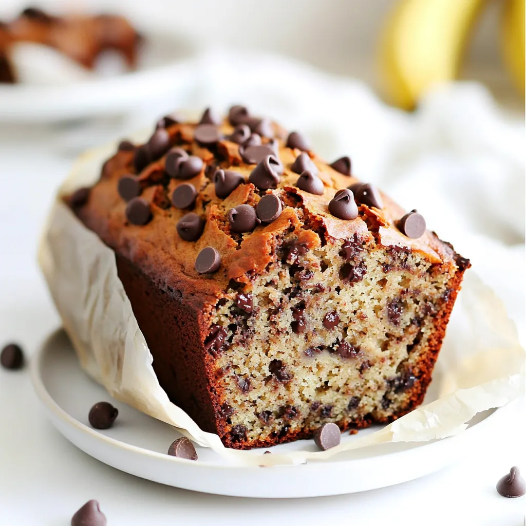 - 3 ripe bananas, mashed - 1/2 cup unsalted butter, melted - 3/4 cup brown sugar, packed - 1/4 cup granulated sugar - 2 large eggs - 1 teaspoon vanilla extract - 1 teaspoon baking soda - 1/4 teaspoon salt - 1 1/2 cups all-purpose flour - 1 cup semi-sweet chocolate chips - 1/2 cup chopped walnuts (optional) - 1 teaspoon ground cinnamon (optional) Gather these ingredients before you start. The ripe bananas give the best flavor. The butter should be unsalted to balance the sweetness. You will need two types of sugar: brown and granulated. Brown sugar adds moisture and depth. Granulated sugar adds sweetness. Use large eggs for the best results. Vanilla extract brings warmth to the bread. Baking soda helps it rise, while salt enhances flavor. All-purpose flour is your base. The semi-sweet chocolate chips make this bread a treat. If you like nuts, add walnuts for crunch. Ground cinnamon gives a nice spice, but it’s optional. Make sure you have everything ready. This way, you can mix quickly and keep the bread fluffy. Each ingredient plays a key role in creating that bakery-style delight. First, you need to preheat your oven to 350°F (175°C). This ensures even baking. Grease a 9x5-inch loaf pan with butter or spray it with non-stick spray. You can also line the pan with parchment paper for easy removal. In a large bowl, mash three ripe bananas with a fork or potato masher. Add 1/2 cup of melted unsalted butter to the bananas and mix well. Next, stir in 3/4 cup of packed brown sugar and 1/4 cup of granulated sugar. This mix adds sweetness and moisture. Then, crack in two large eggs and pour in 1 teaspoon of vanilla extract. Stir until everything is well combined. In a separate bowl, whisk together 1 teaspoon of baking soda and 1/4 teaspoon of salt. Then, slowly add 1 1/2 cups of all-purpose flour. If you like, you can add 1 teaspoon of ground cinnamon for extra flavor. This mix gives the bread its structure. Now, gently add the dry ingredients to the wet mix. Use a spatula to fold the two mixtures together. Be careful not to overmix. You want the batter to just come together. A few lumps are fine. Once combined, it’s time to fold in the fun parts! Add 1 cup of semi-sweet chocolate chips and 1/2 cup of chopped walnuts if you choose. Fold them into the batter gently so they are evenly spread out. Pour the batter into the prepared loaf pan. Smooth the top with a spatula for an even bake. Place the pan in the oven and bake for 60-70 minutes. To check if it’s done, insert a toothpick in the center. If it comes out clean or with a few moist crumbs, it’s ready. Let it cool in the pan for about 10 minutes before transferring it to a wire rack. To get that perfect bakery-style texture, I recommend using ripe bananas. They add natural sweetness and moisture. If you don't have ripe bananas, you can use frozen ones. Just thaw them before mashing. Using unsalted butter is key for flavor. If you're out of butter, coconut oil works well. It adds a nice taste without overpowering the bananas. Temperature matters, too. Make sure your butter is melted but not hot. Use room temperature eggs as they mix better. This helps your batter stay light and fluffy. To check if your banana bread is done, use a toothpick. Insert it into the center. If it comes out clean or with a few moist crumbs, it's ready. This simple test prevents overbaking and keeps the bread moist. Cooling your banana bread is just as vital. After baking, let it cool in the pan for about 10 minutes. Then, transfer it to a wire rack. This helps it cool evenly and makes slicing easier. For a lovely presentation, garnish your banana bread with extra chocolate chips on top. A sprig of mint adds a nice touch, too. Serve the bread warm, and wrap slices in parchment paper for a rustic feel. This gives your banana bread that charming bakery look. Enjoy the smiles it brings! {{image_2}} Want to jazz up your banana bread? Adding spices can do just that. A pinch of nutmeg or allspice brings warmth and depth to your loaf. You can also experiment with other mix-ins. Try adding dried fruits like raisins or cranberries. Shredded coconut can add a nice chew and sweetness too. If you're looking for gluten-free options, swap all-purpose flour for almond or coconut flour. Use a gluten-free flour blend for a nice texture. For vegan adaptations, replace eggs with flaxseed meal or applesauce. Use plant-based butter and ensure your chocolate chips are dairy-free. Pair your warm banana bread with spreads for a tasty twist. A pat of butter can enhance the flavor. Cream cheese adds a creamy richness that many love. You can also serve it alongside coffee or tea for a cozy treat. Enjoying it this way makes for a delightful breakfast or snack. To keep your chocolate chip banana bread fresh, store it at room temperature. Wrap it in plastic wrap or place it in an airtight container. This keeps it moist and tasty. If your kitchen is warm, use the fridge. In the fridge, your banana bread lasts longer. Just remember to bring it back to room temperature before serving. Want to save some banana bread for later? You can freeze it! First, let the bread cool completely. Then, wrap it tightly in plastic wrap and aluminum foil. This helps prevent freezer burn. When you’re ready to eat it, take it out and let it thaw at room temperature. For a warm treat, heat slices in the microwave for about 15-20 seconds. This brings back that fresh-baked taste! How long does banana bread stay fresh? When stored properly at room temperature, it lasts about 3-4 days. In the fridge, it can last up to a week. If you freeze it, it can stay good for about 3 months. Just remember to check for any signs of spoilage before you dig in! You can tell when your banana bread is done by checking a few signs: - The top should look golden brown. - It should spring back when you gently press it. - A toothpick inserted in the center should come out clean or with a few moist crumbs. If you see any wet batter on the toothpick, it needs more time. Keep an eye on it to avoid overbaking. Yes, you can use frozen bananas! Here are some tips: - Thaw the bananas before mashing them. - Drain any excess liquid after thawing. - Frozen bananas may be sweeter, so you can cut back on sugar if needed. Using frozen bananas can add extra moisture and flavor to your bread. If you need an egg substitute, try one of these: - 1/4 cup unsweetened applesauce for each egg. - 1/4 cup mashed banana works, too! - A flax egg made from 1 tablespoon ground flaxseed mixed with 3 tablespoons water. These options will help bind the ingredients just like eggs do. Absolutely! You can make mini loaves or muffins with the same batter. Here’s how: - For mini loaves, pour the batter into smaller pans and bake for 25-35 minutes. - For muffins, fill the cupcake liners about 2/3 full and bake for 18-22 minutes. Check for doneness using a toothpick. Enjoy your bite-sized treats! You learned how to make tasty banana bread with ripe ingredients and easy steps. This recipe gives you clear instructions and smart tips for the best texture. Remember, feel free to try different flavors or special dietary needs. Don’t forget proper storage to keep your banana bread fresh. With practice, you'll bake your perfect loaf every time. Enjoy sharing it with family or friends!
