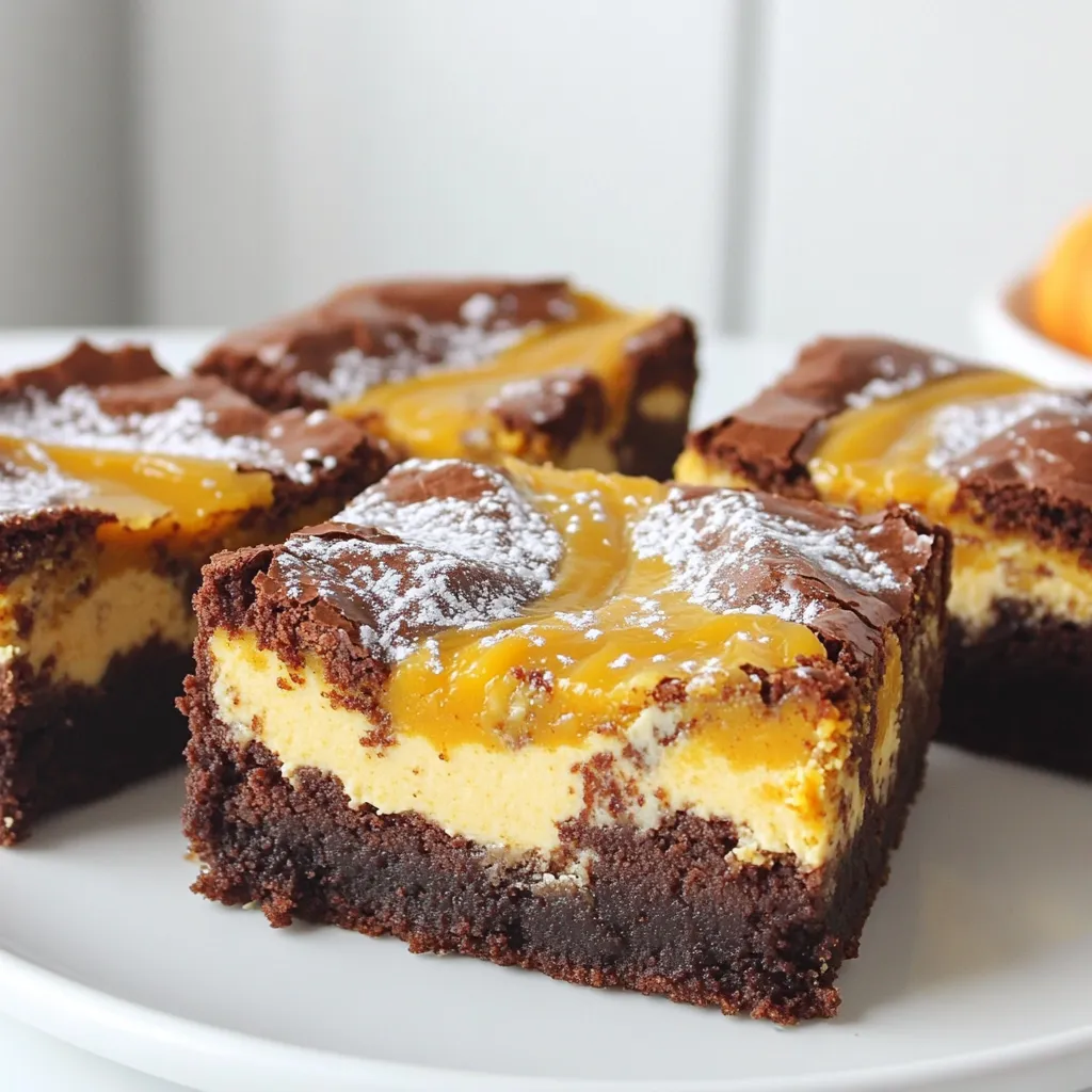 - 1 cup unsalted butter, melted - 2 cups granulated sugar - 4 large eggs - 1 teaspoon vanilla extract - 1 cup all-purpose flour - 1/2 cup unsweetened cocoa powder - 1/2 teaspoon salt - 1/2 teaspoon baking powder - 8 oz cream cheese, softened - 1/2 cup canned pumpkin puree - 1/2 cup granulated sugar - 1 large egg - 1 teaspoon vanilla extract - 1 teaspoon ground cinnamon - 1/4 teaspoon ground nutmeg The brownie layer starts with melted unsalted butter. This gives the brownies a rich and smooth base. I add granulated sugar, which sweetens and helps create a nice texture. Next, I mix in four large eggs and one teaspoon of vanilla extract. These ingredients provide moisture and flavor. For the dry part, I use one cup of all-purpose flour and half a cup of unsweetened cocoa powder. The flour gives structure, while cocoa adds depth and that beloved chocolate taste. I also add half a teaspoon of salt and half a teaspoon of baking powder. The salt balances sweetness, and the baking powder helps the brownies rise. Now, for the pumpkin cheesecake swirl, I start with eight ounces of softened cream cheese. This gives a creamy texture. I blend in half a cup of canned pumpkin puree for that fall flavor. I then add half a cup of granulated sugar, one large egg, and one teaspoon of vanilla extract. These make the swirl sweet and creamy. To enhance the flavor, I sprinkle in one teaspoon of ground cinnamon and a quarter teaspoon of ground nutmeg. These spices add warmth and a cozy feel to the brownies. With these simple yet essential ingredients, you create a delightful treat that marries the flavors of pumpkin and chocolate. Each bite is a blend of rich brownie and creamy cheesecake. - Combine melted butter and sugar, whisk until smooth. - Add eggs one at a time, whisking well after each addition. - Stir in the vanilla extract. This step builds the base of your brownies. The melted butter adds richness, while sugar gives sweetness. Whisking the eggs in one by one helps blend them well into the batter. The vanilla adds a nice touch of flavor. - Whisk together flour, cocoa powder, salt, and baking powder. - Gradually mix the dry ingredients with the wet ingredients. Mixing dry ingredients is key for even flavor. Cocoa powder gives the brownies their rich chocolate taste. Salt enhances flavor, while baking powder adds lift. Gradually combining keeps the batter smooth and helps avoid lumps. - Preheat the oven to 350°F (175°C). - Spread brownie batter into the prepared baking pan. - Make the pumpkin cheesecake mixture and add swirls. - Bake for 30-35 minutes. Preheating ensures even baking. Spreading the batter evenly helps it cook well. For the pumpkin cheesecake, make it creamy before adding. Swirling it gives a beautiful marbled look. The baking time is key; a toothpick test checks for doneness. - Let the brownies cool in the pan for at least 30 minutes. - Slice into squares for serving. Cooling is essential. It helps the brownies set and makes cutting easier. Wait at least 30 minutes to avoid messy edges when slicing. Squares look neat and are easy to serve. - Make sure your butter is melted but not hot. This helps keep your brownies moist. - Use cream cheese at room temperature. It mixes smooth and creamy without lumps. - If you like gooey brownies, bake for 30 minutes. For firmer brownies, go for 35 minutes. - Dust your brownies with powdered sugar. This adds a nice touch and looks pretty. - Drizzle caramel sauce on top or serve with whipped cream. Both options taste great! - Sprinkle pumpkin seeds or chocolate chips on top for extra flavor and texture. {{image_2}} You can easily make these brownies gluten-free. Substitute all-purpose flour with a gluten-free mix. This simple swap keeps the taste rich and moist. Just check your flour mix for any added ingredients. Many brands work well in baking. To make this treat vegan, use vegan butter instead of regular butter. For eggs, aquafaba is a great choice. It’s the liquid from canned chickpeas. You can also use vegan cream cheese for the cheesecake layer. This way, everyone can enjoy the brownies. You can add chocolate chips to the brownie layer for extra sweetness. They melt nicely and create a gooey texture. Another fun idea is to mix white chocolate into the cheesecake layer. This adds a creamy richness that pairs well with pumpkin. Try these swaps for fun and new flavors! To keep your Pumpkin Cheesecake Swirl Brownies fresh, store them in an airtight container. This method helps retain their delicious taste and moist texture. You can keep them at room temperature for up to three days. If you want them to last longer, refrigerate the brownies. They will stay fresh for up to one week in the fridge. If you want to save some brownies for later, freezing is a great option. First, let the brownies cool completely. Then, wrap them tightly in plastic wrap or aluminum foil. Place the wrapped brownies in a freezer-safe bag or container. They will keep well for up to three months. When you're ready to enjoy them, take the brownies out of the freezer. Let them thaw in the fridge overnight. For the best taste and texture, warm them slightly in the oven or microwave before serving. This will bring back their soft, gooey goodness! Yes, you can make these brownies ahead of time. They store well and taste great even after a few days. Just let them cool, then cover tightly. You can keep them at room temperature for up to one week. To cut brownies into perfect squares, follow these tips: - Use a sharp knife for clean cuts. - Warm the knife in hot water, then dry it before cutting. - Make a single cut, then wipe the knife clean after each slice. This method helps keep the edges neat and tidy. Yes, you can substitute pumpkin puree. Use applesauce or sweet potato puree for a different flavor. Both options add moisture and sweetness. Make sure to adjust the spices to your taste. Check for doneness by inserting a toothpick in the center. If it comes out with a few moist crumbs, the brownies are ready. They may look soft, but they will firm up as they cool. Yes, you can use fresh pumpkin. Just cook and puree it until smooth. Make sure to remove excess water. Canned pumpkin is often more convenient, but fresh can add a lovely flavor. These brownies mix rich chocolate with creamy pumpkin cheesecake. The ingredients and steps are simple, making it easy to enjoy this treat. Keep tips in mind for the best texture and flavor. You can even try fun variations or store them for later. These brownies will surely impress and satisfy. Now, grab your ingredients and get baking!