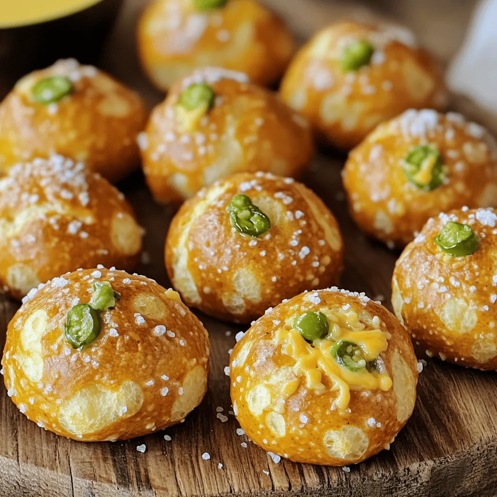 To make Air Fryer Jalapeño Cheddar Pretzel Bites, you need: - 2 cups all-purpose flour - 1 packet (2 ¼ teaspoons) instant yeast - 1 teaspoon sugar - ½ teaspoon salt - ¾ cup warm water (about 110°F/43°C) - 1 cup shredded sharp cheddar cheese - 2-3 fresh jalapeños, finely diced (seeds removed for less heat) - 2 tablespoons baking soda - Coarse sea salt for sprinkling - 1 tablespoon melted butter (for brushing) These ingredients come together to create a soft, chewy snack with a spicy kick. You can add fun twists to your pretzel bites with these optional ingredients: - Olive oil for extra flavor - Other cheese types like pepper jack for added spice - Garlic powder for a savory touch - Chopped herbs like chives or parsley for freshness Feel free to mix and match to find your favorite flavors. Dipping sauces can elevate your pretzel bites. Here are some great options: - Cheddar cheese sauce for a cheesy indulgence - Spicy mustard for a zesty kick - Ranch dressing for a cool contrast - Honey mustard for a sweet touch These sauces add layers of flavor and make each bite even more enjoyable. Start by mixing warm water, sugar, and yeast in a large bowl. Let it rest for about five minutes until it becomes frothy. This shows the yeast is active. Next, add flour and salt to the yeast mixture. Stir until a dough forms. Knead the dough on a floured surface for about five minutes. It should feel smooth and elastic. Finally, gently fold in the shredded cheddar cheese and diced jalapeños. Make sure they are evenly mixed into the dough. Cover the dough with a clean towel and let it rest in a warm spot for thirty minutes. After the dough has rested, divide it into small balls. Aim for pieces about the size of a golf ball. Roll each piece into bite-sized pretzel shapes. This part is fun! You can twist them into classic pretzel forms or keep them as simple balls. Just make sure they are consistent in size. This helps them cook evenly. Now it's time to boil! Bring a large pot of water to a boil and add baking soda. Carefully drop the pretzel bites into the boiling water for about thirty seconds. This gives them that classic chewy texture. Use a slotted spoon to remove them and let them drain. Preheat your air fryer to 320°F (160°C). Place the boiled pretzel bites in the air fryer basket, making sure they have space to expand. Brush them with melted butter and sprinkle with coarse sea salt. Air fry in batches for about eight to ten minutes or until they are golden brown and crispy. Enjoy them warm with your favorite dipping sauce! To make great pretzel bites, start with the right dough. Mix warm water, sugar, and yeast first. Wait for five minutes to see bubbles. This shows the yeast is alive. Next, add flour and salt. Stir until it forms a dough. Knead the dough on a floured surface for five minutes. It should feel smooth and stretchy. If the dough sticks, add a little flour. If it feels too dry, add a splash of warm water. For crispy bites, boil them before air frying. This step is key to achieving that nice crust. Boil water and add baking soda. Drop the pretzel bites in for 30 seconds. This helps them puff up and get crispy. After boiling, drain them well. Don’t overcrowd the air fryer basket. Give each bite space to cook evenly. Brush them with melted butter and sprinkle coarse sea salt on top before cooking. Set your air fryer to 320°F (160°C). Cook the pretzel bites for about 8 to 10 minutes. Check them after 8 minutes. They should look golden and crispy. If they need more time, add a minute or two. Every air fryer is a bit different, so keep an eye on them. When done, let them cool for a minute before serving. Enjoy these tasty bites warm for the best flavor! {{image_2}} You can change the cheese in your pretzel bites. Use mozzarella for a stretchy bite. Cream cheese gives a rich, smooth texture. If you want a sharper taste, try pepper jack cheese. This adds both flavor and a little heat. Love spice? Add more jalapeños to the dough. You can use pickled jalapeños for a tangy kick. Mixing in diced habaneros will bring serious heat. Remember to taste your mixture as you go. This way, you can adjust to your heat level. For a fresh twist, add herbs to your dough. Basil or rosemary pairs well with cheese. Finely chop the herbs and mix them in with the dough. This adds a burst of flavor and makes your bites unique. Try garlic powder for an extra savory touch. To keep your pretzel bites fresh, store them in an airtight container. This helps maintain their chewy texture. Place a paper towel at the bottom of the container to absorb moisture. You can keep them on the counter for up to two days. If you want to store them longer, consider refrigeration. For the best flavor and texture, reheat your pretzel bites in the air fryer. Set it to 320°F (160°C) for about 3 to 5 minutes. This restores their crispiness and warmth. You can also use the oven at the same temperature, wrapping them in foil to prevent drying out. Microwave reheating is quick but may make them soft. You can freeze pretzel bites for up to three months. First, let them cool completely. Then, place them in a single layer on a baking sheet. Freeze them for about an hour before transferring them to a freezer bag. This method prevents sticking. When ready to enjoy, thaw in the fridge overnight and reheat as mentioned above. Yes, you can make these pretzel bites gluten-free. Use a good gluten-free flour blend. Look for one that has xanthan gum. This gum helps bind the dough, giving it the right texture. Follow the same steps as in the recipe. The taste and texture might change a bit, but they will still be tasty! To make more pretzel bites, simply double or triple the ingredients. For example, use 4 cups of flour and 2 packets of yeast for double the amount. Be sure to keep the proportions the same. This way, you will have enough for a crowd. It’s easy to share these snacks at parties or game days! These pretzel bites pair great with a few sauces. Cheese sauce is a top choice; it complements the cheddar flavor. Mustard also works well, adding a nice tang. For a spicy kick, try a ranch sauce or sriracha. Each dip adds a fun twist to your pretzel bites! This blog post covered how to make delicious pretzel bites. We discussed key ingredients and tasty dipping sauces. You learned step-by-step methods for preparing dough, shaping, and cooking the bites. I shared tips for perfecting your dough and achieving crispiness. We explored fun variations like spicy and herb-infused pretzels. Lastly, I provided storage tips to keep your bites fresh. With these details, you can enjoy making pretzel bites anytime. Get ready to impress your family and friends!