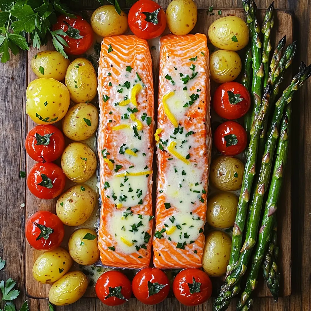 Let's gather the ingredients for your Garlic Butter Salmon & Veggies Sheet Pan. You will need: - 4 salmon fillets - 4 tablespoons unsalted butter, melted - 4 garlic cloves, minced - 1 lemon, zested and juiced - 1 teaspoon dried thyme - Salt and pepper to taste - 1 cup cherry tomatoes, halved - 1 cup asparagus, trimmed - 1 cup baby potatoes, halved - Fresh parsley for garnish Each item plays a key role in making this dish shine. The salmon provides a rich protein base, while the garlic and butter bring depth and flavor. The lemon adds a bright touch, and thyme gives it a nice herbaceous note. The veggies not only add color but also a variety of textures. Use fresh ingredients for the best taste. Fresh salmon will have a vibrant color and a clean smell. Look for firm cherry tomatoes and bright green asparagus. This will ensure that your meal is both tasty and healthy. Gather these ingredients, and let’s get ready to cook! To start, preheat your oven to 400°F (200°C). This step is key for even cooking. A hot oven helps the salmon and veggies cook properly. If the oven is not hot enough, the food can turn out soggy instead of crispy. In a small bowl, mix together the melted butter, minced garlic, lemon zest, lemon juice, dried thyme, salt, and pepper. Stir well until combined. This mixture should be smooth and fragrant. If it is too thick, add a little more melted butter. This flavorful blend will coat your salmon and veggies perfectly. On a large sheet pan, spread the halved baby potatoes in a single layer. Drizzle half of the garlic butter mixture over them. Toss the potatoes to coat them well, then spread them out on one side of the pan. Next, add the asparagus and cherry tomatoes. Pour the remaining garlic butter over these veggies and toss gently to coat. Finally, place the salmon fillets in between the veggies. Season the salmon with salt and pepper, and drizzle any leftover garlic butter on top. Roast the potatoes in the preheated oven for about 15 minutes. This will give them a head start in softening. After 15 minutes, add the asparagus and cherry tomatoes to the pan. Return the sheet pan to the oven and bake for another 12-15 minutes. The salmon is done when it flakes easily with a fork and the veggies are tender. Once your dish is cooked, remove it from the oven and let it cool for a few minutes. To make it pretty, garnish with freshly chopped parsley. This adds color and freshness to your meal. Serve it straight from the pan for a fun, family-style dinner. Enjoy every bite of your garlic butter salmon and veggies! To make the garlic butter shine, try a few twists. You can add fresh herbs like basil or dill. They boost flavor and freshness. If you use dried herbs, thyme is a great choice. It pairs well with garlic and lemon. Mix it into the butter for a tasty blend. You want to know when the salmon is ready. Look for a light pink color and a flaky texture. If it flakes easily with a fork, it’s done. Use a food thermometer for best results. Aim for 145°F (63°C) for safe eating. A non-stick pan helps keep the salmon from sticking, making it easy to serve. To save time on cleanup, line your sheet pan with parchment paper. This step helps prevent sticking and makes it easy to clean. You can also use a non-stick spray before adding the veggies and salmon. This way, food slides off easily. Keep your prep area tidy by using bowls for your ingredients. It makes cooking smooth and fun! {{image_2}} If you want a change from salmon, try chicken or tofu. Chicken thighs or breasts work great for this dish. Just make sure to cut them into similar sizes as the salmon fillets. For tofu, use firm or extra-firm types. This will hold up well during cooking. When you switch proteins, you need to adjust cooking times. Chicken usually takes longer. Bake it for about 20-25 minutes. Tofu cooks faster, so 10-12 minutes should be enough. Always check that your protein is cooked through before serving. You can mix and match veggies to your liking. Bell peppers, zucchini, or broccoli are all great choices. If you want a seasonal touch, use squash in the fall or green beans in the summer. Just make sure to cut them to the same size for even cooking. Different veggies may cook at varying times. Tomatoes and asparagus cook quickly, while potatoes need a bit more time. Keep an eye on them to ensure they are tender but not mushy. If you need a gluten-free option, this dish is already safe. All the ingredients are naturally gluten-free. Just check labels to ensure no hidden gluten. For a dairy-free version, swap out the butter for olive oil or a dairy-free butter. This keeps the rich flavor while making it suitable for those avoiding dairy. Your dish will still taste great and be a hit with everyone at the table. To store leftovers, let the dish cool down first. Place the salmon and veggies in an airtight container. Refrigerate them right away. Leftovers last up to three days in the fridge. Make sure to seal the container well to keep the flavors fresh. When you reheat, avoid drying out the salmon. The best method is using the oven. Preheat it to 350°F (175°C). Place the salmon and veggies on a baking sheet. Cover them with foil to keep moisture in. Heat for about 10 to 12 minutes. Check the internal temperature; it should reach 145°F (63°C). If you want to freeze the dish, cool it completely first. Place portions in freezer-safe bags. Remove as much air as you can before sealing. You can freeze it for up to three months. When you're ready to eat, thaw it in the fridge overnight. Reheat it in the oven using the previous method. This way, you'll enjoy a tasty meal again! Yes, you can use frozen salmon. Just remember to thaw it first. Place the salmon in the fridge overnight or submerge it in cold water for about an hour. This helps it cook evenly. If you cook it from frozen, increase the baking time by 5 to 10 minutes. Always check for doneness to ensure it’s fully cooked. Many sides pair well with this dish. Here are some ideas: - Quinoa or rice for a hearty base. - A fresh green salad for crunch. - Steamed or roasted broccoli for added veggies. - Garlic bread for a tasty touch. These sides will round out your meal nicely. To check if the salmon is done, look for a few signs: - It should be opaque and flake easily with a fork. - The internal temperature should reach 145°F (63°C). - If you see white albumin on the surface, it means it’s done but not overcooked. These checks help ensure perfect salmon every time. Yes, you can prep ingredients ahead of time. Chop the veggies and store them in the fridge. You can also mix the garlic butter and marinate the salmon earlier. Just keep everything in airtight containers. When you’re ready to cook, assemble the dish and bake. It saves time on busy days. For this recipe, you can use several types of pans: - A large sheet pan is best for even cooking. - A glass baking dish works well too. - If you have a cast iron skillet, it also performs great. Just make sure whatever pan you choose can handle high heat. This blog post covered a tasty garlic butter salmon dish with easy steps and tips. You learned about the right ingredients and how to prepare them. I also shared ways to switch proteins and veggies for variety. Remember, cooking is about enjoying the process. Try this recipe to impress your family and friends. You can store and reheat leftovers easily. Don’t be afraid to make this dish your own. Happy cooking!