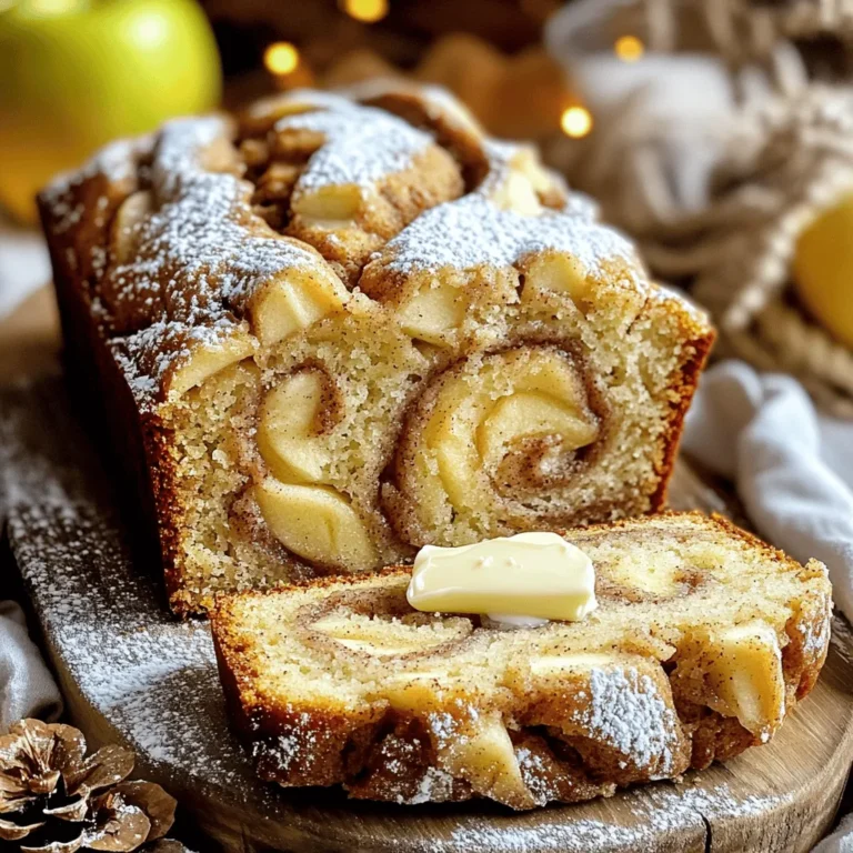 To make Cinnamon Swirl Apple Bread, you will need the following key items: - 2 cups all-purpose flour - 1 teaspoon baking powder - 1/2 teaspoon baking soda - 1 teaspoon ground cinnamon - 1/4 teaspoon salt - 1/2 cup unsalted butter, softened - 1 cup sugar - 2 large eggs - 1 teaspoon vanilla extract - 1/2 cup buttermilk (or milk with 1/2 tablespoon vinegar added) - 2 medium apples, peeled and diced (preferably Granny Smith or Honeycrisp) - 1 tablespoon lemon juice - 1/4 cup brown sugar - 2 teaspoons ground cinnamon (for the swirl) These ingredients create a soft and tasty bread with a lovely apple and cinnamon flavor. You can add some fun touches for more flavor. Here are a few ideas: - 1/2 cup chopped walnuts or pecans for crunch - 1/4 cup raisins for sweetness - A pinch of nutmeg for warmth These are not required but can make the bread even more special. To make this recipe easier, use these tools: - A 9x5 inch loaf pan - Mixing bowls (large and medium) - Whisk for mixing dry ingredients - Electric mixer for creaming butter and sugar - Measuring cups and spoons for accuracy - A knife for swirling the batter Having the right tools makes cooking more fun and helps you create the best bread! Start by preheating your oven to 350°F (175°C). This step is key for even baking. Grab a 9x5 inch loaf pan and grease it well with butter or non-stick spray. This helps the bread slide out easily later. Next, take two medium apples. Peel and dice them into small pieces. Toss these apple pieces in a bowl with 1 tablespoon of lemon juice. This keeps them fresh and tasty. In a medium bowl, whisk together 2 cups of all-purpose flour, 1 teaspoon of baking powder, 1/2 teaspoon of baking soda, 1 teaspoon of ground cinnamon, and 1/4 teaspoon of salt. Set this dry mix aside. Now, in a large bowl, beat 1/2 cup of softened unsalted butter with 1 cup of sugar. Mix until it is light and fluffy, about 3 to 4 minutes. Next, add 2 large eggs, one at a time. Mix well after each addition. Stir in 1 teaspoon of vanilla extract. Gradually add the flour mix to the butter mix. Alternate it with 1/2 cup of buttermilk. Start and end with the flour mixture. Mix just until combined. Then, gently fold in the diced apples. Make sure they are evenly spread throughout the batter. In a small bowl, mix 1/4 cup of brown sugar with 2 teaspoons of ground cinnamon. This will create the swirl for your bread. Pour half of the batter into your loaf pan, then sprinkle half of the cinnamon sugar mix on top. Add the rest of the batter and sprinkle the remaining cinnamon sugar over it. Use a knife to swirl it gently for a marbled look. Bake your bread in the oven for 50 to 60 minutes. To check if it’s done, insert a toothpick into the center. If it comes out clean, it’s ready. Once baked, let the bread cool in the pan for 10 minutes. After that, transfer it to a wire rack to cool completely. To make a great swirl in your bread, layer the batter with care. Start by pouring half of the batter into your pan. Next, sprinkle half of the cinnamon sugar mix over it. Then add the rest of the batter on top. Use a knife to gently swirl through the layers. Aim for a marbled look, but don’t overdo it. A few gentle swirls will give you the best effect. For this recipe, I love using Granny Smith or Honeycrisp apples. Granny Smith adds a nice tartness, while Honeycrisp brings sweetness and crunch. Both hold their shape well when baked. Avoid soft apples like Red Delicious. They can turn mushy and lose their flavor. To get soft and moist bread, do not overmix after adding the flour. Mix just until you see no dry flour. Also, adding buttermilk helps keep the bread moist. If you don’t have buttermilk, mix regular milk with a bit of vinegar. Lastly, let the bread cool completely before slicing. This step helps it set up nicely and keeps it from falling apart. {{image_2}} You can change up the apples for your bread. Granny Smith apples give a nice tartness. Honeycrisp apples are sweet and juicy. If you want a milder flavor, try Fuji or Golden Delicious apples. Each type brings its own taste and texture. You can mix different varieties for a unique flavor. Just remember to peel and dice them for the best results. Adding nuts or dried fruits gives your bread a fun twist. Chopped walnuts or pecans add a nice crunch. You can also use dried cranberries or raisins for sweetness. Just toss in about half a cup of your choice when you fold in the apples. This will add extra flavor and texture to each bite. Want to spice things up? Consider adding a touch of nutmeg or ginger to the batter. These spices pair well with cinnamon and apples. You can also mix in some orange or lemon zest for a bright flavor. Just a teaspoon can make a big difference. Remember, cooking is all about trying new things and enjoying the process! To keep your Cinnamon Swirl Apple Bread fresh, wrap it tightly in plastic wrap. You can also use aluminum foil. This helps to keep moisture in and air out. Store the wrapped bread at room temperature for up to three days. If you want it to last longer, consider freezing it. Freezing is a great option for this bread. First, let it cool completely. Then, wrap the bread in plastic wrap, followed by aluminum foil. You can freeze it for up to three months. When you want to enjoy it, simply remove it from the freezer and let it sit at room temperature for a few hours. To reheat your bread, slice off a piece and place it in the microwave. Heat it for 15-20 seconds. If you prefer it warm in the oven, preheat to 350°F (175°C). Wrap the bread in aluminum foil and heat for about 10-15 minutes. This keeps it soft and tasty. Enjoy your warm bread with butter or a sprinkle of sugar! Yes, you can make some swaps in this recipe! If you don’t have buttermilk, use regular milk mixed with vinegar. This gives you a similar taste. You can also replace unsalted butter with vegetable oil or coconut oil for a different flavor. If you want a sweeter bread, use brown sugar instead of white sugar. Just keep in mind that these changes may alter the texture or taste a bit. To check if your bread is ready, insert a toothpick in the center. If it comes out clean, the bread is done. You can also gently press the top. If it springs back, it’s ready to come out of the oven. Look for a golden-brown color on the top. If it’s too light, give it a few more minutes. Always trust your eyes and nose; the smell will guide you too! This bread tastes great on its own, but you can enhance it even more! Serve it warm with a pat of butter on top. A dusting of powdered sugar adds a nice touch. You can also enjoy it with a scoop of vanilla ice cream or a dollop of whipped cream. If you want something fresh, add a sprig of mint or some berries on the side. These options make it feel like a special treat! This post covered the essential ingredients, step-by-step instructions, and helpful tips. You learned how to make perfect cinnamon swirl apple bread. From choosing the best apples to baking and storing, you now have the skills to succeed. Experiment with variations to make it your own. Enjoy every bite of your delicious creation. Remember, practice makes perfect, so keep baking!