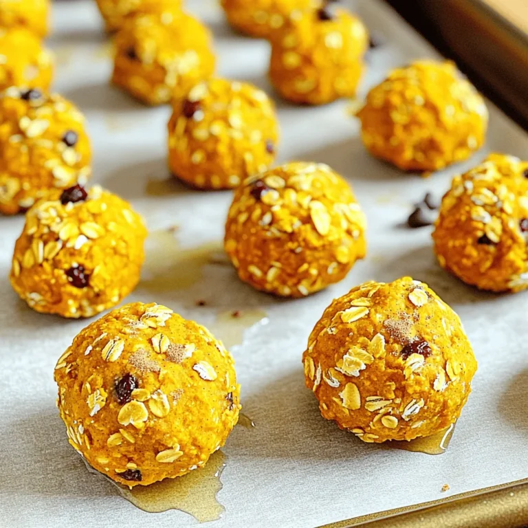 - 1 cup rolled oats - 1/2 cup almond butter (or peanut butter) - 1/2 cup canned pumpkin puree - 1/4 cup honey or maple syrup - 1 teaspoon pumpkin pie spice - 1/2 teaspoon vanilla extract - 1/4 cup ground flaxseed - 1/4 cup chocolate chips or dried cranberries (optional) - Pinch of salt Making these pumpkin spice energy bites is simple. Each ingredient adds flavor and nutrition. 1. Rolled oats serve as the base. They provide fiber and help keep you full. 2. Almond butter (or peanut butter) adds healthy fats and protein. This makes the bites creamy and rich. 3. Canned pumpkin puree gives the bites their signature flavor. It is packed with vitamins too. 4. Honey or maple syrup adds just the right touch of sweetness. Choose what you like best. 5. Pumpkin pie spice brings warmth. It adds a cozy, fall flavor to each bite. 6. Vanilla extract enhances the overall taste. It makes everything taste better. 7. Ground flaxseed boosts the fiber content. It also adds a slight nutty flavor. 8. Chocolate chips or dried cranberries are optional. They add sweetness and a fun texture. 9. A pinch of salt balances the flavors. It lifts the taste of every ingredient. You can swap out some ingredients based on what you have or like. - For nut butters, you could use sunflower seed butter or cashew butter. These still provide good fats. - If you want to change sweeteners, try agave syrup. It has a similar taste to honey. - You can also add mix-ins like chopped nuts, seeds, or coconut flakes. These add crunch and flavor. Feel free to get creative! These bites are a blank canvas for your taste buds. 1. Mixing the base ingredients: Grab a large mixing bowl. Add 1 cup of rolled oats, 1/2 cup of almond butter, and 1/2 cup of canned pumpkin puree. Pour in 1/4 cup of honey or maple syrup. Mix these ingredients well until smooth. 2. Stirring in spices and optional mix-ins: Next, sprinkle in 1 teaspoon of pumpkin pie spice and 1/2 teaspoon of vanilla extract. Add 1/4 cup of ground flaxseed and a pinch of salt. Stir everything until it's well blended. If you like, fold in 1/4 cup of chocolate chips or dried cranberries for extra flavor. 3. Chilling the mixture for easier handling: Place the bowl in the fridge. Chill the mixture for about 30 minutes. This helps the mixture firm up and makes it easier to shape. 1. Shaping the bites: Once chilled, take the mixture out of the fridge. Use your hands to form small balls, about 1 inch in size. You can make them bigger or smaller, but this size is just right for a quick snack. 2. Properly storing for maximum freshness: Line a baking sheet with parchment paper. Place the energy bites on the sheet. If you prefer, you can store them in an airtight container. They stay fresh in the fridge for up to 1 week. You can also freeze them for up to 3 months. Enjoy your healthy snack anytime! To get the best texture for your energy bites, follow these tips. First, use rolled oats, as they give a hearty feel. Next, ensure your nut butter is smooth and creamy. It helps bind the mixture well. If you want the bites to hold together, the right balance of wet and dry is key. Measuring your ingredients before mixing is a smart move. This way, you can adjust if needed. If the mix is too dry, add a bit more pumpkin puree or nut butter. If too wet, add more oats or flaxseed. Spices can really make your energy bites pop. Besides pumpkin pie spice, try adding cinnamon or nutmeg for warmth. You can also add a dash of ginger for a zingy flavor. Mix-ins can change the game. Chocolate chips add sweetness. Dried cranberries give a nice chew. You can even try seeds or nuts for crunch. For sweetness, adjust the honey or maple syrup. If you prefer less sugar, use less sweetener or swap for mashed banana. This keeps the taste yummy without too much sugar. {{image_2}} You can make these energy bites fit your diet. For vegan pumpkin spice energy bites, simply swap honey for maple syrup. This keeps the bites sweet while making them fully vegan. Use almond or peanut butter as your base. Both options work well with pumpkin and spices. For gluten-free variations, stick with gluten-free rolled oats. They keep the texture nice and chewy. The other ingredients are naturally gluten-free, so you can enjoy these bites without worry. Changing up spices can give a fresh twist. Try adding cinnamon or nutmeg for extra warmth. You can also use ginger for a spicy kick. These seasonal variations add a fun touch to your bites. To mix it up further, use different nut butters. Cashew or sunflower seed butter can give unique flavors. You can also switch sweeteners. Brown rice syrup or agave nectar can work well. These changes make your energy bites exciting and new each time! To keep your pumpkin spice energy bites fresh, place them in an airtight container. You can store them in the refrigerator for up to one week. This cool space helps maintain the texture and taste. If you want to save them longer, freezing is a great option. To freeze, simply place the energy bites in a single layer on a baking sheet. Once frozen, transfer them to a freezer-safe bag or container. They can last in the freezer for about three months. The shelf life of your energy bites depends on the ingredients used. Rolled oats and pumpkin puree are stable, but honey and nut butter can spoil over time. Always check for signs of spoilage. If the energy bites smell sour or have an odd color, it’s best to discard them. A soft texture is normal, but if they feel wet or sticky, they may not be safe to eat. Storing them properly will help keep them tasty and healthy. How long can you keep pumpkin spice energy bites? You can keep pumpkin spice energy bites in the fridge for up to one week. They stay fresh and tasty when stored in an airtight container. If you freeze them, they can last for three months. Just thaw them in the fridge before eating. Can I substitute other ingredients? Yes, you can substitute many ingredients. If you do not have almond butter, use peanut butter or sunflower seed butter. You can swap honey for maple syrup, too. If you want a different flavor, try adding cinnamon instead of pumpkin pie spice. Are pumpkin spice energy bites healthy? Yes, these bites are healthy! They are packed with oats, flaxseed, and pumpkin. Oats provide fiber, while flaxseed adds omega-3 fatty acids. The pumpkin gives vitamins and minerals. Just watch the sweetener you use to keep them nutritious. Can I make these without nut butter? Absolutely! You can use alternatives like sunflower seed butter or tahini. If you prefer a nut-free option, coconut oil can also work. Just make sure the mixture still binds well. A little extra pumpkin puree can help with texture. These pumpkin spice energy bites are easy to make and full of flavor. You learned about their simple ingredients, preparation steps, and helpful tips for the best results. Don't hesitate to try different mixes or adapt them to your diet needs. Store them well to keep them fresh, and enjoy this tasty snack anytime. With this recipe, you can create a treat that is both healthy and delicious. Enjoy your cooking journey and feel free to share these bites with others!