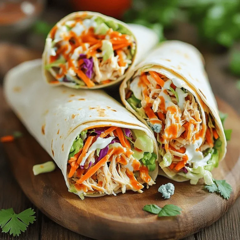 - 2 cups cooked chicken, shredded - 1/2 cup hot sauce (like Frank's RedHot) - 4 large flour tortillas - 1 cup shredded lettuce - 1 medium carrot, shredded - 1/2 cup red cabbage, finely shredded - 1/2 cup ranch dressing - 1/4 cup blue cheese crumbles (optional) - Salt and pepper to taste - Fresh parsley for garnish (optional) To create these tasty buffalo chicken wraps, you need a mix of fresh and cooked ingredients. First, you need the chicken. Shredded chicken makes it easy to mix with hot sauce. I suggest using Frank's RedHot for its excellent flavor. The tortillas hold everything together, so choose large ones. Next, you want crunch and color from the veggies. Shredded lettuce, carrots, and red cabbage add both. The ranch dressing ties it all together, adding creaminess. If you like blue cheese, sprinkle some crumbles in too. Lastly, don't forget salt and pepper to enhance the taste. Adding fresh parsley as a garnish gives a nice touch. It makes your wraps look great and adds a bit of flavor. Enjoy gathering these ingredients! - Combine shredded chicken and hot sauce: In a medium bowl, take your cooked chicken. Pour in the hot sauce. Mix well until the chicken is fully coated. This adds great flavor. - Prepare ranch slaw: In a large bowl, combine the shredded lettuce, shredded carrot, and finely shredded red cabbage. Add the ranch dressing and mix it all together. If you like, toss in blue cheese crumbles. Season with a bit of salt and pepper to taste. This slaw adds crunch and coolness to the wraps. - Warm tortillas: Heat a dry skillet over medium heat. Place the tortillas in the skillet for about 30 seconds on each side. You want them warm and flexible. This makes it easier to roll without tearing. - Assemble buffalo chicken wraps: Take a warmed tortilla and place a generous scoop of the buffalo chicken mixture in the center. Top it with a handful of the ranch slaw. - Fold and roll the tortillas: Fold the sides of the tortilla inwards. Then, start rolling it up from the bottom. Make sure to encase the filling tightly. This keeps everything inside. - Slice for serving: After rolling, slice the wraps in half diagonally. This makes them easier to eat and looks nice on a plate. Enjoy your delicious buffalo chicken wraps! How to ensure chicken stays moist? To keep chicken moist, use cooked chicken that is tender. Shred it finely. Mixing it with hot sauce adds flavor and moisture. Don't overcook the chicken when warming it in the pan. Best practices for warming tortillas? Warm tortillas in a dry skillet over medium heat. Heat each side for about 30 seconds. This makes them soft and easy to roll. You can also wrap them in a damp paper towel and microwave for 15-20 seconds. Pairing ideas for sides and beverages? Buffalo chicken wraps pair well with carrot sticks and celery. You can serve them with a side of ranch dip. For drinks, try a light beer or lemonade. These options balance the spicy heat. Presentation tips for a visually appealing dish? Slice wraps in half diagonally for a nice look. Arrange them on a colorful plate. Garnish with fresh parsley for a pop of color. Use a small bowl for extra ranch dressing on the side. {{image_2}} You can easily modify this dish to fit your diet. To make it gluten-free, use gluten-free tortillas. These are widely available in stores. They taste great and hold the filling well. If you want to skip meat, try plant-based chicken. Many brands offer tasty, shredded options. Just mix the plant-based chicken with hot sauce like you would with real chicken. Looking to change the heat level? You have options! Use different hot sauces for varied spice. Try sriracha for a sweet, spicy kick. You can also use a milder sauce if you prefer less heat. Additional toppings can enhance your wrap. Consider adding sliced avocado for creaminess. You can also add diced tomatoes for freshness. Some people love adding pickles for a tangy crunch. Be creative and make it your own! To store your buffalo chicken wraps, wrap them tightly in plastic wrap or foil. This keeps them fresh. You can also place them in an airtight container. This method prevents moisture loss. Store the wraps in the fridge. They can stay good for up to three days. After that, the chicken may dry out. When you're ready to eat your wraps, reheating is key. Use the oven for the best results. Preheat the oven to 350°F (175°C). Wrap the buffalo chicken wrap in foil to keep it moist. Heat for about 10-15 minutes. If you prefer the microwave, place the wrap on a microwave-safe plate. Heat it for about 30-45 seconds. Check to see if it’s hot throughout. Microwaving can make the wrap a bit soggy. So, the oven is often a better choice. Enjoy your delicious wraps! No, you should not use raw chicken. This recipe needs cooked chicken. Cooking the chicken first is key to food safety. Shredded rotisserie chicken works great for this wrap. It saves time and adds flavor. Making ranch dressing is easy and quick. Mix these ingredients in a bowl: - 1/2 cup mayonnaise - 1/2 cup sour cream - 1 tablespoon dried dill - 1 tablespoon garlic powder - 1 teaspoon onion powder - Salt and pepper to taste Stir well until smooth. You can add buttermilk for a thinner texture. Let it chill in the fridge for a bit for better flavor. Yes, you can make these wraps ahead of time. Just prepare the chicken and slaw. Wrap them tightly in plastic wrap. They can stay in the fridge for up to a day. When ready to eat, warm them up in a skillet. This keeps them fresh and tasty. You can customize these wraps easily. Here are some ideas: - Use different hot sauces for varied heat. - Add veggies like bell peppers or cucumbers for crunch. - Swap ranch dressing for blue cheese dressing if you like. - Mix in avocado for creaminess or add pickles for tang. Feel free to get creative! You learned how to make delicious buffalo chicken wraps. We covered ingredients, steps, and tips. You can customize these wraps to fit your taste. Remember to store leftovers properly and reheat them so they stay tasty. These wraps are fun to make and great for sharing. I hope you try this recipe soon and enjoy every bite!