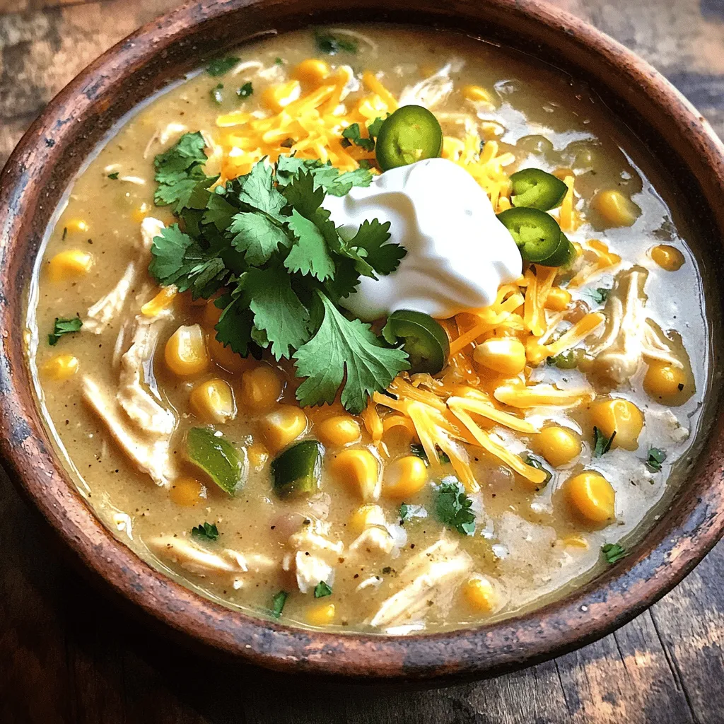 To make this delicious slow cooker creamy white chicken chili, you'll need the following ingredients: - Chicken and Beans - 1 lb boneless, skinless chicken breasts - 1 can (15 oz) great northern beans, rinsed and drained - Vegetables and Seasonings - 1 can (4 oz) diced green chilies - 1 medium onion, diced - 3 cloves garlic, minced - 1 cup corn (frozen or canned) - 2 cups chicken broth - 1 teaspoon cumin - 1 teaspoon chili powder - ½ teaspoon cayenne pepper (adjust to taste) - Salt and pepper, to taste - Dairy Components - 1 cup cream cheese, cubed - 1 cup shredded Monterey Jack cheese - Fresh cilantro, for garnish (optional) Each ingredient plays a key role in creating a rich and creamy chili. The chicken provides protein and heartiness. The beans add texture and fiber. Vegetables bring flavor and nutrients, while spices create warmth and depth. Finally, the cheeses add creaminess and richness. Enjoy gathering these simple yet essential ingredients for your chili masterpiece! Layering Ingredients in Slow Cooker Start by placing the chicken breasts at the bottom of your slow cooker. This helps them cook evenly. Next, add the great northern beans, diced green chilies, onion, garlic, and corn. Make sure the chicken is covered by the other ingredients. This helps the flavors mix well. Pour in the chicken broth, then sprinkle cumin, chili powder, cayenne pepper, salt, and pepper over everything. Finally, stir gently to combine. Cooking Time and Settings Cover your slow cooker and set it to low for 6-7 hours or high for 3-4 hours. The chicken should be fully cooked and tender. If you have time, the low setting is best for flavor. It allows all the spices to blend nicely. Shredding Chicken and Adding Dairy After the cooking time, carefully remove the chicken breasts. Use two forks to shred the chicken into bite-sized pieces. Return the shredded chicken to the slow cooker. Now, add the cubed cream cheese and shredded Monterey Jack cheese. Stir until the cheeses melt into a creamy mix. This adds richness to your chili. Let it cook for another 15-20 minutes to let the flavors meld. Taste and adjust seasoning if needed. Serve hot with cilantro on top for a fresh touch. Choosing the Right Cheese For the best creamy white chicken chili, I love using Monterey Jack cheese. It melts well and adds a rich flavor. Cream cheese also helps give the chili a smooth texture. Use both for a creamy blend. You can swap Monterey Jack with cheddar for a sharper taste. Try different cheeses to find your favorite mix. Adjusting Spices for Flavor Spices can change the flavor of your chili. Start with cumin and chili powder. If you like heat, add cayenne pepper. I suggest starting with a half teaspoon. Taste your chili before adding more spice. Depending on your taste, you can increase or decrease the cayenne. This way, you make the chili just right for you. Shredding Chicken Technique When the chicken cooks, it becomes tender. To shred it, use two forks. Pull apart the chicken into bite-sized pieces. This method works well and keeps the chicken juicy. After shredding, return the chicken to the pot. Stir it well so the flavors mix. This step makes each bite delicious and full of flavor. {{image_2}} You can swap chicken for turkey or shrimp. These meats add a unique flavor. For a different taste, try cooked sausage or ground beef. They will change the dish but keep it tasty. Great northern beans are great, but you can use other beans. White kidney beans or cannellini beans work well too. If you like a heartier chili, add black beans or pinto beans. Each bean gives a new texture and taste. To make this dish vegetarian, leave out the chicken. Use vegetable broth instead of chicken broth. You can add more beans or even tofu for protein. For a vegan version, use vegan cream cheese and cheese. This way, you still have a creamy, satisfying meal. Refrigeration Guidelines After you make your chili, let it cool. Then, put it in an airtight container. The chili will stay fresh in the fridge for up to four days. You can enjoy it for lunch or dinner any day! Freezing for Later Use If you want to save some for later, freezing works well. Use a freezer-safe container or a zip-top bag. Make sure to leave some space for expansion. Your chili can last for about three months in the freezer. When you’re ready to eat it, just thaw it in the fridge overnight. Reheating Tips When it's time to eat, reheat the chili on the stove or in the microwave. If using the stove, heat it on low, stirring often. If using the microwave, heat it in short bursts, stirring in between. This helps it warm up evenly. You might want to add a splash of chicken broth if it seems too thick. Enjoy your creamy white chicken chili warm and delicious! Can I use frozen chicken? Yes, you can use frozen chicken. Just add the frozen chicken to the slow cooker. This will not change the taste. The cooking time may be a bit longer. You should cook it on high for about 4-5 hours instead of 3-4 hours. How can I make it spicier? To make your chili spicier, add more cayenne pepper. You can also include diced jalapeños or hot sauce. Start with a little and taste as you go. This way, you can find your perfect level of heat. Is it gluten-free? Yes, this chili is gluten-free. All the ingredients like chicken, beans, and spices do not contain gluten. Just check labels on canned goods. Some brands may add gluten, but most do not. You learned how to make creamy white chicken chili using a slow cooker. We covered the key ingredients, preparation steps, and tips for that perfect texture. Explore variations for different diets and how to store your chili. This dish is easy, tasty, and adaptable. Enjoy making this meal for family and friends. Trust me, you’ll impress everyone with your cooking skills! Always feel free to experiment and make it your own.