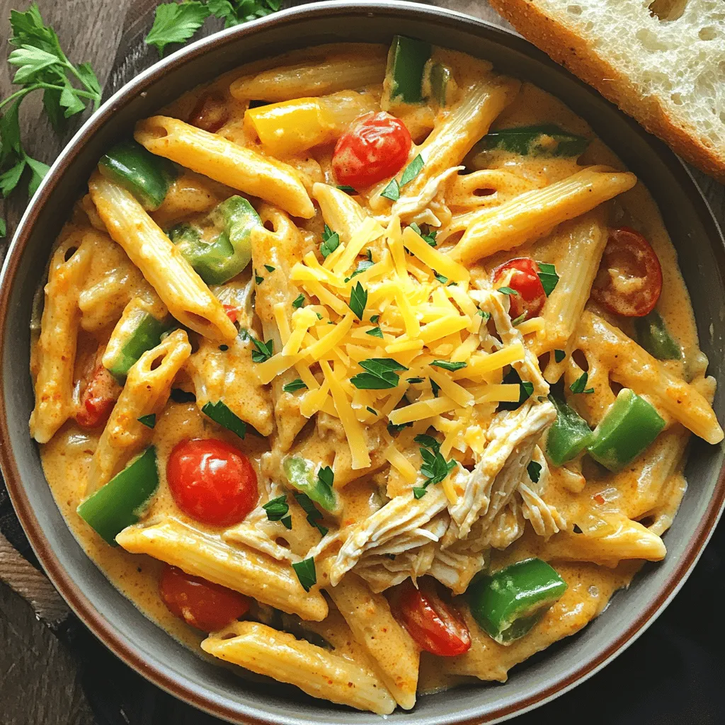 - 12 oz penne pasta: This pasta holds the creamy sauce well. You can swap it for fusilli or rotini if needed. - 2 tablespoons olive oil: Use this for sautéing. You may use vegetable oil as a substitute. - 1 medium onion, diced: It adds sweetness and depth. Shallots can work in a pinch. - 3 cloves garlic, minced: Garlic brings flavor. You can use garlic powder for a milder taste. - 1 red bell pepper, diced: This adds color and sweetness. A yellow bell pepper is a nice swap. - 1 green bell pepper, diced: It gives a slight bitterness. You can replace it with zucchini or spinach. - 1 cup cooked chicken breast, shredded: This adds protein. Feel free to use cooked shrimp instead. - 1 tablespoon Cajun seasoning: This gives the dish its spicy kick. You can mix your own spices if needed. - 1 teaspoon smoked paprika: It adds a smoky flavor. Regular paprika works if you lack smoked. - 2 cups chicken broth: This is the base for cooking pasta. Vegetable broth is a good option for vegetarian needs. - 1 cup heavy cream: It creates creaminess. You can use half-and-half for a lighter version. - 1 cup cherry tomatoes, halved: These add freshness. Regular tomatoes, diced, are also fine. - 1 cup shredded cheddar cheese: Cheddar gives a rich taste. Try Monterey Jack for a different flavor. - Salt and pepper to taste: Essential for seasoning. Always adjust to your liking. - Fresh parsley, chopped (for garnish): This adds a pop of color. Basil can be a nice alternative. Each ingredient plays a key role. The balance of flavors and textures makes this dish special. Use these substitutions based on what you have on hand. Enjoy experimenting with your One-Pot Creamy Cajun Pasta! 1. Heat the oil: Start by heating 2 tablespoons of olive oil in a large pot over medium heat. This step is key for flavor. 2. Cook the onions: Add 1 medium diced onion to the pot. Sauté for 2-3 minutes. You want the onion soft but not brown. 3. Add garlic: Next, stir in 3 minced garlic cloves. Cook for 1 minute until it smells great. 4. Sauté the peppers: Toss in 1 diced red bell pepper and 1 diced green bell pepper. Sauté for another 3-4 minutes. The peppers should be tender at this point. 5. Incorporate chicken: Add 1 cup of shredded cooked chicken to the pot. You could swap this for 1 cup of cooked shrimp instead. 6. Spice it up: Sprinkle in 1 tablespoon of Cajun seasoning and 1 teaspoon of smoked paprika. Stir it well to coat the chicken and veggies. 7. Add broth and pasta: Pour in 2 cups of chicken broth. Bring this to a simmer. Add 12 oz of penne pasta, making sure it is fully submerged. 8. Cook the pasta: Cover the pot and cook for about 10-12 minutes. Stir occasionally until the pasta is al dente and has absorbed most of the broth. 9. Cream it up: Lower the heat, and stir in 1 cup of heavy cream and 1 cup of halved cherry tomatoes. Mix this until everything is blended well. 10. Cheesy goodness: Gradually add in 1 cup of shredded cheddar cheese, stirring until it melts into a creamy sauce. 11. Season to taste: Finally, add salt and pepper to taste. 12. Let it thicken: Remove the pot from heat and let it sit for a couple of minutes. This helps thicken the dish. For a fun twist, try using shrimp instead of chicken. For a vegetarian option, use beans or mushrooms. Both will add great flavor! To get the perfect creamy texture, add heavy cream slowly. Stir well to mix it in. Use full-fat cream for the best results. It helps the dish stay rich and smooth. If you notice it’s too thick, add more chicken broth a little at a time. For adjusting spiciness levels, taste the dish as you go. Start with a small amount of Cajun seasoning. You can always add more later. If it's too spicy, add a bit of sugar or more cream. This can help balance the heat. Serve One-Pot Creamy Cajun Pasta in shallow bowls. Garnish with chopped parsley for a pop of color. A sprinkle of extra cheddar cheese also adds to the look and taste. For a side dish, crusty bread is a great choice. It pairs well and soaks up the creamy sauce. You can also serve a simple green salad with a light vinaigrette. This adds freshness to your meal. {{image_2}} You can change the protein in this dish to suit your taste. Try using sausage for a smoky flavor. Tofu is a great choice for a vegan option. It absorbs flavors well. You can also use shrimp or beef if you like. Each protein adds its unique twist. If you want to make it vegetarian, skip the meat entirely. Add extra bell peppers or mushrooms instead for a hearty meal. You can enhance the flavor with more spices or herbs. Consider adding cayenne pepper for heat. Fresh basil or thyme can brighten the dish. For more veggies, toss in some spinach or zucchini. This dish is very flexible, allowing you to mix in what you love. You can also add a squeeze of lemon for a fresh finish. A dash of Worcestershire sauce adds depth too. Experiment with these options to find your favorite blend. To keep your One-Pot Creamy Cajun Pasta fresh, store it in the fridge. Use an airtight container to prevent it from drying out. This dish stays good for about 3 to 4 days. If you want to save it longer, freeze the pasta. Place it in a freezer-safe container or a heavy-duty freezer bag. It can last for up to 2 months in the freezer. When it’s time to enjoy your leftovers, you have a few options. The best way to reheat is on the stove. Place the pasta in a pan over low heat. Add a splash of chicken broth or cream to keep it creamy. Stir it often until it’s hot. You can also use the microwave. Put the pasta in a microwave-safe bowl. Cover it with a damp paper towel and heat for 1-2 minutes. Stir halfway through. If it seems dry, add a bit more cream or broth to revive that creamy goodness. Yes, you can make this dish ahead. Cook it, then cool it down. Store it in the fridge for up to three days. When ready, reheat gently on the stove. Add a splash of cream to keep it creamy. If you lack Cajun seasoning, mix your own. Combine paprika, cayenne, garlic powder, and onion powder. Use equal parts to get a nice flavor. Adjust the spice to your taste. To spice it up, add more Cajun seasoning or a pinch of red pepper flakes. For a milder dish, reduce the seasoning. You can also use less smoked paprika, which adds depth without too much heat. Absolutely! While penne works great, you can use any pasta shape. Fusilli or rotini will hold the sauce well. Just adjust cooking time based on the pasta you choose. Yes, you can make this dish gluten-free. Use gluten-free pasta instead of regular penne. The cooking method remains the same, ensuring you enjoy all the creamy flavors. This blog post outlined a delicious One-Pot Creamy Cajun Pasta recipe. We covered ingredients, step-by-step cooking instructions, and helpful tips. You learned about variations with different proteins and flavors. I also shared storage tips to keep your leftovers fresh. Making this dish is easy and fun, whether you stick to the recipe or get creative. Enjoy cooking and savoring your meal!