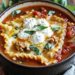 - 1 lb ground beef or turkey - 1 medium onion, diced - 3 cloves garlic, minced - 1 can (28 oz) crushed tomatoes - 1 can (15 oz) tomato sauce In this cozy dish, the main ingredients set the stage for flavor. You can use either ground beef or turkey. Each option gives a rich taste to the soup. Diced onion and minced garlic add depth. They bring sweetness and warmth. Crushed tomatoes and tomato sauce create the base. They give the soup a hearty feel. - 4 cups beef or vegetable broth - 2 teaspoons Italian seasoning - 1 teaspoon sugar - Salt and pepper, to taste The broth is key to a great soup. You can use beef or vegetable broth, depending on what you like. Italian seasoning brings in classic flavors. A little sugar balances the acidity of tomatoes. Don’t forget to add salt and pepper to taste. These seasonings tie all the flavors together. - 8 oz uncooked lasagna noodles, broken into pieces - 1 cup ricotta cheese - 2 cups shredded mozzarella cheese Now for the fun part! The uncooked lasagna noodles add heartiness. Breaking them into pieces helps them cook well in the soup. Ricotta cheese offers creaminess and a touch of luxury. Shredded mozzarella gives that melty goodness. It turns this soup into a warm hug in a bowl. - Browning the ground meat Start by heating a large skillet over medium heat. Add the ground beef or turkey. Cook until browned. This should take about 5 to 7 minutes. Drain any extra fat. - Sautéing onions and garlic Next, add the diced onion and minced garlic to the skillet. Stir and cook until the onion turns clear. This will take about 3 to 4 minutes. The smell will be amazing! - Transferring the mixture and adding liquids Now, transfer the meat mixture to your slow cooker. Add the crushed tomatoes, broth, and tomato sauce. Then, sprinkle in the Italian seasoning, sugar, salt, and pepper. Mix everything well. - Cooking instructions (low and high settings) Cover the slow cooker. Set it to cook on low for 6 hours or on high for 3 hours. This will let all the flavors blend nicely. - Adding lasagna noodles About 30 minutes before you plan to serve, stir in the broken lasagna noodles. Cover again and let it cook until the noodles are soft. - Incorporating cheeses and garnishing Once the noodles are cooked, add dollops of ricotta cheese. Then, sprinkle the shredded mozzarella on top. Cover and let this sit for 5 to 10 minutes to melt the cheese. Before serving, give it a gentle stir and top with fresh basil for a nice touch. To make your lasagna soup truly shine, you can play with spices. Add more Italian seasoning for a bolder taste. If you like it sweeter, toss in a bit more sugar. Taste as you go to find what you love. To enhance the broth's richness, consider using homemade stock. Store-bought broth works, but homemade adds depth. You can also simmer the soup longer for a more robust flavor. Every slow cooker is different. If yours runs hot, check the soup sooner. For a milder cooker, you may need to add more time. Watch for bubbles and steam to know it’s cooking well. Signs that your soup is ready include tender noodles and melted cheese. If the noodles are soft and the cheese is gooey, you are good to go. When serving, ladle the soup into deep bowls. Top with extra mozzarella and a basil leaf for a fresh look. This adds a nice touch and enhances the flavor. For a complete meal, serve the soup with crusty bread. A side salad also pairs well. This makes your meal hearty and satisfying. {{image_2}} You can make this soup vegetarian by using plant-based ground meat. Look for brands that mimic the taste of beef or turkey. These options work well and keep the flavor rich. You can also add more vegetables to boost nutrition and flavor. Try adding zucchini, bell peppers, or mushrooms. They will soak up the tasty broth. For a gluten-free version, use alternative noodles. Rice noodles or gluten-free pasta work great in this soup. Be sure to check the labels for gluten-free ingredients. You may also need to substitute the broth and sauces. Look for gluten-free vegetable broth and tomato sauces to keep it safe for those with gluten sensitivities. Want to make your soup even better? Consider adding spinach or kale. These greens not only add color but also pack in extra nutrients. You can stir them in about 10 minutes before serving. Another option is to incorporate different cheeses. Try using gouda or parmesan for a unique twist. Mixing cheeses can create a creamier texture and richer taste. To store your cozy lasagna soup, use airtight containers. Glass containers work well since they are easy to clean. Let the soup cool before sealing. This helps keep the flavors fresh. Place the soup in the fridge if you plan to eat it soon. It stays good for about three to four days. If you want to save some soup for later, freezing is a great option. Use freezer-safe containers or bags for best results. Make sure to leave some space at the top, as the soup may expand. Label the containers with the date. When you are ready to eat, take it out of the freezer. Thaw it overnight in the fridge. Reheat it in a pot on medium heat until hot. In the fridge, your lasagna soup can last about three to four days. In the freezer, it can stay fresh for up to three months. Before eating, always check for signs of spoilage. Look for off smells or changes in color. If anything seems off, it's best to toss it. Always prioritize your safety when enjoying leftovers. Yes, you can make this soup ahead of time. To prepare in advance, follow these steps: - Cook the soup as directed. - Let it cool to room temperature. - Store it in airtight containers in the fridge. - Reheat on the stove or in the microwave. Ensure it is hot throughout before serving. This soup tastes even better the next day as the flavors meld. If you need a substitute for ricotta cheese, try these options: - Cottage cheese offers a similar texture. - Cream cheese can work for a richer taste. - Mascarpone cheese is another creamy option. Mix these alternatives well before adding them to the soup. To serve more people, scale the ingredients easily: - For each extra serving, add about 1/4 lb of meat. - Increase the broth by 1 cup for every two servings. - Adjust the other ingredients accordingly, keeping the ratios balanced. This way, you can enjoy cozy lasagna soup at your next gathering! You now have a clear guide to making cozy slow cooker lasagna soup. You learned about the key ingredients, cooking steps, and how to adjust flavors. Consider the variations for different diets, like vegetarian or gluten-free. Don’t forget storage tips to keep leftovers fresh. This recipe is simple and perfect for any gathering. Enjoy creating this dish that warms both body and soul. I hope this soup becomes a favorite in your home. You can always tweak it to make it your own!