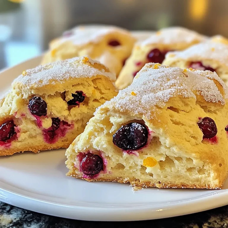 - 2 cups all-purpose flour - 1/4 cup granulated sugar - 1 tablespoon baking powder - 1/2 teaspoon salt - 1/2 cup unsalted butter, cold and cubed - 3/4 cup dried cranberries - Zest of 1 large orange - 1/2 cup heavy cream - 1 large egg - 1 teaspoon vanilla extract - 1/4 cup coarse sugar for topping When you measure flour, spoon it into your cup and level it off. This way, you avoid packing it down. For sugar, use the same method. Baking powder and salt should be measured using a measuring spoon, ensuring you level off the top. These steps help you get the right amounts for your scones. If you need a gluten-free option, swap the all-purpose flour for a gluten-free blend. For dairy-free scones, use coconut cream instead of heavy cream and vegan butter instead of unsalted butter. You can also replace the egg with a flax egg (1 tablespoon ground flaxseed mixed with 2.5 tablespoons water). Adjust these ingredients to fit your needs while keeping the flavors bright. First, preheat your oven to 400°F (200°C). This step is key for baking. While the oven heats, line a baking sheet with parchment paper. This prevents the scones from sticking. In a large bowl, add 2 cups of all-purpose flour. Then, pour in 1/4 cup of granulated sugar, 1 tablespoon of baking powder, and 1/2 teaspoon of salt. Use a whisk to mix these dry ingredients well. This ensures the baking powder works evenly. In another bowl, whisk together 1/2 cup of heavy cream, 1 large egg, and 1 teaspoon of vanilla extract. Mix until you see no egg streaks. This liquid mix adds moisture and flavor to your scones. Next, combine the dry and wet mixtures. Pour the liquid into the dry mix. Stir gently until it just comes together. The dough should be sticky but not too wet. Turn the dough onto a floured surface. Knead it gently a few times. Form it into a circle about 1-inch thick. Use a sharp knife to cut this circle into 8 equal wedges. Place the cut scones on your prepared baking sheet. Sprinkle 1/4 cup of coarse sugar on top for a nice crunch. Bake for 18 to 20 minutes. They should be golden brown and firm. A toothpick should come out clean when inserted into the center. Let them cool for a few minutes before moving them to a wire rack. To get the best texture, keep your butter cold. Cold butter creates flaky layers in your scones. When you mix the butter into the flour, it should look like coarse crumbs. Avoid overmixing the dough. Mix until just combined; a sticky dough is good. You can boost the flavor in many ways. Adding a bit of cinnamon or nutmeg gives warmth. For extra tang, try adding a splash of fresh orange juice to the cream mixture. A little almond extract can also add a nice twist. Experiment to find what you love! Watch out for these common mistakes. First, don’t skip the zest. It adds bright flavor. Second, be careful with the mixing. Overmixing will make the scones tough. Lastly, ensure your oven is preheated. This helps the scones rise properly and bake evenly. {{image_2}} You can add different flavors to your scones. Try using chopped nuts like walnuts or pecans. They give a nice crunch. You can also use chocolate chips for a sweeter treat. Mix in some dried apricots or cherries for a fruity twist. Each add-in changes the taste and feel of the scone. If you want to switch things up, try lemon instead of orange. Just use lemon zest in place of the orange zest. Lemon adds a bright and zesty flavor. You can also mix in some poppy seeds for a nice texture. For a richer flavor, consider adding mini chocolate chips. They melt slightly and make each bite special. You can make these scones gluten-free easily. Use a good gluten-free flour blend. Look for one that has xantham gum in it. This helps the scones hold together. You may also need to adjust the liquid a bit. Add a little more cream if the dough feels too dry. Enjoy the same great taste without the gluten! To keep your scones fresh, store them in an airtight container. Use parchment paper to separate layers. This helps to keep them from sticking together. Place the container in a cool, dry place. They will stay fresh for up to three days. If you want to enjoy them longer, consider freezing them. When you're ready to eat your scones, preheat your oven to 350°F (175°C). Place the scones on a baking sheet. Heat them for about 10 minutes. This will bring back their warm, soft texture. You can also use a microwave. Heat them for about 20 to 30 seconds. Just be careful not to make them too hot. To freeze your scones, wrap each one in plastic wrap. Then, place them in a freezer bag. They can stay in the freezer for up to three months. When you're ready to bake them, you can bake from frozen. Just add a few extra minutes to the baking time. Enjoy your fresh scones anytime! The scones are done when they turn golden brown. You can check by inserting a toothpick into the center. If it comes out clean, they are ready. Baking time is about 18 to 20 minutes. Yes, you can use fresh cranberries. They will add a tart flavor. However, fresh cranberries can make the scones wetter. If you use fresh, consider reducing the cream a bit. Cranberry orange scones pair well with many items. Serve them warm with butter or jam. You can also add a simple orange glaze made of powdered sugar and orange juice. Tea or coffee makes a nice drink choice too. This blog post covered key ingredients, step-by-step instructions, and useful tips for baking scones. We discussed how to measure accurately and substitute ingredients for dietary needs. You also learned important baking techniques and how to avoid common errors. Finally, we explored variations and storage methods to keep your scones fresh. With this knowledge, you can create tasty scones that suit your taste and needs. Happy baking!