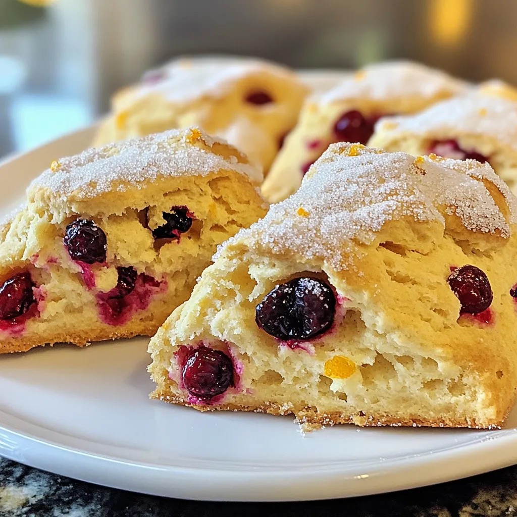 - 2 cups all-purpose flour - 1/4 cup granulated sugar - 1 tablespoon baking powder - 1/2 teaspoon salt - 1/2 cup unsalted butter, cold and cubed - 3/4 cup dried cranberries - Zest of 1 large orange - 1/2 cup heavy cream - 1 large egg - 1 teaspoon vanilla extract - 1/4 cup coarse sugar for topping When you measure flour, spoon it into your cup and level it off. This way, you avoid packing it down. For sugar, use the same method. Baking powder and salt should be measured using a measuring spoon, ensuring you level off the top. These steps help you get the right amounts for your scones. If you need a gluten-free option, swap the all-purpose flour for a gluten-free blend. For dairy-free scones, use coconut cream instead of heavy cream and vegan butter instead of unsalted butter. You can also replace the egg with a flax egg (1 tablespoon ground flaxseed mixed with 2.5 tablespoons water). Adjust these ingredients to fit your needs while keeping the flavors bright. First, preheat your oven to 400°F (200°C). This step is key for baking. While the oven heats, line a baking sheet with parchment paper. This prevents the scones from sticking. In a large bowl, add 2 cups of all-purpose flour. Then, pour in 1/4 cup of granulated sugar, 1 tablespoon of baking powder, and 1/2 teaspoon of salt. Use a whisk to mix these dry ingredients well. This ensures the baking powder works evenly. In another bowl, whisk together 1/2 cup of heavy cream, 1 large egg, and 1 teaspoon of vanilla extract. Mix until you see no egg streaks. This liquid mix adds moisture and flavor to your scones. Next, combine the dry and wet mixtures. Pour the liquid into the dry mix. Stir gently until it just comes together. The dough should be sticky but not too wet. Turn the dough onto a floured surface. Knead it gently a few times. Form it into a circle about 1-inch thick. Use a sharp knife to cut this circle into 8 equal wedges. Place the cut scones on your prepared baking sheet. Sprinkle 1/4 cup of coarse sugar on top for a nice crunch. Bake for 18 to 20 minutes. They should be golden brown and firm. A toothpick should come out clean when inserted into the center. Let them cool for a few minutes before moving them to a wire rack. To get the best texture, keep your butter cold. Cold butter creates flaky layers in your scones. When you mix the butter into the flour, it should look like coarse crumbs. Avoid overmixing the dough. Mix until just combined; a sticky dough is good. You can boost the flavor in many ways. Adding a bit of cinnamon or nutmeg gives warmth. For extra tang, try adding a splash of fresh orange juice to the cream mixture. A little almond extract can also add a nice twist. Experiment to find what you love! Watch out for these common mistakes. First, don’t skip the zest. It adds bright flavor. Second, be careful with the mixing. Overmixing will make the scones tough. Lastly, ensure your oven is preheated. This helps the scones rise properly and bake evenly. {{image_2}} You can add different flavors to your scones. Try using chopped nuts like walnuts or pecans. They give a nice crunch. You can also use chocolate chips for a sweeter treat. Mix in some dried apricots or cherries for a fruity twist. Each add-in changes the taste and feel of the scone. If you want to switch things up, try lemon instead of orange. Just use lemon zest in place of the orange zest. Lemon adds a bright and zesty flavor. You can also mix in some poppy seeds for a nice texture. For a richer flavor, consider adding mini chocolate chips. They melt slightly and make each bite special. You can make these scones gluten-free easily. Use a good gluten-free flour blend. Look for one that has xantham gum in it. This helps the scones hold together. You may also need to adjust the liquid a bit. Add a little more cream if the dough feels too dry. Enjoy the same great taste without the gluten! To keep your scones fresh, store them in an airtight container. Use parchment paper to separate layers. This helps to keep them from sticking together. Place the container in a cool, dry place. They will stay fresh for up to three days. If you want to enjoy them longer, consider freezing them. When you're ready to eat your scones, preheat your oven to 350°F (175°C). Place the scones on a baking sheet. Heat them for about 10 minutes. This will bring back their warm, soft texture. You can also use a microwave. Heat them for about 20 to 30 seconds. Just be careful not to make them too hot. To freeze your scones, wrap each one in plastic wrap. Then, place them in a freezer bag. They can stay in the freezer for up to three months. When you're ready to bake them, you can bake from frozen. Just add a few extra minutes to the baking time. Enjoy your fresh scones anytime! The scones are done when they turn golden brown. You can check by inserting a toothpick into the center. If it comes out clean, they are ready. Baking time is about 18 to 20 minutes. Yes, you can use fresh cranberries. They will add a tart flavor. However, fresh cranberries can make the scones wetter. If you use fresh, consider reducing the cream a bit. Cranberry orange scones pair well with many items. Serve them warm with butter or jam. You can also add a simple orange glaze made of powdered sugar and orange juice. Tea or coffee makes a nice drink choice too. This blog post covered key ingredients, step-by-step instructions, and useful tips for baking scones. We discussed how to measure accurately and substitute ingredients for dietary needs. You also learned important baking techniques and how to avoid common errors. Finally, we explored variations and storage methods to keep your scones fresh. With this knowledge, you can create tasty scones that suit your taste and needs. Happy baking!