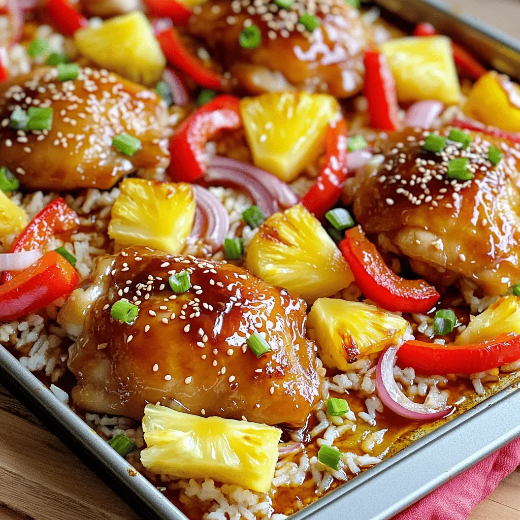 - 4 boneless, skinless chicken thighs - 1 cup fresh pineapple chunks - 1 bell pepper (red or yellow), sliced - 1 medium red onion, sliced - ½ cup teriyaki sauce (homemade or store-bought) - 2 tablespoons olive oil - 2 cloves garlic, minced - 1 teaspoon grated fresh ginger - ½ teaspoon black pepper - Garnishes: 2 green onions, thinly sliced; sesame seeds - Cooked rice - Quinoa options Using these simple ingredients, you create a dish full of flavor. The chicken thighs bring juiciness, while the pineapple adds a sweet twist. Bell peppers and red onion add color and crunch. This dish is quick, easy, and perfect for busy nights. I love marinating the chicken to enhance the taste. The teriyaki sauce combines perfectly with garlic and ginger. This mix brings out the best in each ingredient. After baking, the chicken gets a nice glaze. The veggies become tender and flavorful. You can serve this on rice or quinoa for a filling meal. The dish is both healthy and tasty. Plus, the bright colors make it appealing. Your family will love it! 1. Preheat your oven to 425°F (220°C). This helps cook the chicken evenly. 2. In a bowl, mix ½ cup of teriyaki sauce, 2 tablespoons of olive oil, 2 minced garlic cloves, 1 teaspoon of grated ginger, and ½ teaspoon of black pepper. This sauce adds great flavor. 3. Place the 4 chicken thighs in a large bowl or zip-top bag. Pour the marinade over the chicken. Make sure each piece is well-coated. Let it marinate for at least 15 minutes. If you have more time, let it sit for up to 2 hours. 1. Take a large sheet pan. Arrange the marinated chicken thighs in the center. 2. Surround the chicken with 1 sliced bell pepper, 1 medium sliced red onion, and 1 cup of fresh pineapple chunks. This mix makes the dish colorful and tasty. 3. Drizzle any leftover marinade over the vegetables and pineapple. 4. Bake in the preheated oven for 25–30 minutes. The chicken should reach an internal temperature of 165°F (74°C), and the veggies should be tender. 1. Once cooked, take the sheet pan out of the oven. Let it rest for 5 minutes. This helps keep the chicken juicy. 2. Serve the chicken, pineapple, and veggies over cooked rice or quinoa. Drizzle with the reserved teriyaki sauce. Sprinkle with sliced green onions and sesame seeds for extra flavor and crunch. - Marinate the chicken for at least 15 minutes. - For deeper flavor, marinate up to 2 hours. - Use a zip-top bag for easy coating. - Make sure to coat each piece well. Marination is key for flavor. The longer you marinate, the better the taste. You can mix the teriyaki sauce with garlic and ginger before adding it to the chicken. This adds layers of flavor. - Arrange chicken evenly on the sheet pan. - Place vegetables around the chicken for even cooking. - Bake at 425°F for 25-30 minutes. - Check chicken for 165°F internal temperature. Even cooking is important. If chicken pieces are too close, they may steam instead of bake. Use a meat thermometer to ensure doneness. Adjust cooking time if your chicken thighs are larger. - Garnish with green onions and sesame seeds. - Serve over a bed of rice or quinoa. - Arrange chicken, pineapple, and veggies neatly. - Drizzle with reserved teriyaki sauce before serving. A great presentation can make the meal more inviting. Use a colorful plate to showcase the vibrant vegetables. This adds visual appeal to your dish. People eat with their eyes first! {{image_2}} You can swap chicken thighs for other proteins. Tofu works great for a vegan twist. Chicken breast is another option if you prefer leaner meat. You can also change up the vegetables. Use seasonal veggies like zucchini or asparagus. This keeps the dish fresh and fun. You can choose between homemade and store-bought teriyaki sauce. Making your own gives you more control over flavor. Store-bought is quick and easy for busy nights. Want some heat? Add chili flakes or sriracha for a spicy kick. You can even mix in a bit of honey for sweetness. While I love the sheet pan method, you can also grill or use the stovetop. Grilling adds a nice char to the chicken. If you prefer slow cooking, this dish works well too. Just let everything simmer until the chicken is tender and full of flavor. To store leftovers, place the chicken and veggies in an airtight container. Make sure to cool them down first. This way, they stay fresh for up to three days. For reheating, use a microwave or oven. Heat until warm, about two to three minutes in the microwave. If using the oven, set it to 350°F (175°C) and heat for 10-15 minutes. You can freeze cooked Pineapple Teriyaki Chicken. Just let it cool completely. Then, place it in a freezer-safe bag and remove all the air. It can last up to three months in the freezer. For thawing, move it to the fridge overnight. You can also use the microwave to defrost it on a low setting. In the fridge, Pineapple Teriyaki Chicken lasts about three days. In the freezer, it keeps well for about three months. Eating it within these times ensures the best taste and safety. Can I use frozen chicken? Yes, you can use frozen chicken. Just remember to thaw it first. Thawed chicken cooks evenly and absorbs the marinade better. If using frozen chicken, marinate it overnight for the best flavor. Is there a gluten-free teriyaki sauce option? Yes, many brands offer gluten-free teriyaki sauce. Look for sauces made with tamari instead of soy sauce. You can also make your own with gluten-free ingredients. What temperature should chicken be cooked to? The chicken should reach an internal temperature of 165°F (74°C). Use a meat thermometer for accuracy. This ensures the chicken is safe to eat and juicy. How can I make this dish spicier? Add red pepper flakes or a splash of hot sauce to the marinade. You can also use spicy teriyaki sauce if you like more heat. Adjust the amount to fit your taste. What goes well with Pineapple Teriyaki Chicken? Serve this dish with cooked rice or quinoa. Steamed broccoli or snap peas also pair nicely. They add color and nutrition to your meal. Can I serve this dish cold? Yes, you can serve Pineapple Teriyaki Chicken cold. It makes a tasty salad topping or a cold meal option. Store any leftovers in the fridge for up to three days. This blog post shared how to make delicious Pineapple Teriyaki Chicken. You learned about the key ingredients and how to prepare them. I provided tips on marinating and cooking for the best flavor. You also saw fun variations to explore and easy storage methods. Pineapple Teriyaki Chicken is simple, healthy, and full of taste. I hope you try these ideas and enjoy your meal. Cooking can be fun and you can impress anyone with this dish!