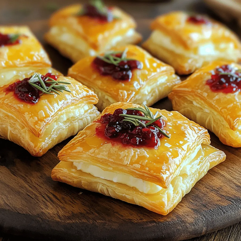 - 1 sheet of puff pastry, thawed - 8 oz wheel of Brie cheese - 1 cup cranberry sauce (homemade or store-bought) - 1 tablespoon fresh rosemary, finely chopped - 1 egg, beaten (for egg wash) - 1 tablespoon honey (optional for drizzling) - Flour (for dusting surface) The heart of these bites lies in the ingredients. Puff pastry is light and flaky. It creates a perfect shell for the creamy Brie. Brie cheese brings a rich flavor that melts beautifully. Cranberry sauce adds a sweet and tart touch. It balances the cheese well. Fresh rosemary gives a nice herbal note. This mix of flavors creates a delight in every bite. You can add an egg wash for a golden crust. This step makes the bites look shiny. Drizzling honey can add sweetness. It’s not necessary, but it’s a fun twist. Dusting flour on your surface helps prevent sticking. It makes rolling out the pastry easier, too. Every ingredient plays a role, so choose quality items for the best taste. Enjoy crafting these bites! First, preheat your oven to 400°F (200°C). This helps the pastry cook evenly. Next, lightly dust your work surface with flour. Roll out the puff pastry sheet until it is smooth. Cut the pastry into 2-inch squares. You should have enough squares to make all your bites. Take each square and place about a teaspoon of cranberry sauce in the center. Cut the Brie cheese into small cubes, about 1 inch each. Place one cube on top of the cranberry sauce. Now, sprinkle some finely chopped rosemary over the cheese. This adds a nice flavor. Fold the corners of each pastry square over the filling. Pinch the seams to seal them well. Arrange your sealed bites on a baking sheet lined with parchment paper. Brush the tops with the beaten egg for a shiny finish. If you like, drizzle a bit of honey on top for sweetness. Bake them in the oven for 15 to 18 minutes. They should puff up and turn golden brown. Once done, let them cool for a few minutes before serving. To avoid soggy bottoms, always use a hot oven. Preheat your oven to 400°F (200°C) before baking. This helps the pastry cook fast. Place the bites on parchment paper to keep them crisp. For a flaky texture, roll your puff pastry out gently. Dust your surface with a little flour to prevent sticking. Keep the dough cold until you fill it. Warm dough does not puff as well. Serve these bites warm for the best taste. They are great as a starter or snack. Place them on a nice platter to impress your guests. Pair these bites with drinks like sparkling wine or cider. They also go well with a light salad on the side. The sweet cranberry and creamy Brie mix well with fresh flavors. You can prepare these bites in advance for parties. Assemble them and keep them in the fridge for up to a day. This saves time when guests arrive. For leftovers, freeze the baked bites. Place them in an airtight container for best results. When ready to eat, bake them straight from the freezer; no need to thaw. {{image_2}} You can make these bites even more fun! Try adding nuts or fresh fruit. - Nuts: Chopped walnuts or pecans add a nice crunch. Just sprinkle them on top of the Brie. - Fruit: Thinly sliced apples or pears work great with the cheese and cranberry. You can also swap out the Brie for other cheeses. Creamy goat cheese or sharp cheddar can change the flavor. If you are gluten-free, use gluten-free puff pastry. Many brands offer good options. For a vegan version, try plant-based cheese. Look for soft vegan cheese that melts well. You can still enjoy these bites without dairy! To keep your Cranberry Brie Puff Pastry Bites fresh, store them in an airtight container. Place parchment paper between layers to avoid sticking. If you have many bites, divide them into smaller portions. This helps you grab just what you need without opening the whole container. Keep them in the fridge for up to three days. You can reheat these bites in two ways: the oven or the microwave. For the best results, use the oven. Preheat it to 350°F (175°C). Place the bites on a baking sheet and heat for about 10 minutes. This keeps the pastry crispy. If you choose the microwave, heat one bite at a time for about 30 seconds. This method is faster but may make the pastry a bit softer. Always check to see if they are warm enough. Enjoy these bites just as much as when they were fresh! Yes, you can use store-bought cranberry sauce. It saves time and still tastes great. Just pick a brand you like. This makes your bites quick and easy. If you want, try homemade sauce for a fresh twist. The sweet and tangy flavor works well with Brie cheese. Cranberry Brie Puff Pastry Bites can last about three days in the fridge. Make sure to store them in an airtight container. This keeps them fresh and tasty. When you are ready to eat them, just reheat in the oven. They will regain their crispness. Yes, you can skip the egg wash if you prefer. The bites will still taste good, but they may not be as golden. You can brush them with milk or water instead. This will help add some shine. Just remember, the egg wash gives a nice finish! These Cranberry Brie Puff Pastry Bites are easy and tasty. We explored the key ingredients, from puff pastry to fresh rosemary. I shared steps to prepare, assemble, and bake them perfectly. Tips for texture and serving ideas will help you impress. Try variations to suit your taste or dietary needs. Don’t forget the best ways to store and reheat leftovers. Enjoy making these bites for your next gathering; they are sure to be a hit!